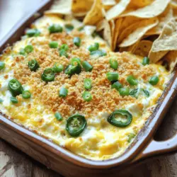 To make a delicious Jalapeño Popper Dip, gather these main ingredients: - 8 oz cream cheese, softened - 1 cup sharp cheddar cheese, shredded - 1 cup mozzarella cheese, shredded - 1/2 cup mayonnaise - 1/2 cup sour cream - 2-3 fresh jalapeños, seeded and diced - 1/4 cup green onions, sliced - 1 teaspoon garlic powder - 1 teaspoon onion powder - Salt and pepper to taste - 1/2 cup Panko breadcrumbs - 2 tablespoons olive oil Each ingredient plays a key role. The cream cheese gives the dip a rich base. The cheddar and mozzarella add flavor and creaminess. The jalapeños bring a kick, while the green onions add freshness. You can enhance your dip by adding optional ingredients. Here are some ideas: - Cooked bacon bits for a smoky flavor - Diced tomatoes for added freshness - A splash of hot sauce for more heat - Chopped cilantro for a fresh twist These additions can help you tailor the dip to your tastes. Feel free to experiment with what you have on hand. If you have dietary needs, don’t worry. You can easily adjust the recipe. Here are some substitutions: - Use vegan cream cheese for a plant-based option. - Substitute Greek yogurt for sour cream to cut calories. - Swap Panko breadcrumbs with crushed cornflakes for crunch. These substitutions can help everyone enjoy this tasty dish. Just remember to adjust your seasonings after making changes. You can find the full recipe in the complete guide to crafting this delightful dip! To make this dip, start by gathering your ingredients. You’ll need: - 8 oz cream cheese, softened - 1 cup sharp cheddar cheese, shredded - 1 cup mozzarella cheese, shredded - 1/2 cup mayonnaise - 1/2 cup sour cream - 2-3 fresh jalapeños, seeded and diced - 1/4 cup green onions, sliced - 1 teaspoon garlic powder - 1 teaspoon onion powder - Salt and pepper to taste - 1/2 cup Panko breadcrumbs - 2 tablespoons olive oil First, preheat your oven to 350°F (175°C). This step is key for a nice bake. In a large bowl, mix the softened cream cheese, sharp cheddar, mozzarella, mayonnaise, and sour cream. Use a fork or spatula to blend everything until smooth. Next, add the diced jalapeños, green onions, garlic powder, and onion powder. Stir well, and don’t forget to season with salt and pepper. This mix is where the magic starts. Transfer your creamy mixture into a baking dish. Spread it evenly so it cooks well. In a small bowl, mix the Panko breadcrumbs with olive oil until they are coated. This will give your dip a crunchy top. Sprinkle the breadcrumb mix over the dip. Now, it's time to bake! Place the dish in the oven for 25-30 minutes. You want it hot and bubbly, with a golden brown crust on top. Keep an eye on it as it cooks. Once baked, let the dip cool for a few minutes. This helps prevent burns while eating. Serve it warm, garnished with more green onions and fresh jalapeño slices. For dipping, offer tortilla chips or sliced baguette. These pair perfectly with the dip's creamy and spicy flavors. Check out the Full Recipe for more details on this tasty treat. Enjoy your party snack! To craft the best jalapeño popper dip, start with quality ingredients. Use fresh jalapeños for a bright flavor. Mix cream cheese until it's very smooth. This makes the dip creamy. Combine all cheeses for a tasty blend. Sharp cheddar adds a bold kick, while mozzarella gives a nice pull. Don't skip the garlic and onion powder; they enhance the flavor. Bake until the dip is hot and bubbly. The Panko topping should turn golden brown. This gives a nice crunch. Serve it warm, and watch it disappear fast! One common mistake is not softening the cream cheese. If it’s cold, your dip won’t mix well. Also, be careful not to use too many jalapeños. Adjust based on your spice preference. Too many can overwhelm the dish. Finally, don’t rush the baking. Let it bake long enough for the flavors to meld. You can make this dip ahead of time. Prepare it up to the baking step and store it in the fridge. When you’re ready, just pop it in the oven. This saves time when hosting. It also allows the flavors to develop more. Just remember to add the Panko topping right before baking for the best crunch. For the full recipe, check out the entire section on Jalapeño Popper Dip! {{image_2}} If you love heat, you can amp up the spice in your dip. Use more jalapeños, or try adding diced habaneros. You can also mix in a dash of hot sauce for an extra kick. Chipotle peppers in adobo sauce add a rich, smoky flavor. These spicy versions will please any heat lover at your party. For a vegetarian twist, keep the dip creamy and savory without meat. Use roasted red peppers or sun-dried tomatoes for added flavor. You can also add black beans for texture and protein. This keeps the dip filling and tasty while sticking to plant-based ingredients. Experiment with different cheeses to change the flavor. Creamy goat cheese or tangy feta adds a nice touch. You can also blend in some blue cheese for a bold taste. Try adding fresh herbs like cilantro or parsley for brightness. Each variation offers a new way to enjoy this dip. For the full recipe, check the earlier section. To keep your Jalapeño Popper Dip fresh, let it cool first. Then, place it in an airtight container. Make sure to seal it well. Store it in the fridge for up to three days. This dip tastes best when eaten soon but can last a bit longer if stored right. When you're ready to enjoy leftovers, preheat your oven to 350°F (175°C). Transfer the dip to an oven-safe dish. Cover it with foil to help it heat evenly. Bake for about 15-20 minutes, or until hot and bubbly. You can also microwave it. Heat in short bursts of 30 seconds. Stir in between to avoid hot spots. You can freeze Jalapeño Popper Dip, but it may change texture. If you wish to freeze it, place it in a freezer-safe container. It can last for up to two months in the freezer. To thaw, move it to the fridge overnight before reheating. Enjoy your tasty dip anytime with these simple storage tips! You can serve Jalapeño Popper Dip with many tasty options. Here are some ideas: - Tortilla chips - Sliced baguette - Vegetable sticks like carrots and celery - Crackers - Pita chips These pair well and add crunch. You can also add extra toppings, like sliced green onions or fresh jalapeños, for a fresh look. Yes, you can make this dip ahead of time. Prepare it fully and store it in the fridge. Just cover it well to keep it fresh. When you’re ready, bake it as directed in the Full Recipe. This way, it saves you time on party day. The spice level of Jalapeño Popper Dip depends on the jalapeños you use. If you want it mild, remove the seeds and membranes of the jalapeños. For more heat, leave them in or add extra jalapeños. You can also try using pickled jalapeños for a tangy twist. Adjust the spice to fit your taste! Jalapeño popper dip is a fun and tasty dish. We explored its main and optional ingredients, so you can customize your dip. I shared easy steps for preparation, cooking, and serving. You learned tips to avoid mistakes and make the best dip ever. We also looked at fun variations, storage tips, and answered common questions. Now, grab your ingredients and enjoy making this delicious dip at home. You won't regret it!