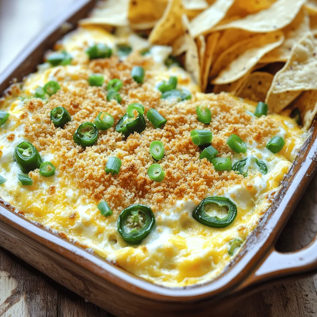 To make a delicious Jalapeño Popper Dip, gather these main ingredients: - 8 oz cream cheese, softened - 1 cup sharp cheddar cheese, shredded - 1 cup mozzarella cheese, shredded - 1/2 cup mayonnaise - 1/2 cup sour cream - 2-3 fresh jalapeños, seeded and diced - 1/4 cup green onions, sliced - 1 teaspoon garlic powder - 1 teaspoon onion powder - Salt and pepper to taste - 1/2 cup Panko breadcrumbs - 2 tablespoons olive oil Each ingredient plays a key role. The cream cheese gives the dip a rich base. The cheddar and mozzarella add flavor and creaminess. The jalapeños bring a kick, while the green onions add freshness. You can enhance your dip by adding optional ingredients. Here are some ideas: - Cooked bacon bits for a smoky flavor - Diced tomatoes for added freshness - A splash of hot sauce for more heat - Chopped cilantro for a fresh twist These additions can help you tailor the dip to your tastes. Feel free to experiment with what you have on hand. If you have dietary needs, don’t worry. You can easily adjust the recipe. Here are some substitutions: - Use vegan cream cheese for a plant-based option. - Substitute Greek yogurt for sour cream to cut calories. - Swap Panko breadcrumbs with crushed cornflakes for crunch. These substitutions can help everyone enjoy this tasty dish. Just remember to adjust your seasonings after making changes. You can find the full recipe in the complete guide to crafting this delightful dip! To make this dip, start by gathering your ingredients. You’ll need: - 8 oz cream cheese, softened - 1 cup sharp cheddar cheese, shredded - 1 cup mozzarella cheese, shredded - 1/2 cup mayonnaise - 1/2 cup sour cream - 2-3 fresh jalapeños, seeded and diced - 1/4 cup green onions, sliced - 1 teaspoon garlic powder - 1 teaspoon onion powder - Salt and pepper to taste - 1/2 cup Panko breadcrumbs - 2 tablespoons olive oil First, preheat your oven to 350°F (175°C). This step is key for a nice bake. In a large bowl, mix the softened cream cheese, sharp cheddar, mozzarella, mayonnaise, and sour cream. Use a fork or spatula to blend everything until smooth. Next, add the diced jalapeños, green onions, garlic powder, and onion powder. Stir well, and don’t forget to season with salt and pepper. This mix is where the magic starts. Transfer your creamy mixture into a baking dish. Spread it evenly so it cooks well. In a small bowl, mix the Panko breadcrumbs with olive oil until they are coated. This will give your dip a crunchy top. Sprinkle the breadcrumb mix over the dip. Now, it's time to bake! Place the dish in the oven for 25-30 minutes. You want it hot and bubbly, with a golden brown crust on top. Keep an eye on it as it cooks. Once baked, let the dip cool for a few minutes. This helps prevent burns while eating. Serve it warm, garnished with more green onions and fresh jalapeño slices. For dipping, offer tortilla chips or sliced baguette. These pair perfectly with the dip's creamy and spicy flavors. Check out the Full Recipe for more details on this tasty treat. Enjoy your party snack! To craft the best jalapeño popper dip, start with quality ingredients. Use fresh jalapeños for a bright flavor. Mix cream cheese until it's very smooth. This makes the dip creamy. Combine all cheeses for a tasty blend. Sharp cheddar adds a bold kick, while mozzarella gives a nice pull. Don't skip the garlic and onion powder; they enhance the flavor. Bake until the dip is hot and bubbly. The Panko topping should turn golden brown. This gives a nice crunch. Serve it warm, and watch it disappear fast! One common mistake is not softening the cream cheese. If it’s cold, your dip won’t mix well. Also, be careful not to use too many jalapeños. Adjust based on your spice preference. Too many can overwhelm the dish. Finally, don’t rush the baking. Let it bake long enough for the flavors to meld. You can make this dip ahead of time. Prepare it up to the baking step and store it in the fridge. When you’re ready, just pop it in the oven. This saves time when hosting. It also allows the flavors to develop more. Just remember to add the Panko topping right before baking for the best crunch. For the full recipe, check out the entire section on Jalapeño Popper Dip! {{image_2}} If you love heat, you can amp up the spice in your dip. Use more jalapeños, or try adding diced habaneros. You can also mix in a dash of hot sauce for an extra kick. Chipotle peppers in adobo sauce add a rich, smoky flavor. These spicy versions will please any heat lover at your party. For a vegetarian twist, keep the dip creamy and savory without meat. Use roasted red peppers or sun-dried tomatoes for added flavor. You can also add black beans for texture and protein. This keeps the dip filling and tasty while sticking to plant-based ingredients. Experiment with different cheeses to change the flavor. Creamy goat cheese or tangy feta adds a nice touch. You can also blend in some blue cheese for a bold taste. Try adding fresh herbs like cilantro or parsley for brightness. Each variation offers a new way to enjoy this dip. For the full recipe, check the earlier section. To keep your Jalapeño Popper Dip fresh, let it cool first. Then, place it in an airtight container. Make sure to seal it well. Store it in the fridge for up to three days. This dip tastes best when eaten soon but can last a bit longer if stored right. When you're ready to enjoy leftovers, preheat your oven to 350°F (175°C). Transfer the dip to an oven-safe dish. Cover it with foil to help it heat evenly. Bake for about 15-20 minutes, or until hot and bubbly. You can also microwave it. Heat in short bursts of 30 seconds. Stir in between to avoid hot spots. You can freeze Jalapeño Popper Dip, but it may change texture. If you wish to freeze it, place it in a freezer-safe container. It can last for up to two months in the freezer. To thaw, move it to the fridge overnight before reheating. Enjoy your tasty dip anytime with these simple storage tips! You can serve Jalapeño Popper Dip with many tasty options. Here are some ideas: - Tortilla chips - Sliced baguette - Vegetable sticks like carrots and celery - Crackers - Pita chips These pair well and add crunch. You can also add extra toppings, like sliced green onions or fresh jalapeños, for a fresh look. Yes, you can make this dip ahead of time. Prepare it fully and store it in the fridge. Just cover it well to keep it fresh. When you’re ready, bake it as directed in the Full Recipe. This way, it saves you time on party day. The spice level of Jalapeño Popper Dip depends on the jalapeños you use. If you want it mild, remove the seeds and membranes of the jalapeños. For more heat, leave them in or add extra jalapeños. You can also try using pickled jalapeños for a tangy twist. Adjust the spice to fit your taste! Jalapeño popper dip is a fun and tasty dish. We explored its main and optional ingredients, so you can customize your dip. I shared easy steps for preparation, cooking, and serving. You learned tips to avoid mistakes and make the best dip ever. We also looked at fun variations, storage tips, and answered common questions. Now, grab your ingredients and enjoy making this delicious dip at home. You won't regret it!