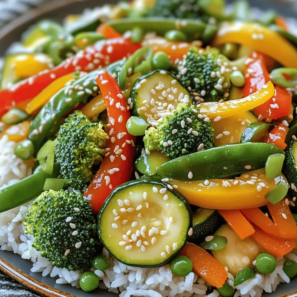 - 1 cup broccoli florets - 1 red bell pepper, sliced - 1 yellow bell pepper, sliced - 1 carrot, julienned - 1 cup snap peas - 1 zucchini, sliced - 1 cup baby corn, halved Fresh vegetables add color and taste to your stir fry. Broccoli florets bring crunch and health. Bell peppers add sweetness and brightness. Carrots offer a mild earthiness. Snap peas add a nice snap and fresh taste. Zucchini gives a soft texture. Baby corn adds a fun bite. - 3 tablespoons soy sauce - 1 tablespoon sesame oil - 1 tablespoon olive oil - 1 tablespoon grated ginger - 3 cloves minced garlic Condiments and oils enhance flavor. Soy sauce provides saltiness and depth. Sesame oil adds a rich, nutty taste. Olive oil is great for cooking. Grated ginger brings warmth and spice. Minced garlic adds a strong aroma and flavor. - 1 teaspoon cornstarch mixed in 2 tablespoons cold water - Salt and pepper to taste - 2 green onions, sliced (for garnish) - Sesame seeds (for garnish) Cornstarch thickens your sauce. It helps coat the veggies nicely. Salt and pepper season your dish perfectly. Green onions add a fresh crunch on top. Sesame seeds provide a nice finish with a slight crunch. Check out the Full Recipe for more details on cooking! Start by washing all your vegetables well. I use cold water to rinse them. This helps remove dirt and any pesticides. Once clean, it’s time to cut. For this stir fry, I recommend cutting the veggies into bite-sized pieces. This makes them cook evenly and quickly. - For the broccoli, cut into small florets. - Slice the bell peppers into thin strips. - Julienne the carrot into thin sticks. - Cut the zucchini into half-moons. - Halve the baby corn for easy eating. - Snap peas can be left whole. This prep makes cooking fast and fun. Having everything ready means you won’t burn anything while chopping. Now, let’s heat the oil. In a large wok or frying pan, pour in the olive oil. Set the heat to medium-high. Once the oil is hot, add the minced garlic and grated ginger. Stir these for about 30 seconds until you smell their aroma. This step builds great flavor. Next, add the broccoli and carrots first. They need a bit more time to cook. Stir fry them for about 2-3 minutes. When they start to soften, add the bell peppers, snap peas, zucchini, and baby corn. Keep stirring for another 4-5 minutes. You want the veggies to stay bright and crunchy. It's time to add flavor. Pour in the soy sauce and sesame oil over the cooked vegetables. Mix well to coat each piece. To thicken the sauce, add the cornstarch mixed with cold water. Stir everything together for about 1-2 minutes. This makes a nice, glossy sauce that clings to the veggies. Finally, taste your stir fry. Add salt and pepper as you like. When ready to serve, transfer the stir fry to a plate. Garnish with sliced green onions and sprinkle sesame seeds on top. This adds a nice touch to your dish. Enjoy the vibrant colors and fresh flavors of your ultimate veggie stir fry! To keep your veggies crunchy, cook them in a hot pan. Aim for high heat to sear them fast. Start with harder vegetables like broccoli and carrots. Cook them for about 2-3 minutes. Then, add softer veggies like bell peppers and zucchini. This method keeps the colors bright and textures crisp. For ideal cooking times, remember that each vegetable cooks at a different rate. Snap peas and baby corn need only 4-5 minutes. Stir often to cook evenly. If you see browning, lower the heat slightly. This way, you avoid burning. For tasty stir fry, add some simple seasonings. A sprinkle of salt and pepper enhances the natural flavors. You can also try chili flakes for heat or a dash of vinegar for tang. Using different sauces adds variety. Try teriyaki sauce instead of soy sauce for a sweeter taste. You can use sesame oil for a nutty flavor. Always mix in your oils and sauces towards the end of cooking to keep the flavors fresh. To make your dish look appealing, arrange the vegetables by color. Start with green broccoli, then add bright red and yellow peppers. This creates a rainbow effect on your plate. Serve your veggie stir fry over fluffy jasmine rice or quinoa. This adds a nice base. Garnish with sliced green onions and a sprinkle of sesame seeds for that extra pop. These small touches make your meal more inviting. For the complete recipe, check out the Full Recipe section. {{image_2}} You can make your veggie stir fry even better by adding protein. Tofu and tempeh are great plant-based choices. They soak up flavors well and add a nice texture. If you prefer meat, chicken works well too. - For tofu: Use firm tofu. Cut it into cubes and press it to remove excess water. Cook it for about 5-7 minutes until golden before adding veggies. - For tempeh: Slice it thin and sauté for 3-4 minutes before mixing it in. - For chicken: Cut it into small pieces. Cook it for 4-5 minutes before adding the veggies. Adjust your cooking times to ensure proteins are cooked through. Feel free to change the veggies based on what’s in season. Seasonal vegetables taste fresher and are often cheaper. - Try asparagus in spring or squash in fall. - Carrots can swap out for bell peppers or snap peas. - You can also add leafy greens. Spinach or kale can wilt nicely into the dish. Adding greens boosts nutrients and adds color to your stir fry. If you need gluten-free options, use gluten-free soy sauce. It has the same great taste but without gluten. - For a low-carb option, skip the baby corn and use extra zucchini instead. - You can also add cauliflower rice as a base to keep it low-carb. These adaptations make it easier for everyone to enjoy this dish. To store leftover stir fry, let it cool first. Place it in an airtight container. This helps keep it fresh. You can store it in the fridge for up to three days. To maintain freshness, make sure the container seals tightly. Avoid adding extra sauce before storing, as it can make the dish soggy. For the best reheating, use a pan on medium heat. Add a splash of water or broth to help steam it. Stir frequently to ensure even heating. This keeps the veggies crunchy. You should reheat for about 5-7 minutes. You can also use a microwave. Heat for 1-2 minutes, stirring halfway through. Make sure it’s hot all the way through before serving. Yes, you can freeze veggie stir fry. To do this, let it cool completely. Transfer it to a freezer-safe container or bag. Remove as much air as possible to prevent freezer burn. It can last up to three months in the freezer. When you want to eat it, thaw it in the fridge overnight. Reheat it on the stove for the best texture. Avoid thawing in the microwave, as it can make it mushy. Enjoy your Ultimate Veggie Stir Fry later! For the full recipe, check out the details above. To reduce oil, use a non-stick pan. Start with less oil than the recipe states. You can also add a splash of vegetable broth or water while cooking. This helps steam the veggies and cuts down on grease. Use a light hand when adding soy sauce. A little goes a long way. Some of the best veggies for stir fry are: - Broccoli florets - Bell peppers - Carrots - Snap peas - Zucchini - Baby corn These veggies bring a nice balance of crunch and flavor. They cook well together and keep their bright colors. Yes, you can use frozen vegetables! They are quick and easy. Just remember they may cook faster than fresh ones. To get the best results, thaw them first. Drain any excess water. Add them to the pan just like fresh veggies. This way, you still get a good stir fry. Stir fry is a healthy choice! It packs in many veggies, which are full of vitamins. The cooking method keeps the nutrients intact. You control the oil and sauce, so you can keep it light. Plus, you can add protein like tofu or chicken for more nutrition. Overall, it’s a tasty way to eat well. For a full recipe, check out Ultimate Veggie Stir Fry. This article walks you through making a great veggie stir fry. We covered fresh vegetables, tasty sauces, and essential oils. You learned how to prep, cook, and serve your stir fry like a pro. Remember to keep veggies crisp and use the right heat. Try swapping in different proteins and veggies for variety. Finally, store, reheat, and even freeze your stir fry properly to keep it fresh. Enjoy your cooking and let your creativity shine in the kitchen!