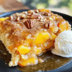 - 2 cans (15 oz each) sliced peaches in syrup, drained - 1 cup fresh or frozen peaches, diced - 1 box yellow cake mix (about 15.25 oz) - 1/2 cup unsalted butter, melted - 1 teaspoon cinnamon - 1 teaspoon vanilla extract - 1/4 cup brown sugar - 1/2 cup chopped pecans (optional) - Whipped cream or vanilla ice cream for serving (optional) For this Peach Cobbler Dump Cake, the ingredients are simple yet flavorful. The sliced peaches bring natural sweetness and juicy texture. I love using both canned and fresh or frozen peaches. This adds depth to the flavor. The yellow cake mix serves as the base. It is easy to use and provides a nice crumb. The melted butter is essential. It makes the cake mix golden and crispy on top. Cinnamon and vanilla extract add warmth and aroma. They create a cozy vibe that makes this dessert feel special. The brown sugar adds a hint of caramel flavor. If you like a bit of crunch, throw in chopped pecans. They add an extra layer of texture. Don't forget the whipped cream or vanilla ice cream. They elevate your serving. The creamy element balances the warm, sweet cake. This combination of ingredients makes each bite a delight. You can find the complete proportions and steps in the Full Recipe. Happy baking! - Preheat your oven to 350°F (175°C). This warms your kitchen and gets the cake ready. - Take a 9x13 inch baking dish and spread the drained canned peaches evenly across the bottom. This gives a sweet base. - In a small bowl, mix together 1/4 cup brown sugar and 1 teaspoon cinnamon. Sprinkle this mix over the peaches. The spices add warmth and depth. - Next, take your box of yellow cake mix and evenly distribute it over the peaches. This forms a great topping. - Drizzle 1/2 cup melted butter over the cake mix. Make sure to soak all parts. If you like, sprinkle 1/2 cup of chopped pecans on top for crunch. - Place the dish in the oven and bake for 35-40 minutes. Look for a golden brown top and bubbling edges. This tells you it's ready! You can find the full recipe in the article. - Ensuring the cake mix is evenly moist: To make sure your cake mix is moist, drizzle the melted butter slowly. Spread it all over the dry mix. This helps every bite be soft and tasty. - Time-saving tips for a quicker prep: Use canned peaches to save time. You can skip the peeling and slicing. Also, measure your ingredients ahead of time. This keeps things quick and smooth. - Baking alternative suggestions: If you want a different flavor, try using a spice cake mix. It adds a warm touch. You can also bake this in a slow cooker for a fun twist. Just set it on low for about 2-3 hours. - Serving suggestions for best flavor: Serve your Peach Cobbler Dump Cake warm. Add a scoop of vanilla ice cream on top. The cold ice cream melts into the warm cake. It creates a lovely mix of flavors. - Garnishing options to enhance aesthetics: For a pretty look, sprinkle some cinnamon on top. A fresh mint leaf adds a nice touch too. You can even drizzle some peach syrup over the ice cream. - Pairing options for a complete dessert experience: This dessert goes well with sweet tea or coffee. Both drinks balance the sweetness of the cake. You can also serve it with a side of fresh fruit for a fresh bite. {{image_2}} You can have fun with flavor by changing the fruit. Try using apples, berries, or cherries. Each fruit adds its own taste. For a spicy touch, add nutmeg or cardamom. These spices bring warmth and depth to the dish. You can also switch the cake mix. A fun option is using chocolate cake mix for a rich twist. Each variation can create a new flavor experience. If you need gluten-free options, many brands offer gluten-free cake mix. These can work well in this recipe. For vegan choices, swap butter for coconut oil and use plant-based milk. You can also replace eggs with applesauce. If sugar is a concern, consider using a low-sugar cake mix. You can also reduce sugar in the fruit layer. These changes keep the dessert tasty while meeting your needs. For the Full Recipe, check the complete details and enjoy this simple yet flavorful delight! To keep your Peach Cobbler Dump Cake fresh, follow these steps: - Refrigeration: Let the cake cool completely. Then, cover it tightly with plastic wrap or aluminum foil. Store it in the fridge for up to 3 days. This helps to keep the flavors rich and fresh. - Freezing: If you want to save some for later, you can freeze it. Cut the cooled cake into portions. Wrap each piece tightly in plastic wrap, then place it in a freezer bag. It can last for up to 3 months in the freezer. When you're ready to eat, let it thaw in the fridge overnight. When it’s time to enjoy your leftovers, use these methods to keep the cake tasty: - Oven Method: Preheat your oven to 350°F (175°C). Place the cake in an oven-safe dish and cover it with foil. Heat for about 15-20 minutes or until warm. This method keeps the texture nice. - Microwave Method: If you're in a hurry, you can use the microwave. Just place a slice on a microwave-safe plate. Heat for 30-45 seconds. Be careful not to overheat, as it can make the cake soggy. For serving after reheating, add a scoop of vanilla ice cream or a dollop of whipped cream. This adds a creamy touch that pairs well with the warm cake. Enjoy your delicious treat! How long does Peach Cobbler Dump Cake last? Peach Cobbler Dump Cake stays fresh for about 3 to 5 days in the fridge. Keep it covered to keep moisture in. You can also freeze it for up to 3 months. Just make sure to wrap it well. Can I use fresh peaches instead of canned? Yes, fresh peaches work great! Use about 1 cup diced fresh peaches. They add a nice, juicy flavor. Just peel them and slice before adding to your dish. Is it necessary to use chopped pecans? No, pecans are optional. They add crunch and richness. If you prefer not to use them, skip this step. Your cobbler will still taste amazing. What to do if the cake mix doesn’t bake properly? If the cake mix is not baking well, check your oven's temperature. An oven thermometer can help. Make sure you spread the mix evenly and cover all the peaches. How to fix a cake that is too dry? If your cobbler turns out dry, try serving it with whipped cream or ice cream. This adds moisture and flavor. For next time, drizzle a little extra butter on top before baking. Why are there bubbles forming around the edges? Bubbles around the edges mean the filling is bubbling up. This is normal and shows it’s cooking well. Just keep an eye on it to avoid burning. This blog post covered how to make a Peach Cobbler Dump Cake. We discussed the ingredients, step-by-step instructions, tips, and variations to enhance your dish. You can use fresh or frozen peaches and customize flavors as you wish. I shared storing and reheating tips so you can enjoy it later. Peach Cobbler Dump Cake is a simple and delicious dessert. With these easy steps, you can impress your family and friends. Get ready to enjoy this sweet treat!