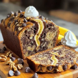 To make chocolate chip banana bread, you need these essential ingredients: - 3 ripe bananas, mashed - 1/2 cup unsalted butter, melted - 1/2 cup brown sugar - 1/4 cup granulated sugar - 2 large eggs These ingredients create a rich, sweet base. The ripe bananas add moisture and flavor. The butter gives it a nice, soft texture. The sugars provide that sweet taste we all love. Next, gather your baking essentials: - 1 teaspoon vanilla extract - 1 teaspoon baking soda - 1/4 teaspoon salt - 1 1/2 cups all-purpose flour - 1/2 cup semi-sweet chocolate chips Vanilla extract adds a warm, comforting scent. Baking soda helps the bread rise, making it fluffy. Salt balances the sweetness. The flour is the main structure, while chocolate chips bring joy in every bite. If you want to add a little crunch, consider these optional ingredients: - 1/4 cup chopped walnuts (optional) Walnuts add texture and a nutty flavor. They also boost the bread's nutritional value. However, if you prefer a nut-free version, feel free to skip them. For the full recipe, don’t forget to check out the Choco-Banana Bliss Bread section above! - Preheat your oven to 350°F (175°C). - Grease a 9x5-inch loaf pan with butter or cooking spray. - In a large bowl, combine the mashed bananas and melted butter. - Add brown sugar and granulated sugar. Mix until smooth. - Incorporate the eggs and vanilla extract. Stir until fully mixed. - Sprinkle the baking soda and salt into the mix. Stir to combine. - Gradually add the flour. Mix until just incorporated; do not overmix. - Gently fold in the chocolate chips and walnuts, if you like. - Pour the batter into the greased loaf pan. - Bake in the oven for 60-70 minutes. - Let it cool in the pan for 10 minutes before transferring to a wire rack. For more detailed instructions, check the Full Recipe. To make the best chocolate chip banana bread, avoid overmixing the batter. This keeps the bread light and fluffy. Mix just until you see the flour. Then, check the doneness with a toothpick. Insert it in the center; if it comes out clean, your bread is ready! Want to boost the flavor? Add a pinch of cinnamon for warmth. It gives a cozy taste that pairs well with bananas. You can also substitute honey for sugars. This adds a different sweetness and depth to your bread. For a delightful presentation, serve the bread warm. Sprinkle extra chocolate chips on top for extra charm. You can also add whipped cream and banana slices as decoration. This makes your dish look fancy and inviting. Enjoy your creation! For the complete baking process, check out the Full Recipe. {{image_2}} You can make this banana bread vegan. First, swap out regular eggs for flax eggs. To make a flax egg, mix one tablespoon of ground flaxseed with three tablespoons of water. Let it sit until it thickens. Next, replace butter with coconut oil. Melt the coconut oil before mixing it in. This keeps your bread moist and adds a nice flavor. For a gluten-free version, replace all-purpose flour with a gluten-free flour blend. Many blends work well for baking. Just make sure all other ingredients are gluten-free too. Check labels carefully when shopping. This way, you can enjoy the same great taste without gluten. You can boost flavor by adding nuts or dried fruits. Chopped walnuts or pecans add a nice crunch. Dried cranberries or raisins bring extra sweetness. You can also play with flavored chocolate chips. Try dark chocolate, mint, or even peanut butter chips. These twists keep the recipe fresh and fun. For the complete recipe, check out the [Full Recipe]. You can store your chocolate chip banana bread at room temperature. Keep it in a covered container. It stays fresh for up to 3 days. This way, you can grab a slice whenever you want a snack. If you want to keep it longer, place it in the fridge. The bread can last for up to a week when stored this way. Make sure to cover it well to keep it moist. To save your chocolate chip banana bread for later, freeze it! Wrap it tightly in plastic wrap. After that, place it in a freezer bag. It can stay good for up to 3 months. When you're ready to enjoy, thaw it in the fridge overnight. This keeps your bread moist and tasty. You can find the full recipe to make this delicious treat! Yes, thaw and mash them before use. Frozen bananas work great. They become very soft, making them easy to mix. This adds a nice, sweet flavor to the bread. A toothpick should come out clean from the center. Insert it into the bread after 60 minutes. If it’s wet or has batter on it, bake a bit longer. This ensures your bread is fluffy and cooked through. Consider using chocolate chunks or double the chocolate chips. This rich chocolate taste makes the bread even more delightful. You can also swirl in some melted chocolate for a fun twist. Make smoothies, pancakes, or banana muffins. Overripe bananas are sweet and perfect for these treats. Using them up this way avoids waste and keeps your kitchen stocked with tasty snacks. Yes, simply omit walnuts or substitute with seeds. This keeps the bread safe for those with nut allergies. You still get a delicious and moist loaf without any nuts. Making chocolate chip banana bread is fun and easy. We covered the key ingredients, step-by-step instructions, and helpful tips. You can customize your loaf with vegan or gluten-free options. Remember to store it properly so it stays fresh. With a few simple changes, you can make this bread your own. Whether you enjoy it warm or cold, this banana bread is sure to please. Now, gather your ingredients and start baking. Enjoy your delicious creation!