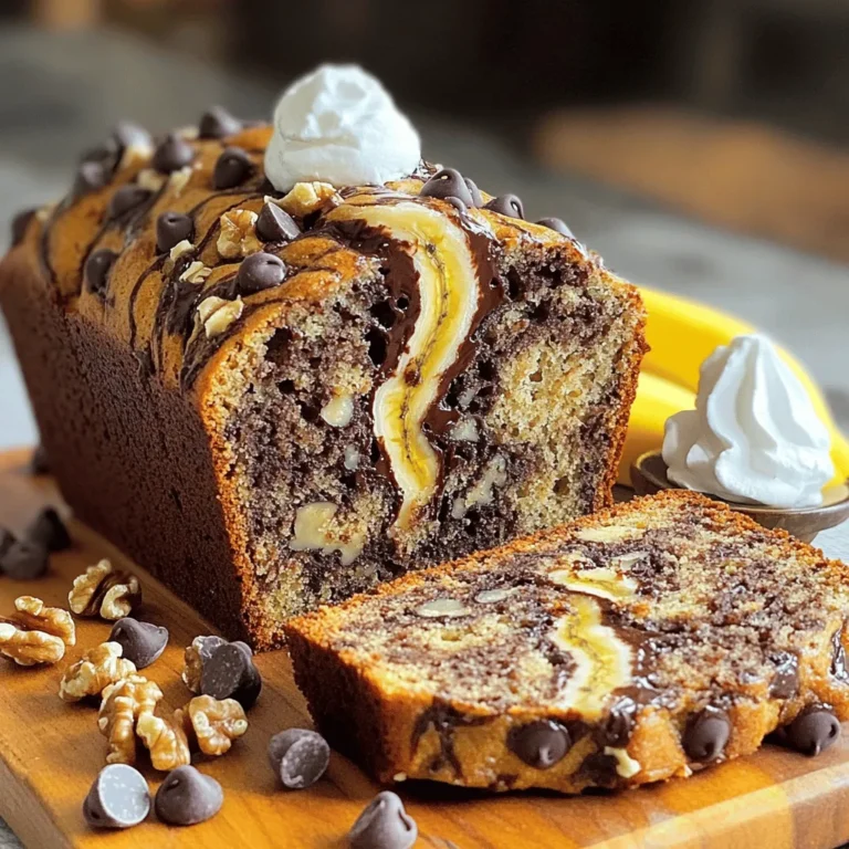 To make chocolate chip banana bread, you need these essential ingredients: - 3 ripe bananas, mashed - 1/2 cup unsalted butter, melted - 1/2 cup brown sugar - 1/4 cup granulated sugar - 2 large eggs These ingredients create a rich, sweet base. The ripe bananas add moisture and flavor. The butter gives it a nice, soft texture. The sugars provide that sweet taste we all love. Next, gather your baking essentials: - 1 teaspoon vanilla extract - 1 teaspoon baking soda - 1/4 teaspoon salt - 1 1/2 cups all-purpose flour - 1/2 cup semi-sweet chocolate chips Vanilla extract adds a warm, comforting scent. Baking soda helps the bread rise, making it fluffy. Salt balances the sweetness. The flour is the main structure, while chocolate chips bring joy in every bite. If you want to add a little crunch, consider these optional ingredients: - 1/4 cup chopped walnuts (optional) Walnuts add texture and a nutty flavor. They also boost the bread's nutritional value. However, if you prefer a nut-free version, feel free to skip them. For the full recipe, don’t forget to check out the Choco-Banana Bliss Bread section above! - Preheat your oven to 350°F (175°C). - Grease a 9x5-inch loaf pan with butter or cooking spray. - In a large bowl, combine the mashed bananas and melted butter. - Add brown sugar and granulated sugar. Mix until smooth. - Incorporate the eggs and vanilla extract. Stir until fully mixed. - Sprinkle the baking soda and salt into the mix. Stir to combine. - Gradually add the flour. Mix until just incorporated; do not overmix. - Gently fold in the chocolate chips and walnuts, if you like. - Pour the batter into the greased loaf pan. - Bake in the oven for 60-70 minutes. - Let it cool in the pan for 10 minutes before transferring to a wire rack. For more detailed instructions, check the Full Recipe. To make the best chocolate chip banana bread, avoid overmixing the batter. This keeps the bread light and fluffy. Mix just until you see the flour. Then, check the doneness with a toothpick. Insert it in the center; if it comes out clean, your bread is ready! Want to boost the flavor? Add a pinch of cinnamon for warmth. It gives a cozy taste that pairs well with bananas. You can also substitute honey for sugars. This adds a different sweetness and depth to your bread. For a delightful presentation, serve the bread warm. Sprinkle extra chocolate chips on top for extra charm. You can also add whipped cream and banana slices as decoration. This makes your dish look fancy and inviting. Enjoy your creation! For the complete baking process, check out the Full Recipe. {{image_2}} You can make this banana bread vegan. First, swap out regular eggs for flax eggs. To make a flax egg, mix one tablespoon of ground flaxseed with three tablespoons of water. Let it sit until it thickens. Next, replace butter with coconut oil. Melt the coconut oil before mixing it in. This keeps your bread moist and adds a nice flavor. For a gluten-free version, replace all-purpose flour with a gluten-free flour blend. Many blends work well for baking. Just make sure all other ingredients are gluten-free too. Check labels carefully when shopping. This way, you can enjoy the same great taste without gluten. You can boost flavor by adding nuts or dried fruits. Chopped walnuts or pecans add a nice crunch. Dried cranberries or raisins bring extra sweetness. You can also play with flavored chocolate chips. Try dark chocolate, mint, or even peanut butter chips. These twists keep the recipe fresh and fun. For the complete recipe, check out the [Full Recipe]. You can store your chocolate chip banana bread at room temperature. Keep it in a covered container. It stays fresh for up to 3 days. This way, you can grab a slice whenever you want a snack. If you want to keep it longer, place it in the fridge. The bread can last for up to a week when stored this way. Make sure to cover it well to keep it moist. To save your chocolate chip banana bread for later, freeze it! Wrap it tightly in plastic wrap. After that, place it in a freezer bag. It can stay good for up to 3 months. When you're ready to enjoy, thaw it in the fridge overnight. This keeps your bread moist and tasty. You can find the full recipe to make this delicious treat! Yes, thaw and mash them before use. Frozen bananas work great. They become very soft, making them easy to mix. This adds a nice, sweet flavor to the bread. A toothpick should come out clean from the center. Insert it into the bread after 60 minutes. If it’s wet or has batter on it, bake a bit longer. This ensures your bread is fluffy and cooked through. Consider using chocolate chunks or double the chocolate chips. This rich chocolate taste makes the bread even more delightful. You can also swirl in some melted chocolate for a fun twist. Make smoothies, pancakes, or banana muffins. Overripe bananas are sweet and perfect for these treats. Using them up this way avoids waste and keeps your kitchen stocked with tasty snacks. Yes, simply omit walnuts or substitute with seeds. This keeps the bread safe for those with nut allergies. You still get a delicious and moist loaf without any nuts. Making chocolate chip banana bread is fun and easy. We covered the key ingredients, step-by-step instructions, and helpful tips. You can customize your loaf with vegan or gluten-free options. Remember to store it properly so it stays fresh. With a few simple changes, you can make this bread your own. Whether you enjoy it warm or cold, this banana bread is sure to please. Now, gather your ingredients and start baking. Enjoy your delicious creation!