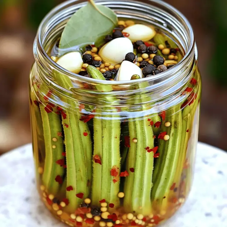 To start, you need 1 pound of fresh okra. Look for pods that are bright green and firm. Fresh okra gives the best crunch and flavor. Next, you need 1 cup of distilled white vinegar and 1 cup of water. The vinegar adds tanginess while the water balances the sour taste. Together, they create a great brine. You’ll also need a few key spices: - 2 tablespoons kosher salt - 1 tablespoon sugar - 3 cloves garlic, peeled and smashed - 1 teaspoon black peppercorns - 1 teaspoon mustard seeds - 1 teaspoon crushed red pepper flakes (adjust for spice preference) - 2 bay leaves These spices add depth and warmth to your pickled okra. The salt helps with preservation, while sugar balances the vinegar’s bite. Garlic, peppercorns, and mustard seeds enhance the flavor. Crushed red pepper flakes can add some heat, depending on your taste. First, wash the okra well under cool running water. This step helps remove dirt. Next, trim the stems. Cut them to about ¼ inch long. This keeps the okra tender and tasty. In a small saucepan, mix the distilled white vinegar, water, kosher salt, and sugar. Heat this mixture over medium heat. Stir it now and then until the salt and sugar dissolve completely. Once done, remove it from heat and let it cool a bit. Grab a clean, sterilized jar for packing. Start by placing the okra in the jar, standing them up. This helps save space. Add the smashed garlic, black peppercorns, mustard seeds, crushed red pepper flakes, and bay leaves among the okra. Then, carefully pour the cooled brine over the okra. Make sure the liquid covers them fully. If you see air bubbles, gently tap the jar. Seal it with a lid and let it cool to room temperature. Finally, refrigerate the jar. Wait at least 24 hours for the best flavor. You can eat them after 6 hours if you want. Enjoy your zesty refrigerator pickled okra! Check the Full Recipe for more details. To keep your pickled okra crispy, choose fresh, firm okra. Look for bright green pods. Avoid any with blemishes or soft spots. Trim the stems to just ¼ inch. This helps the okra stay crunchy while soaking in the brine. Also, pack the okra tightly in the jar. This method creates less space for air, which can lead to sogginess. To boost the taste of your pickled okra, try adding extra spices. You can include dill seeds or coriander seeds for a fresh twist. Feel free to experiment with herbs like thyme or bay leaves. Adding more garlic can also enhance the flavor. Let the okra pickle for at least 24 hours. This time allows the flavors to meld perfectly. For a zesty kick, add a splash of lemon juice before sealing the jar. If you like heat, adjust the crushed red pepper flakes. Start with one teaspoon and add more if desired. Remember, you can always add more spice, but you can't take it out. If you prefer a milder taste, cut back on the red pepper flakes. Adding sugar helps balance out the heat, too. Don't hesitate to taste the brine before pouring it over the okra. This step allows you to find the perfect spice level for your taste. {{image_2}} You can mix in other veggies with your okra. Carrots, cauliflower, and bell peppers work great. Just cut them into pieces that fit your jar. These veggies add color and crunch, making each bite more fun. Switching up the spices can change the taste. Try adding dill for a fresh twist. Or, consider using coriander seeds for a warm flavor. You can also add a slice of lemon or lime for a zesty kick. Always taste as you go to find your perfect mix. You don’t have to stick with white vinegar. Apple cider vinegar gives a sweeter, fruity taste. Rice vinegar can add a milder flavor. Each type of vinegar brings its own flair, so experiment and see what you like best. For more ideas, check out the full recipe. After making your refrigerator pickled okra, store it in the fridge. Keep the jar tightly sealed. This keeps the okra crunchy and fresh. Always use clean utensils when taking some out. This prevents germs from getting in the jar. Pickled okra can last up to three months in the fridge. After that, the flavor and texture may change. I recommend enjoying it within this time frame for the best taste. Remember to check the date on your jar to stay safe. Check your pickled okra for signs of spoilage. If you see any mold or unusual colors, toss it out. If the brine seems cloudy, that can be a sign too. Smell the okra; if it has a bad odor, do not eat it. Your safety is always the top priority! Pickled okra stays fresh in the fridge for up to 3 months. The vinegar helps keep it safe. Always check for any signs of spoilage before eating. You can use frozen okra for pickling, but fresh is best. Frozen okra may lose some crunch. If you do use frozen, thaw it and drain well before pickling. This helps keep the taste good. You can enjoy pickled okra in many ways. It makes a great snack on its own. You can add it to salads for a zesty kick. Try it on sandwiches or in tacos for added flavor. You can even use it in drinks like a Bloody Mary. The options are endless! For the full recipe, check out the Zesty Refrigerator Pickled Okra. In this article, we covered how to make pickled okra from start to finish. We discussed the key ingredients, including fresh okra, vinegar, and spices. You learned easy steps for preparing okra, making the brine, and packing the jars. I also shared tips for crispiness and flavor, along with some fun variations. Remember to follow storage guidelines to keep your pickled okra fresh. Enjoy this tasty treat, and don’t hesitate to experiment with your favorite flavors!