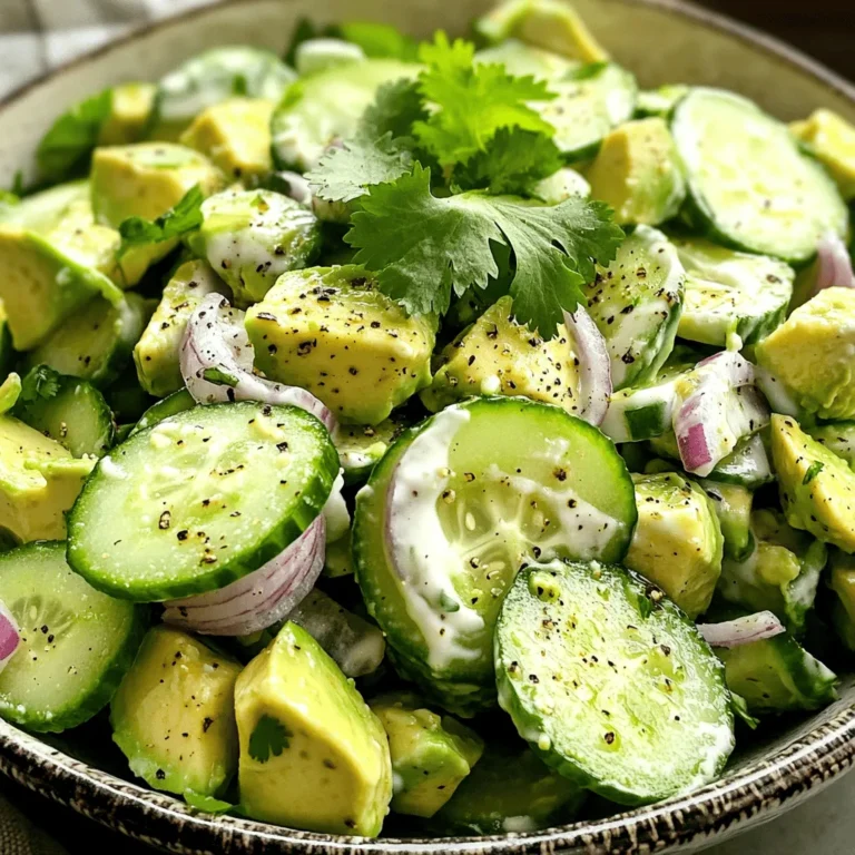 To make this refreshing salad, gather these simple ingredients: - 2 ripe avocados, diced - 1 large cucumber, peeled and sliced thinly - 1/4 cup red onion, finely chopped - 1/2 cup Greek yogurt - 2 tablespoons fresh lime juice - 1 tablespoon olive oil - 1 clove garlic, minced - Salt and black pepper to taste - 1/4 cup fresh cilantro, chopped - Optional: 1/4 teaspoon cayenne pepper for a kick Each ingredient adds value to this salad. - Avocados are rich in healthy fats and fiber. They help keep your heart healthy. - Cucumbers are low in calories and high in water. They keep you hydrated. - Red onion adds flavor and contains antioxidants. They can improve heart health. - Greek yogurt is a great source of protein. It aids in digestion. - Lime juice is full of vitamin C. It boosts your immune system. - Olive oil has healthy fats and can lower cholesterol. - Garlic has anti-inflammatory properties. It can help fight germs. - Cilantro is rich in vitamins and can help with digestion. You can easily swap some ingredients if needed: - Use non-dairy yogurt instead of Greek yogurt for a vegan option. - Try lemon juice instead of lime juice for a different taste. - If you don’t like cilantro, use parsley for a fresh flavor. - For a bit more crunch, add cherry tomatoes or bell peppers. - If you want more protein, mix in cooked chicken or chickpeas. This salad is flexible, so feel free to get creative! Check out the Full Recipe for more details. Start by gathering all your ingredients. You need ripe avocados, cucumber, red onion, Greek yogurt, lime juice, olive oil, garlic, salt, pepper, cilantro, and cayenne pepper if you want some heat. Cut the avocados into small cubes and place them in a large mixing bowl. Next, peel the cucumber and slice it thinly. Add the cucumber slices to the bowl with the avocados. Then, finely chop the red onion and mix it in as well. In a separate small bowl, combine Greek yogurt, fresh lime juice, and olive oil. Then, add minced garlic, salt, and black pepper. Use a whisk to mix everything until it becomes smooth and creamy. If you like a little kick, add cayenne pepper to the dressing. Whisk again to ensure it's well blended. Pour the creamy dressing over the avocado and cucumber mixture. Gently toss everything together until all the ingredients are coated. Taste the salad and adjust the seasoning if needed. If you prefer more salt or lime juice, now is the time to add it. Finally, fold in the chopped cilantro for a burst of freshness. Let the salad chill in the fridge for about 15 minutes. This helps the flavors mix well. Serve the creamy avocado cucumber salad in a nice bowl. You can add extra cilantro on top for a beautiful finish. For the full recipe, check out the detailed instructions above. To make a creamy avocado cucumber salad, you need balance. Use ripe avocados for a smooth texture. The dressing should be rich but not overpowering. Mix the Greek yogurt with lime juice and olive oil well. Taste as you go. Adjust the seasoning, so it sings! Choosing ripe avocados is key. Look for avocados that feel slightly soft when you press them gently. Their skin should be dark green or black. Avoid any that have dark spots or dents. If they are hard, let them ripen on your kitchen counter. This can take a few days. You can speed it up by placing them in a paper bag with a banana. To keep your salad fresh, store it in an airtight container. This prevents browning of the avocado. If you have leftovers, add a little lime juice on top before sealing. This keeps the color bright and the taste fresh. Enjoy your creamy avocado cucumber salad for up to two days in the fridge. For the full recipe, follow the steps outlined above! {{image_2}} You can add protein to make this salad more filling. Grilled chicken works great. Use about one cup of diced chicken. Cook it simply with salt and pepper for flavor. Shrimp is another tasty choice. Cook about one cup of shrimp until pink and firm. Toss the protein into the salad just before serving. This makes it a complete meal that tastes fresh and satisfying. If you want a vegan option, swap Greek yogurt for a plant-based yogurt. Look for brands made from almond or coconut. You can also use mashed avocado to boost creaminess. Blend one extra avocado with lime juice. This gives the salad a rich texture without dairy. You can enjoy the same creamy goodness while keeping it plant-based. Seasonal ingredients can change the salad's flavor. In spring, add fresh peas for a sweet crunch. In summer, try diced tomatoes for juiciness. Fall brings pumpkins; add roasted pumpkin cubes for warmth. Winter is great for adding citrus fruits like oranges. Each season offers unique tastes to keep your salad exciting. You can explore these variations to enjoy this dish all year long. For the full recipe, check out the Creamy Avocado Cucumber Salad. To keep your creamy avocado cucumber salad fresh, store it in an airtight container. Make sure to press out any air before sealing. This helps slow down browning. Place the container in the fridge right after serving. The salad is best within one day, but it can last up to three days. Just remember, the longer it sits, the more the avocados may brown. Each ingredient has a different shelf life. Here’s a quick look: - Avocados: Once cut, they last about one day before browning. - Cucumbers: Whole cucumbers can last one week in the fridge. Once sliced, they should be used within three days. - Red onion: Chopped red onion stays fresh for about one week in the fridge. - Greek yogurt: If unopened, it lasts until the date on the container. Once opened, use it within five to seven days. - Lime juice: Fresh lime juice is best used within three days. Store any leftovers in the fridge. This salad is best served cold. If you prefer it warm, heat it gently in a pan over low heat. Be careful not to overheat, as this will change the texture. However, I recommend enjoying it straight from the fridge. The cool, creamy texture pairs perfectly with the crunch of cucumbers and the zest of lime. You can find the full recipe [here](#). Yes, you can make this salad ahead of time. Prepare it a few hours in advance. Just hold off on adding the cilantro until you’re ready to serve. This keeps the salad fresh and bright. If you store it in the fridge, it will stay tasty for about a day. This salad pairs well with many dishes. Try it with grilled chicken or fish for a healthy meal. You can also serve it with crusty bread or as a side to tacos. It adds a fresh touch to any plate. To add some heat, mix in cayenne pepper. Start with a little, then taste it. You can also add diced jalapeños for a fresh bite. Another option is to serve it with hot sauce on the side. This way, everyone can spice it up to their liking. For the full recipe, check out the details above. The creamy avocado cucumber salad is fresh, tasty, and easy to make. We covered the key ingredients, their health benefits, and simple swaps. I shared step-by-step instructions so you can create this dish without hassle. Remember the tips for ripeness and storage to keep it fresh. You can even add protein or seasonal ingredients for variety. Enjoy serving this dish for lunches or gatherings. It's simple yet impressive on any table. Your taste buds will thank you!