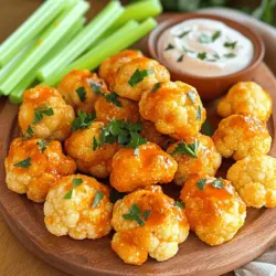 To make Buffalo Cauliflower Bites, you need a few simple ingredients. These will ensure your snack is crispy and packed with flavor. Here’s what you’ll need: - 1 medium head of cauliflower, cut into bite-sized florets - 1 cup all-purpose flour (or gluten-free flour) - 1 cup almond milk (or any non-dairy milk) - 1 teaspoon garlic powder - 1 teaspoon onion powder - 1 teaspoon paprika - 1/2 teaspoon salt - 1/2 teaspoon pepper - 1 cup buffalo sauce (store-bought or homemade) - 2 tablespoons olive oil - Fresh parsley, chopped (for garnish) Using these ingredients helps create a tasty dish. Each item adds its unique flavor. The cauliflower gives a nice crunch, while the buffalo sauce adds heat. Almond milk keeps it creamy without dairy. You can easily switch the flour or milk for your needs. When you gather these ingredients, you set the stage for a wonderful snack. The combination of flavors makes these bites irresistible. You can find the full recipe to make these delicious Buffalo Cauliflower Bites. - Step 1: Preheat oven and prepare baking sheet First, set your oven to 450°F (230°C). This high heat helps to make our bites crispy. Line a baking sheet with parchment paper to prevent sticking. - Step 2: Make the batter In a big bowl, mix 1 cup of flour, 1 teaspoon of garlic powder, 1 teaspoon of onion powder, 1 teaspoon of paprika, 1/2 teaspoon of salt, and 1/2 teaspoon of pepper. Whisk these together. Then, slowly add 1 cup of almond milk while stirring. Keep mixing until the batter is smooth. - Step 3: Coat the cauliflower Take your cauliflower head and cut it into bite-sized florets. Dip each floret into the batter, making sure it gets well-coated. Place the coated florets on the prepared baking sheet. - Step 4: Bake the coated cauliflower Put the baking sheet in your preheated oven. Bake the coated cauliflower for 20-25 minutes until they turn golden and crispy. Flip them halfway through to ensure even cooking. - Step 5: Combine with Buffalo sauce After baking, take the cauliflower out. In a mixing bowl, combine them with 1 cup of buffalo sauce. Toss gently until all the pieces are coated in the sauce. - Step 6: Final baking for flavor Return the sauced cauliflower to the baking sheet. Bake for an additional 10 minutes. This step helps the sauce caramelize and stick to the bites. - Garnish and serve Once baked, remove the bites from the oven. Drizzle with 2 tablespoons of olive oil for extra flavor. Garnish with chopped parsley for some color. - Pair with dipping sauces Serve the buffalo cauliflower bites on a platter with celery sticks. They go perfectly with ranch or blue cheese dip for that classic touch. For the full recipe, don't forget to check out the provided details! To make your Buffalo cauliflower bites crispy, you need to coat them well. The batter should be thick enough. A good rule is to dip each floret fully before baking. For the best crispiness, bake them at a high temperature. I recommend 450°F (230°C) for about 20-25 minutes. Flip them halfway to ensure even cooking. One common mistake is under-coating the cauliflower. If you don’t coat them enough, they won’t crisp up. Make sure to fully dip each piece in the batter. Another mistake is not preheating the oven. Always preheat your oven properly. This helps the bites cook evenly and get that perfect crunch. To kick up the flavor, consider adding extra spices. A pinch of cayenne pepper can add some heat. You can also try smoked paprika for a different taste. If you want a milder version, try using a barbecue sauce instead of buffalo sauce. It gives a sweet and tangy twist while still being delicious. For the full recipe, check out the complete guide. {{image_2}} You can choose between spicy Buffalo sauce and mild Buffalo sauce. If you like heat, go for spicy. If you prefer something gentler, use mild sauce. You can also mix sauces. Try a BBQ sauce with Buffalo for a sweet twist. This will give your bites a new flavor profile that excites the palate. If you want to change the flour, use chickpea flour or almond flour. Both options work well and add a unique taste. For milk, try coconut milk or oat milk. They bring different flavors to the dish. Fresh herbs like cilantro or basil can also enhance your bites. You can sprinkle them on top before serving for extra freshness. Buffalo cauliflower bites work great as an appetizer or a main dish. If you're serving guests, make a big platter. Place them on a large tray with celery sticks and dips. For a fun twist, serve them in lettuce wraps. This makes for a unique eating experience. You can also serve them in small bowls or cups for a more modern look. These ideas make your meal more exciting. To keep your Buffalo Cauliflower Bites fresh, store them correctly. Place leftovers in an airtight container. They can last in the fridge for about 3 to 5 days. If you want to keep them longer, you can freeze them. To freeze, lay the bites on a baking sheet and freeze them for 1 hour. Then, transfer them to a freezer bag. They can stay in the freezer for up to 2 months. When it's time to enjoy your leftovers, reheating is key. The best way to reheat them is in the oven. Preheat your oven to 375°F (190°C). Place the bites on a baking sheet and heat for about 10 to 15 minutes. This method helps keep them crispy. You can also use an air fryer for quicker results. Just heat them at 350°F (175°C) for around 5 to 7 minutes. The shelf life of Buffalo Cauliflower Bites depends on storage. In the fridge, they stay fresh for 3 to 5 days. In the freezer, they can last for about 2 months. Look for signs of spoilage. If you see mold or a strange smell, it's time to toss them. Enjoying them fresh will always give the best flavor! Buffalo cauliflower bites are a tasty snack. They replace chicken wings with crispy cauliflower. The florets get coated in a spicy, tangy buffalo sauce. The flavor is bold and zesty. These bites are perfect for game day or a fun party. The crunch and spice keep you coming back for more. They are a great way to enjoy veggies while satisfying your cravings. Yes, you can easily make these bites gluten-free. Just swap the all-purpose flour for gluten-free flour. Many brands offer great gluten-free options. You can use almond flour or chickpea flour too. This change keeps the crunch while catering to gluten-free diets. Making buffalo sauce at home is simple. You need just a few ingredients. Start with hot sauce, like Frank’s RedHot, for spice. Add melted butter for richness. Mix in vinegar for tang, and you can add garlic powder for depth. Adjust to your taste by adding more or less heat. Absolutely! Air frying gives you a nice crunch. To air fry, coat the cauliflower as before. Place them in a single layer in the basket. Cook at 400°F for about 12-15 minutes. Shake the basket halfway through for even cooking. You’ll get that crispy texture without deep frying. Yes, buffalo cauliflower bites can be a healthy snack. Cauliflower is low in calories and high in fiber. It is packed with vitamins and minerals too. When you bake them instead of frying, you cut down on extra fat. However, the buffalo sauce can be high in sodium, so use it in moderation. Enjoying them as a treat fits well in a balanced diet. For a full recipe, check out the instructions above. Buffalo cauliflower bites are easy and tasty. We covered the ingredients, steps, and tips to make them perfect. I shared variations, storage tips, and answers to common questions. With the right techniques, you can enjoy crispy bites full of flavor. Don't hesitate to try different sauces or serve them in new ways. You’ll find they make a great snack or meal. Enjoy experimenting in the kitchen and savoring your tasty creations!