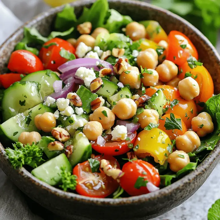 To make this bright and fresh salad, you will need the following ingredients: - 1 can (15 oz) chickpeas, drained and rinsed - 1 cup cherry tomatoes, halved - 1 cucumber, diced - 1 bell pepper (any color), diced - 1/4 red onion, finely chopped - 1/2 cup feta cheese, crumbled (optional) - 1/4 cup fresh parsley, chopped - 1/4 cup fresh mint, chopped - 2 tablespoons olive oil - 2 tablespoons lemon juice - 1 teaspoon lemon zest - 1 teaspoon garlic powder - Salt and pepper to taste - 1 cup mixed greens or baby spinach - 1/2 cup roasted nuts (like almonds or walnuts), for crunch You can switch things up by adding: - Avocado for creaminess - Chickpeas roasted for extra crunch - Other herbs like cilantro or basil - Other veggies like corn or carrots Having the right tools makes cooking easier. You will need: - A large mixing bowl for the salad - A small bowl for the dressing - A whisk for mixing - A cutting board and knife for chopping - Measuring spoons for accuracy - Serving plates or a large serving bowl To start, grab a large mixing bowl. Add one can of chickpeas that you have drained and rinsed. Next, toss in one cup of halved cherry tomatoes. Dice one cucumber and add it to the bowl. Then, take one bell pepper, any color you like, and dice it into small pieces. Chop a quarter of a red onion finely and add this too. For a fresh touch, chop a quarter cup of parsley and a quarter cup of mint. Combine all these ingredients well. The mix should look colorful and vibrant. Now, let’s make the dressing. In a small bowl, pour in two tablespoons of olive oil. Add two tablespoons of lemon juice for a zesty kick. Grate one teaspoon of lemon zest and toss it in. Sprinkle in one teaspoon of garlic powder, along with salt and pepper to taste. Whisk all these ingredients together until they blend smoothly. The dressing should smell bright and fresh. Once your dressing is ready, pour it over the salad mixture. Gently toss everything together. Make sure the dressing coats all the vegetables and chickpeas evenly. If you like feta cheese, crumble half a cup into the salad. Add half a cup of roasted nuts, like almonds or walnuts, for some crunch. Fold these in gently to keep the nuts crispy. Finally, serve the salad on a bed of mixed greens or baby spinach. Enjoy the fresh and tasty flavors of your Lemon Herb Chickpea Crunch Salad! For the full recipe, check the details above. To boost the flavors in your salad, use fresh herbs. Fresh parsley and mint add a bright taste. You can also try adding lemon zest for extra zing. A hint of garlic powder brings depth without overpowering. Use good quality olive oil for a rich finish. If you want more tang, squeeze in some extra lemon juice. Experiment with spices like cumin or paprika for added warmth. When chopping vegetables, aim for uniform sizes. This helps all pieces cook or marinate evenly. Start with the bell pepper, cutting it into small, bite-sized pieces. Next, slice the cherry tomatoes in half for easy eating. Dice the cucumber, making sure it's not too thick. Finely chop your red onion for a milder taste. Always wash your veggies well. This removes dirt and pesticides, making your meal healthier. To save time, prep your ingredients in advance. You can chop your veggies a day before. Store them in airtight bags in the fridge. Canned chickpeas are a quick choice, and there's no cooking needed. For a faster dressing, mix olive oil, lemon juice, and spices in a jar. Just shake it up when you're ready to use it. Lastly, keep roasted nuts on hand for quick crunch and flavor. If you follow these tips, you’ll enjoy making this salad in no time! Check out the Full Recipe for more details. {{image_2}} If you can't find chickpeas, don’t worry! You can use other legumes. Black beans work well. They add a nice flavor and protein. You can also try lentils or white beans. These options give a twist to your salad. Just make sure to drain and rinse them well before adding. Consider adding toppings for extra nutrition. Avocado slices add creaminess and healthy fats. You can sprinkle sunflower seeds for crunch and vitamins. Chia seeds are another great choice. They are full of fiber and omega-3s. Adding these will make your salad even better. Seasonal ingredients can change the flavor profile of your salad. In spring, add fresh peas or asparagus. They bring a bright, crisp taste. Summer is perfect for ripe peaches or corn. These fruits add sweetness and a fun twist. In fall, try roasted squash or pomegranate seeds. They will give your salad a cozy flavor. Winter is great for adding roasted root veggies. They add warmth and heartiness. For the full recipe, check out the Lemon Herb Chickpea Crunch Salad. To keep your Lemon Herb Chickpea Crunch Salad fresh, store it in an airtight container. This helps to keep moisture in and air out. Always let the salad cool before sealing it. If you added nuts, store them separately. This keeps them crunchy and tasty. The salad stays fresh for about 3 to 4 days in the fridge. After this time, the veggies may lose their crispness. If you see any signs of spoilage, like strange smells or colors, it’s best to toss it out. Freezing is not ideal for this salad. When you freeze it, the vegetables can become mushy. If you want to freeze some parts, consider only freezing the chickpeas. They freeze well and keep their flavor. Just remember to thaw them before adding to your fresh salad mix. For the best taste, enjoy this salad fresh! For the full recipe, check [Full Recipe]. Yes, you can make this salad ahead of time. It tastes great when chilled. I suggest mixing the salad and dressing separately. Combine them just before serving. This keeps the crunch of the nuts and veggies fresh. You can store it in the fridge for up to three days. Just remember, the longer it sits, the softer it may become. If you want to skip feta cheese, try using avocado instead. It adds creaminess without the dairy. Another option is to use nutritional yeast. It gives a cheesy flavor but is dairy-free. You can also skip the cheese entirely. The salad still tastes delicious and fresh without it. Yes, this salad is vegan-friendly if you leave out the feta cheese. The chickpeas, veggies, and herbs make it hearty. You get protein from chickpeas and flavor from herbs. This salad is perfect for a light lunch or dinner. Enjoy the bright flavors without any animal products. For the full recipe, check out the earlier section. This blog post covered how to make a tasty Lemon Herb Chickpea Crunch Salad. We listed the key and optional ingredients, tools to use, and detailed steps for mixing and dressing the salad. I shared tips to enhance flavors and speed up prep time. Plus, we explored variations, storage best practices, and answered common questions. In summary, this salad is simple, fun, and packed with nutrients. Enjoy making it your own!