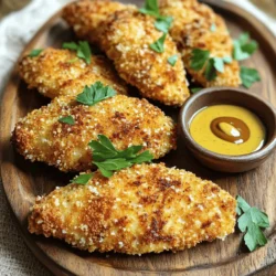 - 1 pound chicken breast, cut into strips - 1 cup buttermilk - 1 cup breadcrumbs (Panko for extra crunch) - 1 teaspoon garlic powder - 1 teaspoon paprika - 1 teaspoon onion powder - 1 teaspoon salt - 1/2 teaspoon black pepper - 1/2 cup grated Parmesan cheese - Cooking spray Gather these ingredients for the best crispy air fryer chicken tenders. The chicken breast is the star here. Cut it into strips. This helps them cook evenly and stay juicy. Buttermilk adds flavor and keeps the chicken tender. For the crunchy coating, use Panko breadcrumbs. They give a nice crisp that you will love. The seasoning mix is simple but packed with flavor. Garlic powder, paprika, and onion powder boost the taste. The salt and black pepper finish off the seasoning. Don't forget the Parmesan cheese! It adds a rich taste and helps the breading stick. You will need cooking spray too. It helps the chicken get that golden, crispy look. To sum it up, you need: - Chicken strips - Buttermilk - Panko breadcrumbs - Garlic powder - Paprika - Onion powder - Salt - Black pepper - Grated Parmesan - Cooking spray This list will guide you to make crispy air fryer chicken tenders that everyone will enjoy. For the full recipe, check the details above! To make juicy chicken tenders, start by mixing buttermilk, garlic powder, paprika, onion powder, salt, and black pepper in a bowl. This mix adds great flavor. Then, add the chicken strips to the bowl. Cover it well and place it in the fridge. Let the chicken sit for at least 30 minutes. You can marinate it for up to 2 hours for even more taste. Next, take another bowl and mix the breadcrumbs with grated Parmesan cheese. This combo gives a tasty crunch. While you mix, preheat your air fryer to 400°F (200°C). This step is key, as it helps the chicken cook evenly and get crispy. Now, it's time for the fun part! Remove the chicken from the buttermilk mix. Let any extra liquid drip off. Dredge each piece in the breadcrumb mix, pressing gently to help it stick. Arrange the coated tenders in a single layer in the air fryer basket. If you have a lot, work in batches. Lightly spray the tenders with cooking spray. This helps them crisp up nicely. Cook the chicken tenders for 10-12 minutes. Flip them halfway through to ensure they cook evenly. They should turn golden brown and be fully cooked. Once cooked, remove them from the air fryer. Let them rest for a few minutes before serving. For the full recipe, check out the detailed instructions above. Enjoy your crispy air fryer chicken tenders! To get the best crunch, use Panko breadcrumbs. They help create a light and airy coating. You can also lightly spray the chicken tenders with cooking spray. This adds more crispiness and helps the coating stick. I recommend marinating the chicken for at least 30 minutes. This time allows the flavors to soak in. If you want a stronger flavor, you can marinate for up to 2 hours. Just remember, the longer you marinate, the more flavor you'll get! Set your air fryer to 400°F (200°C) for the best results. Cook the chicken tenders for 10-12 minutes. Flipping them halfway through cooking helps them brown evenly. This ensures that every piece is crispy and tasty. Follow the Full Recipe for precise details! {{image_2}} You can switch up the coating for your chicken tenders to fit your needs. If you're looking for a gluten-free option, consider using almond flour or cornmeal instead of breadcrumbs. Both options give a nice crunch and flavor. You can also add spices to the coating mix. Think about using cumin, cayenne, or even Italian herbs. These spices will give your tenders a unique twist and extra flavor. Dipping sauces can elevate your chicken tenders. A quick and easy homemade honey mustard is a great choice. Just mix equal parts of honey and mustard for a sweet and tangy treat. Classic barbecue sauce is another favorite. It adds a smoky flavor that pairs well with crispy chicken. If you want something creamy, try a ranch dressing blend. You can make it from scratch or buy a bottle. Each of these sauces adds a special touch to your meal. When serving your chicken tenders, think about pairing them with tasty side dishes. Crispy fries or a fresh salad work well. You can also add some steamed veggies for a balanced meal. For presentation, arrange the chicken tenders on a nice platter. Garnish with fresh parsley for a pop of color. This adds a nice touch to your table and makes the dish more inviting. For the full recipe, check the recipe section above. To keep your crispy air fryer chicken tenders fresh, store them in the fridge. Place them in an airtight container. They will last for up to three days. If you want to avoid sogginess, separate the tenders from any sauces. Always allow the chicken to cool before sealing. To reheat your chicken tenders, use your air fryer. Preheat it to 350°F (175°C). Arrange the chicken in a single layer, then heat for about 5 to 7 minutes. This method keeps them crispy. You can also use an oven. Set it to 375°F (190°C) and bake for about 10 minutes. Avoid microwaving as it makes them soggy. If you have leftovers, you can freeze them. Place the tenders in a freezer-safe bag. Try to remove as much air as possible. They can last for up to three months. When ready to eat, thaw them in the fridge overnight. Reheat them in the air fryer or oven as mentioned above for the best results. To keep chicken tenders crispy, control the moisture. Too much moisture makes them soggy. Marinating in buttermilk helps lock in flavor and moisture but can make them too wet if overdone. After marinating, let the excess drip off. Using cooking spray is key. It helps the breadcrumbs brown and crisp up. Lightly spray the tenders before cooking. This helps them get that golden crunch you want. Always check the air fryer basket for any moisture too. Yes, you can use frozen chicken. Thaw the chicken strips first for best results. You can do this overnight in the fridge or in cold water. If you use frozen chicken, adjust the cooking time. Frozen tenders may need a few extra minutes. Always ensure the internal temperature reaches 165°F (75°C) for safe eating. There are many great sides to pair with chicken tenders. Some popular options include: - French fries - Coleslaw - Mac and cheese - Steamed veggies For dipping sauces, try these favorites: - Honey mustard - Barbecue sauce - Ranch dressing These sides and sauces add flavor and fun to your meal. You can mix and match them to find your favorite combinations. Enjoy your cooking! We explored tasty air fryer chicken tenders, from marinating to cooking. Key ingredients like buttermilk, seasonings, and Panko breadcrumbs create great flavors and crunch. Follow the tips for crispiness and try different sauces or sides to make the meal your own. Remember to store leftovers well for future enjoyment. With easy steps and variations, you can whip up a dish everyone loves. Enjoy your cooking!