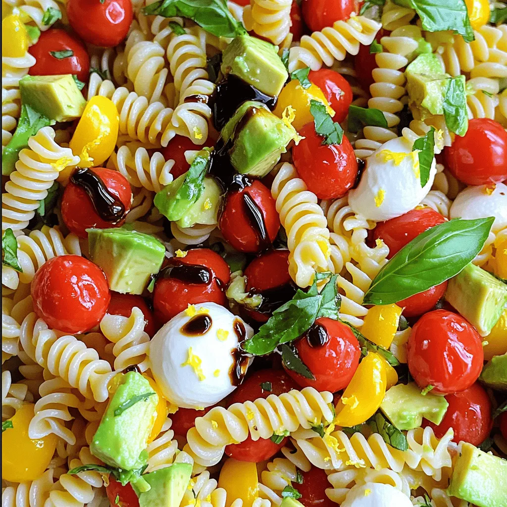 - Essential ingredients for Caprese Pasta Salad - 8 oz. fusilli or rotini pasta - 1 cup cherry tomatoes, halved - 1 cup fresh mozzarella balls (bocconcini), halved - 1 cup fresh basil leaves, torn - 1 avocado, diced - 3 tablespoons balsamic glaze - 2 tablespoons extra virgin olive oil - Salt and pepper to taste - 1 teaspoon garlic powder - Zest of 1 lemon These ingredients create a bright and tasty Caprese Pasta Salad. The pasta serves as a hearty base. Fresh tomatoes and mozzarella add creaminess and sweetness. Basil brings a fragrant touch, while avocado provides a smooth texture. The dressing ties everything together with a tangy kick. - Optional add-ins for enhanced flavors - Diced bell peppers for crunch - Sliced olives for a briny taste - Grilled chicken for added protein - Pine nuts for a nutty flavor Feel free to mix in any of these options. They can add new tastes and textures. Each add-in gives you a chance to make the dish your own. - Ingredient substitutions - Use gluten-free pasta for a gluten-free option. - Swap mozzarella with feta for a different cheese flavor. - Replace balsamic glaze with lemon juice for a lighter dressing. Making substitutions can help you tailor the salad to your tastes or dietary needs. Remember, cooking is all about finding what you love. Enjoy the process! For the full recipe, check out the detailed instructions above. To cook pasta to al dente perfection, follow these steps: 1. Boil a large pot of water. Add a pinch of salt. 2. Add 8 oz. of fusilli or rotini pasta. Stir it gently. 3. Cook according to the package instructions, usually around 8-10 minutes. 4. Test it for doneness. It should be firm but not hard. 5. Drain the pasta in a colander. 6. Rinse it under cold water. This stops the cooking process. 7. Stir the pasta while rinsing to cool it evenly. Now that the pasta is cooled, it’s time to assemble the salad: 1. In a large bowl, combine the cooled pasta and 1 cup of halved cherry tomatoes. 2. Add 1 cup of halved fresh mozzarella balls and 1 cup of torn fresh basil leaves. 3. Gently fold in 1 diced avocado. Be careful not to mash it. 4. Mixing is key! Use a spatula to combine without breaking the ingredients. For the dressing, gather these ingredients: - 3 tablespoons balsamic glaze - 2 tablespoons extra virgin olive oil - 1 teaspoon garlic powder - Zest of 1 lemon - Salt and pepper to taste To whisk the dressing: 1. In a small bowl, add all the dressing ingredients. 2. Use a whisk to mix them well until smooth. 3. This helps the flavors blend nicely. Drizzle the dressing over the salad and toss gently to combine everything. You can adjust the seasoning to your taste. For the best flavor, refrigerate the salad for at least 30 minutes. This allows the flavors to meld together perfectly. For the full recipe, refer to the details above. To enhance the flavor of your Caprese pasta salad, try adding fresh herbs like oregano or thyme. These herbs bring a unique taste that complements the dish well. You can also sprinkle crushed red pepper flakes for a bit of heat. For a richer flavor, try using pesto as part of your dressing. This twist adds both taste and color. To elevate the presentation, use a large white bowl. The bright colors of the salad pop against the white. You can also layer the ingredients instead of mixing them. This keeps everything looking fresh and inviting. Adding a few whole basil leaves on top makes it look fancy. Drizzling extra balsamic glaze on top adds a nice touch. Caprese pasta salad pairs well with grilled chicken or shrimp. These proteins add a hearty touch to your meal. For a lighter option, serve it with a side of fresh bread. This is perfect for soaking up any leftover dressing. This dish shines at summer picnics or family gatherings. It's easy to make and great for sharing. You can also serve it at potlucks or BBQs. It brings a fresh, vibrant taste that everyone will enjoy. {{image_2}} You can easily switch things up in your Caprese pasta salad. One great way is by adding seasonal vegetables. For example, zucchini or bell peppers bring extra color and crunch. You can also try roasted veggies for a warm twist. These additions make the salad even more exciting and nutritious. Another fun way to change the flavor is by using different cheeses. Instead of mozzarella, try feta or goat cheese. These cheeses add a tangy taste that contrasts nicely with the sweet tomatoes. You can even mix cheese types for a more complex flavor. If you need a gluten-free option, you can use gluten-free pasta. Many kinds are available today, made from rice or chickpeas. They cook similarly to regular pasta, so you won’t miss a beat. Just make sure to check the package for cooking times. For a vegan version, skip the cheese entirely or use a plant-based cheese. You can also replace the balsamic glaze with a vinegar mix. A little olive oil and lemon juice can also work well. These swaps keep the dish creamy and fresh without dairy. These variations make the Caprese pasta salad adaptable and fun. You can mix and match to suit your taste or dietary needs. For more ideas and a complete recipe, check the Full Recipe section. To keep the Caprese Pasta Salad fresh, store leftovers properly. Place the salad in an airtight container. This helps prevent air from getting in and keeps it tasty. If you have extra dressing, store it separately. This keeps the pasta from getting soggy. Use a glass or plastic container with a tight lid. In the fridge, the salad stays fresh for about three days. After that, it may start to lose its flavor. Look for signs of spoilage. If the tomatoes look mushy or the cheese smells off, it's time to toss it. Trust your senses; if it doesn’t look or smell right, don’t eat it. Enjoy your fresh Caprese Pasta Salad while it’s still at its best! For the complete recipe, check out the Full Recipe. Can I make it ahead of time? Yes, you can prepare this salad a day in advance. Just store it in the fridge. This allows the flavors to blend well. Just remember to add the avocado right before serving. What pasta works best for this recipe? Fusilli or rotini are great choices for this salad. They hold the dressing well and add fun texture. You can also use penne or farfalle if you prefer. How can I adjust the portion sizes for larger groups? To serve more people, simply double or triple the recipe. Adjust the ingredients based on how many servings you need. Keep the same ratios for taste. What to do if the salad is too salty? If your salad tastes too salty, add more pasta or veggies. This will help balance the saltiness. You can add more mozzarella or avocado as well. How to fix a broken dressing? To fix a broken dressing, whisk in a little cold water or extra oil. This can help bring it back together. Make sure to add it slowly while whisking. Recommendations if I want to add protein. You can add grilled chicken, shrimp, or chickpeas for extra protein. These options pair well with the flavors in the salad. Just mix them in gently to keep everything intact. If you want to see the full recipe, check out the Caprese Pasta Salad with a Twist! This blog post covered everything you need for a great Caprese Pasta Salad. We explored key ingredients, cooking tips, and easy assembly methods. You learned about making a tasty dressing and how to personalize your dish. Remember, the right herbs and presentation can elevate your salad. Always store leftovers carefully and know the signs of spoilage. With these tips, you can enjoy delicious, fresh Caprese Pasta Salad any time. Trust your skills and get creative in the kitchen!