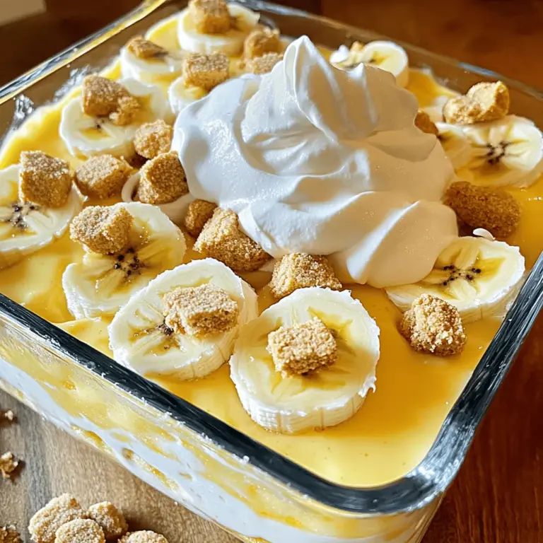 Making homemade banana pudding starts with fresh, quality ingredients. Here’s what you need: - 3 large ripe bananas, sliced - 1 cup granulated sugar - 1/3 cup cornstarch - 1/4 teaspoon salt - 4 cups whole milk - 4 large egg yolks - 2 tablespoons unsalted butter - 2 teaspoons vanilla extract - 1 package (11 oz) Nilla wafers - Whipped cream for topping Each ingredient plays a key role. The ripe bananas add natural sweetness and flavor. Granulated sugar helps balance the pudding's creaminess. Cornstarch thickens the mix, giving it that perfect, smooth texture. Whole milk provides richness, while egg yolks enhance the creaminess. Butter adds a lovely silkiness, and vanilla extract brings a warm flavor. Nilla wafers give a delightful crunch and contrast to the soft pudding. Finally, whipped cream on top adds a fluffy finish. For the full recipe, follow along to create this sweet and creamy delight. Start by making the base of your pudding. In a medium saucepan, whisk together the sugar, cornstarch, and salt until mixed well. This step is key to a smooth texture. Next, gradually add the milk to the dry mix, whisking as you go. This helps remove lumps. Heat the saucepan over medium heat. Stir constantly until the mix thickens and bubbles, around 7 to 10 minutes. You want it to be thick but not burnt. Now, let's work on the eggs. In a separate bowl, whisk the egg yolks until smooth. Once your milk mixture is hot, slowly pour about 1 cup of it into the egg yolks. Whisk constantly to temper them. This step keeps the eggs from cooking too fast. After that, pour the egg yolk mix back into the saucepan. Keep cooking for another 2 to 3 minutes, stirring all the time. This will make your pudding even creamier. It's time to layer the deliciousness! In a large serving dish, start with half of the Nilla wafers. Then, add half of your banana slices on top. Pour half of the pudding over these layers. Repeat this process with the remaining wafers, bananas, and pudding. Finally, cover the dish. Use plastic wrap or a lid to press it right onto the pudding. This keeps a skin from forming. Chill in the fridge for at least 4 hours or overnight for the best flavor. For the full recipe, refer to the earlier section. Enjoy your sweet treat! Stirring constantly is key to a smooth pudding. If you stop, lumps can form. Use a whisk for the best results. I recommend cooking the mixture over medium heat. This heat level helps the pudding thicken without burning. If you want a thicker pudding, let it cook a bit longer. Just watch it closely to avoid scorching. Choosing the right bananas is crucial. Ripe bananas work best for flavor. They should be yellow with some brown spots. Overripe bananas may be too mushy and sweet. The size of the bananas can also change the taste. Larger bananas have a stronger flavor, while smaller ones are milder. So pick what you like best! To stop a skin from forming, cover the pudding while it chills. Press plastic wrap directly onto the top of the pudding. This method keeps air out and moisture in. You can also use a lid if your dish has one. Just make sure it fits snugly. Both methods work well to keep your pudding smooth and creamy. Remember, a little care goes a long way! {{image_2}} You can easily change up your banana pudding to suit your taste. Try adding chocolate chips or cocoa powder. This twist gives a rich, chocolatey flavor that pairs well with bananas. Just mix in about half a cup of chocolate chips when you layer the pudding. Another fun option is adding peanut butter. Peanut butter gives a nutty taste and thick texture. Stir in a half cup of creamy peanut butter into the pudding mixture. You’ll love how it complements the bananas. If you need a gluten-free version, you can use gluten-free wafers. Many brands make gluten-free vanilla cookies that taste great in this dessert. Check your local store for options that match the flavor of Nilla wafers. You may also need to modify thickening agents. Instead of cornstarch, you could try arrowroot powder. It works well for gluten-free puddings and helps achieve that creamy texture. For a dairy-free version, consider using almond milk or coconut milk. Both options add a unique flavor while keeping the pudding creamy. Use the same amount of milk as the recipe calls for. If you want to skip eggs, try egg replacers. Flaxseed meal or chia seeds work well. Mix one tablespoon of flaxseed meal with three tablespoons of water to replace one egg. This will help bind the pudding while keeping it dairy-free. For more details, visit the Full Recipe to see how easy it is to make these variations! To store leftover pudding, place it in an airtight container. Cover the pudding directly with plastic wrap. This helps keep the top from drying out. Store it in the fridge for up to three days. To maintain texture and flavor, avoid stirring it too much after chilling. Freezing banana pudding can change its texture. If you want to freeze it, layer the pudding as usual, but skip the bananas and whipped cream. Freeze in an airtight container. When you want to eat it, thaw it in the fridge overnight. Expect the pudding to be a bit grainy when thawed, but it will still taste great! Homemade banana pudding lasts about three to four days in the fridge. Look for signs of spoilage, such as an off smell or mold. If the pudding separates or changes color, it’s best to toss it. Always trust your senses; if it seems off, don’t eat it! To make banana pudding without eggs, you can use cornstarch as a thickener. Combine milk, sugar, and cornstarch in a pot. Cook over medium heat, stirring until it thickens. You can also add a bit of cream cheese for richness. This will give you a creamy texture without eggs. Yes, you can use instant pudding mix. It is quicker to prepare, but it lacks the depth of flavor found in homemade pudding. Instant pudding is also less creamy and may not set as well. Homemade banana pudding uses fresh ingredients and can taste richer and more satisfying. Homemade banana pudding should not sit out for more than two hours. If it's warm in your kitchen, the time drops to one hour. Always keep it covered, and refrigerate any leftovers. This keeps it safe and ensures it stays creamy and delicious. In this article, we explored how to make a delicious banana pudding. We covered the ingredients, step-by-step instructions, and helpful tips. You learned about variations to try and how to store your pudding correctly. Remember, using ripe bananas makes a big difference in flavor. Making this treat is fun and rewarding. Enjoy your homemade banana pudding, and share it with friends!