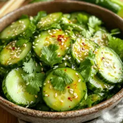 - 3 medium cucumbers, thinly sliced - 1 tablespoon sea salt - 2 green onions, finely chopped - 1 tablespoon gochugaru (Korean red pepper flakes) - 1 tablespoon sesame oil - 1 tablespoon rice vinegar - 1 tablespoon sugar - 1 teaspoon minced garlic - 1 teaspoon soy sauce - 1 tablespoon sesame seeds - Fresh cilantro leaves for garnish Benefits of cucumbers Cucumbers are low in calories and high in water. They help keep you hydrated. They also provide vitamins like K and C. Eating cucumbers can help with digestion too. Importance of gochugaru Gochugaru gives the salad its spicy kick. This Korean red pepper adds a warm, smoky flavor. It is not just spicy; it also adds depth to the dish. Role of sesame oil Sesame oil adds a rich, nutty taste. It enhances the salad's flavor profile. Plus, it provides healthy fats, which are good for you. 1. Salting and draining cucumbers Start with three medium cucumbers. Thinly slice them and place them in a large bowl. Add one tablespoon of sea salt. Toss the cucumbers well to coat them evenly. Let them rest for about 15 minutes. This step draws out excess water, making the salad crispy. 2. Mixing the spicy dressing While the cucumbers rest, grab another bowl. In this bowl, mix together one tablespoon of gochugaru, one tablespoon of sesame oil, one tablespoon of rice vinegar, one tablespoon of sugar, one teaspoon of minced garlic, and one teaspoon of soy sauce. Stir until everything is well combined. This dressing gives the salad its spicy and tangy flavor. 3. Combining ingredients After 15 minutes, drain the cucumbers. Gently squeeze them to remove extra moisture. Now, add the drained cucumbers and two finely chopped green onions to the bowl with the dressing. Toss everything together until the cucumbers are well coated. Finally, sprinkle one tablespoon of sesame seeds on top and mix gently. - Serving ideas This salad is perfect as a side dish. Serve it in a colorful bowl to show off the vibrant colors. You can also plate it alongside grilled meats or rice dishes. - Proper garnish techniques Before serving, garnish the salad with fresh cilantro leaves. This adds a nice pop of color and enhances the flavor. Use small sprigs for a clean look. - Importance of chilling Allow the salad to marinate in the refrigerator for at least 30 minutes. Chilling helps the flavors meld together, making each bite more delicious. - Best practices for marinating If you have time, let it chill longer, even up to a few hours. The longer it sits, the more flavorful it becomes. Just cover the bowl tightly to keep it fresh. For the full recipe, check out the detailed instructions provided. Enjoy your cooking experience! - Adjusting spice levels: You can make this dish milder or spicier. If you want less heat, use less gochugaru. For more kick, add more. Taste as you go. - Adding sweetness or acidity: To balance the heat, add more sugar or a splash of rice vinegar. This makes the salad bright and fresh. - Over-salting cucumbers: Too much salt can make the salad soggy. Use the exact amount of sea salt. It helps draw moisture but doesn’t overpower the dish. - Skipping marination time: Marination is key. Let the salad sit for at least 30 minutes. This allows the flavors to blend and enhances the taste. - Recommended kitchen tools: Use a sharp knife for slicing cucumbers. A cutting board will help keep your workspace clean. A mixing bowl is essential for combining the salad. - Importance of a sharp knife: A sharp knife cuts cleanly. It makes prep easier and safer. Plus, it keeps the cucumbers looking nice and fresh. {{image_2}} You can switch up the cucumbers if you like. Try using julienned carrots or radishes. Both add crunch and flavor. For dressings, consider using lime juice instead of rice vinegar. This adds a zesty twist. You can also mix in some chili paste for extra heat. Experimenting keeps the dish exciting! In Korea, different areas have their own versions of this salad. In the South, people often add sesame seeds for extra crunch. In the North, they might use more garlic, making it bolder. You can mix in local herbs or spices to capture your own region's flavors. Try adding fresh mint or dill for a twist! If you want a vegan option, skip the soy sauce and use tamari. This keeps it gluten-free, too. You can also use coconut aminos for a sweeter taste. If you are avoiding sugar, try using honey or agave nectar. These swaps allow everyone to enjoy the salad! For the full recipe, check the main article. To keep your Spicy Korean Cucumber Salad fresh, store it in an airtight container. Place it in the fridge right after serving. The salad stays good for about 2 to 3 days. After this, the cucumbers lose their crispness. Always check for any signs of spoilage before eating. You can freeze cucumber salad, but the texture may change. To freeze, place it in a freezer-safe bag. Remove as much air as possible. For best taste, eat it within a month. When ready to serve, thaw it in the fridge overnight. You can add fresh cucumbers to restore the crunch. When serving leftovers, mix the salad gently. This keeps the cucumbers from getting mushy. To keep your salad fresh longer, store the dressing separately. Combine just before serving. This ensures your salad remains crunchy and delicious. For a burst of flavor, sprinkle fresh cilantro on top right before serving. For the full recipe, check out the earlier sections of this article. The term "spicy" mainly refers to the heat from gochugaru, which is Korean red pepper flakes. Gochugaru has a unique flavor that adds warmth and depth to the salad. It offers a mild to moderate heat level, making it enjoyable for most people. If you are sensitive to heat, you can adjust the amount you use. Yes, you can make this salad ahead of time. I recommend preparing it a few hours before serving. This gives the flavors time to blend and enhances the taste. Just keep it in the fridge until you’re ready to enjoy it. To reduce the spice level, use less gochugaru. You can also add a touch more sugar or use a milder chili powder. Mixing in extra cucumbers can help tone down the heat as well. Absolutely! This salad pairs well with many dishes. It is refreshing and light, which makes it perfect with rich meals. You can serve it alongside grilled meats or spicy dishes. Several Korean dishes complement this salad nicely. Try it with bulgogi, kimchi, or grilled fish. It also goes well with rice dishes, adding a fresh crunch. Check out the Full Recipe for more ideas on how to enjoy it! In this blog post, we've explored the key ingredients and steps to make a Spicy Korean Cucumber Salad. We discussed the benefits of cucumbers and the unique taste of gochugaru. I shared tips on preparing, presenting, and storing your salad. Remember to avoid common mistakes like over-salting and skipping marination. In the end, this salad is versatile and can adapt to many diets. Enjoy making it your own, and savor the fresh flavors!
