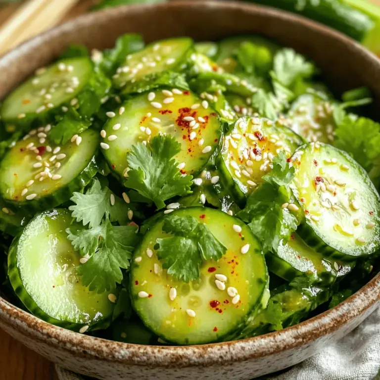 - 3 medium cucumbers, thinly sliced - 1 tablespoon sea salt - 2 green onions, finely chopped - 1 tablespoon gochugaru (Korean red pepper flakes) - 1 tablespoon sesame oil - 1 tablespoon rice vinegar - 1 tablespoon sugar - 1 teaspoon minced garlic - 1 teaspoon soy sauce - 1 tablespoon sesame seeds - Fresh cilantro leaves for garnish Benefits of cucumbers Cucumbers are low in calories and high in water. They help keep you hydrated. They also provide vitamins like K and C. Eating cucumbers can help with digestion too. Importance of gochugaru Gochugaru gives the salad its spicy kick. This Korean red pepper adds a warm, smoky flavor. It is not just spicy; it also adds depth to the dish. Role of sesame oil Sesame oil adds a rich, nutty taste. It enhances the salad's flavor profile. Plus, it provides healthy fats, which are good for you. 1. Salting and draining cucumbers Start with three medium cucumbers. Thinly slice them and place them in a large bowl. Add one tablespoon of sea salt. Toss the cucumbers well to coat them evenly. Let them rest for about 15 minutes. This step draws out excess water, making the salad crispy. 2. Mixing the spicy dressing While the cucumbers rest, grab another bowl. In this bowl, mix together one tablespoon of gochugaru, one tablespoon of sesame oil, one tablespoon of rice vinegar, one tablespoon of sugar, one teaspoon of minced garlic, and one teaspoon of soy sauce. Stir until everything is well combined. This dressing gives the salad its spicy and tangy flavor. 3. Combining ingredients After 15 minutes, drain the cucumbers. Gently squeeze them to remove extra moisture. Now, add the drained cucumbers and two finely chopped green onions to the bowl with the dressing. Toss everything together until the cucumbers are well coated. Finally, sprinkle one tablespoon of sesame seeds on top and mix gently. - Serving ideas This salad is perfect as a side dish. Serve it in a colorful bowl to show off the vibrant colors. You can also plate it alongside grilled meats or rice dishes. - Proper garnish techniques Before serving, garnish the salad with fresh cilantro leaves. This adds a nice pop of color and enhances the flavor. Use small sprigs for a clean look. - Importance of chilling Allow the salad to marinate in the refrigerator for at least 30 minutes. Chilling helps the flavors meld together, making each bite more delicious. - Best practices for marinating If you have time, let it chill longer, even up to a few hours. The longer it sits, the more flavorful it becomes. Just cover the bowl tightly to keep it fresh. For the full recipe, check out the detailed instructions provided. Enjoy your cooking experience! - Adjusting spice levels: You can make this dish milder or spicier. If you want less heat, use less gochugaru. For more kick, add more. Taste as you go. - Adding sweetness or acidity: To balance the heat, add more sugar or a splash of rice vinegar. This makes the salad bright and fresh. - Over-salting cucumbers: Too much salt can make the salad soggy. Use the exact amount of sea salt. It helps draw moisture but doesn’t overpower the dish. - Skipping marination time: Marination is key. Let the salad sit for at least 30 minutes. This allows the flavors to blend and enhances the taste. - Recommended kitchen tools: Use a sharp knife for slicing cucumbers. A cutting board will help keep your workspace clean. A mixing bowl is essential for combining the salad. - Importance of a sharp knife: A sharp knife cuts cleanly. It makes prep easier and safer. Plus, it keeps the cucumbers looking nice and fresh. {{image_2}} You can switch up the cucumbers if you like. Try using julienned carrots or radishes. Both add crunch and flavor. For dressings, consider using lime juice instead of rice vinegar. This adds a zesty twist. You can also mix in some chili paste for extra heat. Experimenting keeps the dish exciting! In Korea, different areas have their own versions of this salad. In the South, people often add sesame seeds for extra crunch. In the North, they might use more garlic, making it bolder. You can mix in local herbs or spices to capture your own region's flavors. Try adding fresh mint or dill for a twist! If you want a vegan option, skip the soy sauce and use tamari. This keeps it gluten-free, too. You can also use coconut aminos for a sweeter taste. If you are avoiding sugar, try using honey or agave nectar. These swaps allow everyone to enjoy the salad! For the full recipe, check the main article. To keep your Spicy Korean Cucumber Salad fresh, store it in an airtight container. Place it in the fridge right after serving. The salad stays good for about 2 to 3 days. After this, the cucumbers lose their crispness. Always check for any signs of spoilage before eating. You can freeze cucumber salad, but the texture may change. To freeze, place it in a freezer-safe bag. Remove as much air as possible. For best taste, eat it within a month. When ready to serve, thaw it in the fridge overnight. You can add fresh cucumbers to restore the crunch. When serving leftovers, mix the salad gently. This keeps the cucumbers from getting mushy. To keep your salad fresh longer, store the dressing separately. Combine just before serving. This ensures your salad remains crunchy and delicious. For a burst of flavor, sprinkle fresh cilantro on top right before serving. For the full recipe, check out the earlier sections of this article. The term "spicy" mainly refers to the heat from gochugaru, which is Korean red pepper flakes. Gochugaru has a unique flavor that adds warmth and depth to the salad. It offers a mild to moderate heat level, making it enjoyable for most people. If you are sensitive to heat, you can adjust the amount you use. Yes, you can make this salad ahead of time. I recommend preparing it a few hours before serving. This gives the flavors time to blend and enhances the taste. Just keep it in the fridge until you’re ready to enjoy it. To reduce the spice level, use less gochugaru. You can also add a touch more sugar or use a milder chili powder. Mixing in extra cucumbers can help tone down the heat as well. Absolutely! This salad pairs well with many dishes. It is refreshing and light, which makes it perfect with rich meals. You can serve it alongside grilled meats or spicy dishes. Several Korean dishes complement this salad nicely. Try it with bulgogi, kimchi, or grilled fish. It also goes well with rice dishes, adding a fresh crunch. Check out the Full Recipe for more ideas on how to enjoy it! In this blog post, we've explored the key ingredients and steps to make a Spicy Korean Cucumber Salad. We discussed the benefits of cucumbers and the unique taste of gochugaru. I shared tips on preparing, presenting, and storing your salad. Remember to avoid common mistakes like over-salting and skipping marination. In the end, this salad is versatile and can adapt to many diets. Enjoy making it your own, and savor the fresh flavors!