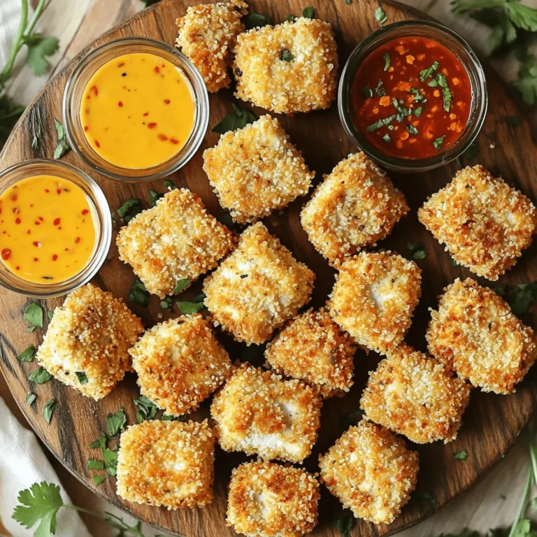- 1 block (14 oz) firm tofu, drained and pressed - 1 cup panko breadcrumbs - 1/2 cup all-purpose flour - 1/2 cup plant-based milk (like almond or soy) For these crispy air fryer tofu nuggets, you need firm tofu. This tofu has the right texture to hold up during cooking. Panko breadcrumbs give a nice crunch. The all-purpose flour helps the coating stick. Plant-based milk adds moisture and flavor. - 1 tablespoon garlic powder - 1 tablespoon onion powder - 1 tablespoon nutritional yeast - 1 teaspoon smoked paprika - 1 teaspoon salt - 1/2 teaspoon black pepper Seasonings bring the nuggets to life. Garlic powder and onion powder add depth. Nutritional yeast gives a cheesy flavor without dairy. Smoked paprika adds a hint of smokiness. Salt and pepper round out the taste. - Cooking spray or olive oil You need cooking spray or olive oil to crisp the nuggets. A light mist or drizzle helps them brown nicely in the air fryer. This keeps your nuggets from sticking while adding flavor. For the full recipe, check out the detailed steps to create these tasty snacks! To start, you need to drain and press the tofu. This step is key for crispy nuggets. Place the tofu block between two plates. Put something heavy on top, like a can. Let it sit for 15-20 minutes. This removes excess water. After pressing, cut the tofu into bite-sized nuggets. Aim for pieces that are about an inch. This size helps them cook evenly. Next, let's move on to the breading process. In a shallow bowl, mix the all-purpose flour with garlic powder, onion powder, smoked paprika, salt, and black pepper. This mix adds great flavor to the nuggets. In another bowl, pour in the plant-based milk. This will help the flour stick to the tofu. Now, in a third bowl, combine the panko breadcrumbs with nutritional yeast. The yeast gives the nuggets a nice flavor boost. Take each tofu nugget and coat it in the flour mixture first. Shake off any extra flour. Then, dip it into the plant-based milk, making sure it’s covered. Lastly, roll it in the panko mixture until it’s fully coated. Repeat this for all the nuggets. Now, it's time to air fry. Start by preheating your air fryer to 400°F (200°C) for about 5 minutes. This helps get that crispy texture. After preheating, arrange the coated tofu nuggets in a single layer in the air fryer basket. Make sure they are not overcrowded. Mist them lightly with cooking spray or drizzle with olive oil for extra crispiness. Cook the nuggets for 12-15 minutes. Flip them halfway through to ensure even cooking. They should turn golden brown and crispy. Once done, remove the nuggets and let them cool slightly before serving. Enjoy them with your favorite sauces! For the full recipe, check out the details in the earlier section. To get crispy tofu nuggets, start by draining the tofu well. This step is key. If the tofu retains too much water, it will steam instead of crisp up. Press the tofu between two plates for about 15-20 minutes. This cuts down moisture and helps the nuggets fry better. Set your air fryer to 400°F (200°C). Preheating it for five minutes ensures even cooking. Cook the nuggets for 12-15 minutes. Flip them halfway for even browning. This method gives you that perfect crunch! These nuggets shine when paired with great sauces. Sweet chili sauce, vegan ranch, or sriracha bring out the flavors. Serve them on a platter for fun sharing. You can also add savory sides like a fresh salad or crispy fries. This makes for a tasty meal or snack! Avoid overcrowding the air fryer basket. If you pack them too tightly, the nuggets won't cook evenly. This can lead to soggy bits instead of crispy ones. Another mistake is not seasoning enough. Tofu can taste bland if you skip this step. Make sure to coat each nugget well in the seasoning mix. This adds flavor and keeps your nuggets tasty! {{image_2}} Want to spice up your tofu nuggets? Try adding cayenne pepper to your flour mix. It adds heat and flavor. You can also play with different breadcrumbs. For a twist, use crushed cornflakes or seasoned breadcrumbs. Each choice gives a unique crunch and taste. If you need gluten-free options, swap all-purpose flour with almond flour or chickpea flour. This keeps the texture nice while fitting your diet. For vegan tweaks, check that all your ingredients are plant-based. Most brands of panko and plant-based milk work great here. These nuggets are not just for snacking. You can add them to salads for extra protein. They taste amazing in wraps with fresh veggies. If you're feeling creative, use them as sliders. Just place them in mini buns with your favorite sauces for a fun meal. To keep your crispy air fryer tofu nuggets fresh, first let them cool. Place them in an airtight container. Store the container in the fridge. They will stay good for about 3 to 4 days. If you want to store them longer, freezing is a great option. For freezing, wrap each nugget in plastic wrap. Then, place them in a freezer bag. Make sure to remove as much air as possible. This helps prevent freezer burn. Frozen tofu nuggets can last up to 3 months. To reheat your tofu nuggets, use an air fryer or oven. Preheat the air fryer to 375°F (190°C). Arrange the nuggets in a single layer and cook for about 5 to 7 minutes. This keeps them crispy. If using an oven, preheat it to 400°F (200°C). Place the nuggets on a baking sheet and bake for about 10 minutes. Both methods help avoid sogginess. Avoid using the microwave, as it can make them chewy. Refrigerated tofu nuggets last for about 3 to 4 days. If you freeze them, they can stay good for up to 3 months. Always check for any off smells or changes in texture before eating. Enjoy your tasty snacks safely! To get that perfect crunch, follow these tips: - Press the tofu well: Removing moisture helps achieve a crispier texture. - Use panko breadcrumbs: They add extra crunch compared to regular breadcrumbs. - Mist with oil: A light spray of cooking oil enhances browning and crunch. - Avoid overcrowding: Keep space between nuggets in the air fryer for even cooking. - Flip halfway: Turn your nuggets during cooking for uniform crispiness. Yes, you can use frozen tofu! Here’s how: - Thaw the tofu: Let it sit in the fridge overnight or use a microwave. - Press as usual: After thawing, remove excess moisture by pressing it. - Texture change: Frozen tofu becomes more sponge-like, which can absorb flavors better. - Adjust cooking time: You might need to cook it a bit longer for extra crispiness. A variety of sauces pair well with tofu nuggets, including: - Sweet chili sauce: Adds a nice sweet and spicy kick. - Vegan ranch: Creamy and herby, perfect for dipping. - Sriracha: For those who love heat. - Barbecue sauce: Smoky and tangy, a classic choice. Crispy tofu nuggets stay fresh for: - Refrigeration: 3-4 days in an airtight container. - Freezing: Up to 3 months, but they may lose some crispness. - Storage tips: Keep them in a single layer to avoid sticking. - Reheat carefully: To regain crispiness, use the air fryer or oven. For the full recipe, check the [Full Recipe]. Crispy air fryer tofu nuggets are fun and easy to make. We covered the key ingredients, like firm tofu and panko breadcrumbs, and shared simple steps to prepare and cook them. You learned about tips, like draining the tofu well, and variations, including flavor twists and dietary adjustments. Remember to store leftovers correctly for fresh taste. Experiment with sauces and sides to find your favorites. Making these nuggets can be a healthy, tasty treat that suits many diets. Enjoy your air frying adventure!