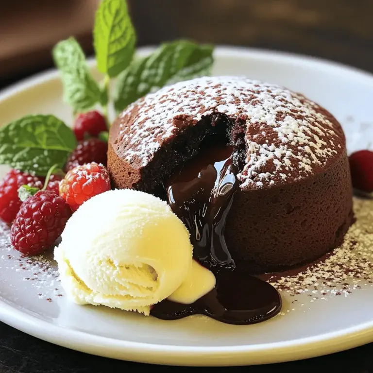 To make a great chocolate lava cake, you need the following: - 1/2 cup unsalted butter - 1 cup dark chocolate chips (70% cocoa or more) - 2 large eggs - 2 large egg yolks - 1/3 cup granulated sugar - 1/4 cup all-purpose flour - 1 teaspoon vanilla extract - Pinch of salt - Cocoa powder (for dusting the ramekins) If you need alternatives for any of these ingredients, here are some good options: - Use semi-sweet chocolate chips instead of dark chocolate. - Replace eggs with 1/4 cup of unsweetened applesauce or mashed banana. - For gluten-free lava cake, swap all-purpose flour with almond flour or gluten-free flour blend. Using high-quality ingredients makes a big difference in taste. Dark chocolate gives a rich flavor. It melts beautifully, creating that gooey center we love. Fresh eggs help the cake rise and create a soft texture. When eggs are fresh, they whip up better. This makes your cake light and fluffy. Overall, the quality of your ingredients can change the entire experience. You will taste the difference! Start by preheating your oven to 425°F (220°C). This step is crucial for baking. While the oven heats, grab four ramekins. Grease each ramekin with unsalted butter. Next, dust them with cocoa powder. This helps the cakes come out easily. Tapping out any excess cocoa powder is important. Now let’s prepare the batter. In a microwave-safe bowl, we will melt chocolate and butter together. For melting chocolate, the microwave works best. Combine 1/2 cup of unsalted butter and 1 cup of dark chocolate chips in a bowl. Heat them in the microwave. Use 30-second intervals and stir in between. This method makes sure the chocolate melts evenly. You want a smooth mixture, not burnt chocolate. Once your chocolate is melted, let it cool a bit. In a separate bowl, whisk together two large eggs, two large egg yolks, and 1/3 cup of granulated sugar. Keep whisking until the mix is pale and thick. Now pour in the melted chocolate while whisking. This helps blend the mixtures well. Next, gently fold in 1/4 cup of all-purpose flour, a teaspoon of vanilla extract, and a pinch of salt. Be careful not to overmix. Overmixing can make the cake tough. You want a smooth, thick batter. Now it’s time to bake! Divide the batter evenly among the prepared ramekins. Place them in the oven and bake for 12-14 minutes. The edges should be firm while the center jiggles slightly. This indicates they are done. After baking, let the cakes cool for 1 minute. Carefully invert each ramekin onto a plate. Lift gently to release the cake. Allow them to settle for another 30 seconds before serving. Serve the lava cakes warm. Dust with powdered sugar and add a scoop of vanilla ice cream or whipped cream on top. Garnish with fresh berries or a sprig of mint for color. This makes your dessert look even more inviting. For the full recipe and more details, check out the Full Recipe section. To get that lovely lava flow, follow these key pointers: - Baking time is crucial. Bake for 12-14 minutes. The edges should be firm, but the center must jiggle. - Use the right ramekins. Choose 6-ounce ramekins for the best results. - Cool before serving. Let the cakes sit for one minute. This helps them keep their shape. - Don’t skip the dusting. Cocoa powder helps the cakes release easily from the ramekins. Avoid these common issues for the best chocolate lava cake: - Overbaking. If you bake too long, the center won't flow. Stop when it still jiggles. - Underbaking. If it’s too runny, you won't get the right texture. Stick to the time. - Wrong ingredient ratios. Measure carefully. Too much flour can make the cake dense. Here are some insights from pros to perfect your cake: - Use high-quality chocolate. A rich chocolate gives a better flavor. - Whisk well. Ensure eggs and sugar mix until thick. This adds air for a lighter cake. - Experiment with flavors. Try adding a splash of espresso or orange zest for a twist. For more details, check the Full Recipe. Enjoy your baking journey! {{image_2}} You can give your chocolate lava cake a twist. Try adding espresso to the batter. This will deepen the chocolate flavor. You can also mix in some orange zest for a fresh taste. If you want a little kick, consider using liqueurs like Grand Marnier or Kahlua. Each of these additions brings a new layer of flavor. Experiment with amounts and find what you like best. Serving your lava cakes can be fun. Try drizzling chocolate sauce or caramel over the top. This adds a rich layer of sweetness. You can also dust with powdered sugar for a snowy look. Want something fruity? Fresh berries complement the chocolate well. A scoop of vanilla ice cream makes it even better. Get creative with how you present your dessert! You can make chocolate lava cake for different diets. For a vegan option, replace eggs with flax eggs. Mix one tablespoon of ground flaxseed with three tablespoons of water. Let it sit until it thickens. Use a plant-based butter for a dairy-free version. If you're gluten-free, swap all-purpose flour for almond flour or a gluten-free blend. These changes keep the taste rich and delicious. Enjoy your personalized lava cake! Store leftover chocolate lava cakes in the fridge. Use an airtight container to keep them fresh. If you leave them out, they can dry out quickly. Enjoy them within two days for the best taste. To reheat chocolate lava cakes, place them in the oven. Set the temperature to 350°F (175°C). Heat for about 8 to 10 minutes. This method warms the cake without cooking the center. You want that gooey chocolate to flow when you cut in! Yes, you can freeze chocolate lava cakes! First, let them cool completely. Wrap each cake in plastic wrap. Then place them in a freezer bag. They will last up to three months. When you're ready to eat, thaw in the fridge overnight, then reheat as described above. Your cake is done when the edges look firm. The center should jiggle a bit. You can also insert a toothpick. If it comes out with some batter, it’s perfect. Keep an eye on the time; it usually takes 12-14 minutes. This is key to getting that gooey center. Yes, you can prep the batter ahead of time. Store it in the fridge for up to 24 hours. Just be sure to cover the ramekins with plastic wrap. When ready, take them out and bake them fresh. This makes your dessert easy for parties or special meals. Ice cream is a great choice! Vanilla or mint chocolate chip pairs well. You can also drizzle chocolate sauce or caramel on top. Fresh berries add a nice touch, too. For a fancy look, try whipped cream or a sprinkle of powdered sugar. Absolutely! You can use a larger baking dish. Just adjust the baking time. A larger cake may need 20-25 minutes. Keep checking for the same visual cues. The edges should be firm, and the center should jiggle slightly. Molten cake and lava cake are very similar. Both have a gooey center. Some say molten cakes are richer. Others believe lava cakes are more about the flow of chocolate. Ultimately, they both deliver that delicious chocolate experience. In this article, we explored the key ingredients needed for chocolate lava cake. We also discussed ingredient substitutions, the importance of quality, and detailed step-by-step instructions. I shared tips to achieve a perfect molten center and common mistakes to avoid. Lastly, we looked at storage best practices and answered frequently asked questions on the topic. Using these insights, you can create a delicious dessert that impresses everyone. Enjoy your baking journey and savor your chocolate lava cake!