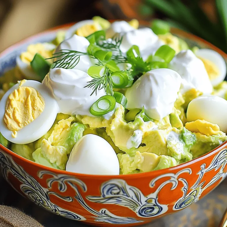 - 4 hard-boiled eggs - 1 ripe avocado - 2 tablespoons Greek yogurt or mayonnaise - 1 tablespoon Dijon mustard - 2 green onions, finely sliced - 1 tablespoon fresh lemon juice - Salt and pepper to taste - Optional fresh dill or parsley For this creamy avocado egg salad, you need just a few main items. First, use four hard-boiled eggs. Make sure they are cooked well. Next, grab one ripe avocado. It should feel soft but not mushy. You can also use Greek yogurt or mayonnaise, whichever you prefer. A tablespoon of Dijon mustard adds a nice zing. Now for the extra flavor! Slice two green onions finely. A tablespoon of fresh lemon juice brightens the taste. Don’t forget salt and pepper to make it just right. If you want, add fresh dill or parsley for a pop of color and flavor. Remember, this is a simple list. You can adjust amounts based on your taste. Enjoy the process of making this light and tasty salad! For the full recipe, check out the section above. - First, grab a medium bowl. - Combine the chopped hard-boiled eggs and mashed avocado. - Use a fork to mix them gently. - Next, add Greek yogurt or mayonnaise, Dijon mustard, and lemon juice. - Stir until everything is well combined. - Keep some egg chunks for added texture. - Now, stir in the finely sliced green onions. - If you like, add fresh herbs like dill or parsley. - Taste your salad and adjust the salt and pepper as needed. - You can serve your salad on whole grain toast. - It also works great in lettuce wraps. - For a light meal, serve it on a bed of mixed greens. - Enjoy your creamy avocado egg salad right away! For detailed steps, check the Full Recipe. To make a great avocado egg salad, choose ripe avocados. They should feel soft but not mushy. A ripe avocado has a rich taste that makes your salad creamy and delightful. For boiling eggs, start with cold water. Place the eggs in a pot and cover them with water. Bring the water to a boil. Once it boils, cover the pot and turn off the heat. Let the eggs sit for about 10-12 minutes. Then, cool them in ice water. This method helps you get perfect hard-boiled eggs. Serving your salad well can impress anyone. Use a colorful bowl or bright plates. This makes the dish more inviting. You can also serve the salad on whole grain toast or in crisp lettuce wraps. Garnishing adds extra flair. Try adding slices of avocado on top. A sprinkle of fresh dill or parsley can brighten the dish. It not only looks good but also adds a fresh taste. For a fun twist, add cherry tomatoes or radishes for color and crunch. {{image_2}} You can make your avocado egg salad more exciting by adding new flavors. Try mixing in some chopped bell peppers for crunch and color. Celery adds a nice texture too. You can also spice things up. A sprinkle of paprika gives a warm flavor. If you like heat, cayenne pepper will do the trick. Just a pinch adds depth without hiding the salad's main taste. If you want a vegan option, you can replace the eggs with chickpeas. Mash the chickpeas just like you would the avocado. This makes a tasty and creamy salad, packed with protein. For a low-carb version, serve the salad in avocado halves. This way, you skip the bread but keep all the great flavors. Each bite stays fresh and rich. For the full recipe, check out the Creamy Avocado Egg Salad section above. After you make your creamy avocado egg salad, store it in an airtight container. This keeps it fresh and prevents odors from other foods. It’s best to eat it within three days. If you notice any browning, just mix it well. The lemon juice helps slow down browning, but it can still happen. You can freeze avocado egg salad, but it’s not the best choice. The texture changes when thawed. If you must freeze it, place it in a freezer-safe container. When ready to eat, thaw it in the fridge overnight. Stir well before serving. Consider adding fresh herbs or lemon juice for a boost of flavor after thawing. For the full recipe, check out the complete guide on making this delicious dish. What is the best way to hard-boil eggs? To hard-boil eggs, place them in a pot and cover them with water. Bring the water to a boil, then cover the pot and remove it from heat. Let the eggs sit for 9-12 minutes, depending on how firm you like the yolk. After that, cool them in ice water for easy peeling. How long does avocado egg salad last? Avocado egg salad lasts about 2-3 days in the fridge. Make sure to keep it in an airtight container. The key is to store it right after making it to keep it fresh. Can I make this salad ahead of time? You can make this salad ahead of time. However, the avocado may brown. To help prevent this, add a bit of lemon juice and cover it tightly. Why is my avocado egg salad brown? The salad turns brown due to oxidation. When avocado meets air, it oxidizes and changes color. To avoid this, mix in lemon juice and keep it covered until you're ready to eat. How do I make it creamier? To make your salad creamier, add more Greek yogurt or mayonnaise. You can also mash the avocado more thoroughly for a smoother texture. Calories per serving Each serving of avocado egg salad has about 250 calories. This can vary based on how much yogurt or mayo you use. Key nutrients in avocado and eggs Avocado is rich in healthy fats and fiber. Eggs provide protein and vitamins. Together, they make a nutritious meal. In this blog post, we explored a simple and tasty avocado egg salad. We covered the main ingredients, preparation steps, and various serving suggestions. Tips on perfecting the salad's flavor and presentation were included. You can also try fun variations and learn how to store your salad properly. With a few easy steps, you can enjoy a fresh, healthy dish. Try it today and make it your own!
