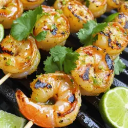 To make Chili Lime Grilled Shrimp Skewers, gather these key ingredients: - 1 lb large shrimp, peeled and deveined - 3 tablespoons olive oil - Zest and juice of 2 limes - 2 tablespoons honey - 2 teaspoons chili powder - 1 teaspoon smoked paprika - 1 teaspoon garlic powder - 1 teaspoon cumin - Salt and pepper to taste - Fresh cilantro leaves for garnish - Lime wedges for serving These ingredients blend to create a bright and zesty flavor. When choosing shrimp, look for these signs: - Color: Fresh shrimp should be slightly translucent. Avoid those that look dull or discolored. - Smell: Fresh shrimp should smell like the ocean, not fishy. - Texture: The shrimp should feel firm and springy. Avoid any that feel mushy. - Shell: If buying with shells, the shells should be clean and shiny. Buying shrimp from a trusted market ensures quality and freshness. You can boost the flavor of the marinade with these options: - Fresh herbs: Add chopped cilantro or parsley for a fresh touch. - Heat: For spice lovers, mix in diced jalapeños or red pepper flakes. - Citrus: Try adding zest from oranges or lemons for a different citrus note. These enhancements can make your chili lime shrimp skewers even more exciting. For the full recipe, check out the details above. To start, gather your ingredients. You need olive oil, lime zest, lime juice, honey, and spices. In a medium bowl, mix 3 tablespoons of olive oil, the zest and juice of 2 limes, and 2 tablespoons of honey. Add 2 teaspoons of chili powder, 1 teaspoon of smoked paprika, 1 teaspoon of garlic powder, and 1 teaspoon of cumin. Don’t forget to add salt and pepper to taste. This marinade gives the shrimp a bright, zesty flavor. Now, it’s time to add the shrimp. Take 1 pound of large shrimp, which should be peeled and deveined. Toss the shrimp in the marinade. Make sure each shrimp is well coated. Cover the bowl with plastic wrap and place it in the fridge. Let the shrimp marinate for at least 30 minutes. This allows the flavors to soak in deeply. While the shrimp marinate, preheat your grill or grill pan over medium-high heat. If you use wooden skewers, soak them in water for about 15 minutes. This step helps prevent burning. Once ready, thread the marinated shrimp onto the skewers. Leave a little space between each shrimp. This space ensures even cooking. Grill the skewers for 2-3 minutes on each side. The shrimp should turn pink and opaque when done. Be careful not to overcook them. Remove the skewers from the grill and let them rest for a couple of minutes. Enjoy your tasty chili lime grilled shrimp skewers! For the full recipe, check out the detailed instructions above. To cook shrimp perfectly, start with fresh shrimp. Look for shrimp that smell like the ocean. They should be firm and have a nice pink color. When grilling, cook shrimp for about 2-3 minutes on each side. They turn pink and opaque when done. If you overcook shrimp, they become rubbery. Keep a close eye on them. Choosing skewers can affect your grilling. Wood skewers are light and easy to use. Soak them in water for 15 minutes to stop them from burning. Metal skewers are sturdy and reusable. They heat up fast and help cook shrimp evenly. You can use either, but make sure to pick what works best for you. Serve your chili lime grilled shrimp skewers with tasty sides. Here are some great ideas: - Cilantro lime rice: This pairs well with the shrimp’s flavors. - Grilled corn on the cob: Sweet and crunchy, it’s a fun addition. - Fresh salad: A light salad with avocado and tomatoes complements the dish. - Guacamole and chips: A classic side that adds flavor and fun. These sides will make your meal more colorful and tasty. For the full recipe, check the details above. {{image_2}} You can change the flavor of your shrimp skewers with different spices. Try adding cayenne pepper for heat. Paprika adds color and a mild spice. Garlic powder boosts the savory taste. If you like something unique, use curry powder for a twist. Mix and match spices to find your favorite combo. These shrimp skewers shine as a main dish or a snack. Serve them in soft tortillas for tasty tacos. Add fresh veggies and your favorite sauce for a fun meal. You can also toss them on a salad. They add protein and flavor. As appetizers, just serve them with lime wedges and dips. If someone has dietary restrictions, you can still enjoy this dish. For gluten-free needs, check your spices. Most are safe, but double-check the labels. If you want a vegan option, swap shrimp for tofu or mushrooms. Marinate them the same way for great flavor. This way, everyone can enjoy the meal. For the full recipe, check out the detailed instructions and ingredients listed earlier. Store leftover shrimp skewers in an airtight container. Make sure they cool down first. You can keep them in the fridge for up to three days. If you plan to eat them later, it helps to separate the layers with parchment paper. This will prevent them from sticking together. To reheat, use the oven or a skillet. For the oven, preheat to 350°F. Place the skewers on a baking sheet. Heat for about 10 minutes or until warm. If using a skillet, add a tiny bit of oil. Heat over medium heat for about five minutes, turning the skewers halfway through. You can freeze shrimp skewers for up to three months. To do this, place the cooled skewers in a freezer-safe bag. Remove as much air as you can before sealing. When you're ready to eat, thaw them in the fridge overnight. You can then reheat them as described above. For the full recipe, check out the earlier section. You can tell shrimp are done when they turn pink and opaque. They should curl slightly. The inside should not be translucent. Overcooking can make shrimp tough, so watch them closely. For best results, aim to grill shrimp for 2-3 minutes on each side. If you have a meat thermometer, shrimp should reach 120°F. Yes! You can prepare the marinade a day ahead. Just toss the shrimp in the marinade and store them in the fridge. Marinate for at least 30 minutes, but no more than 2 hours for the best flavor. If you leave shrimp too long, the lime juice can change their texture. Grilling shrimp on skewers is a great method. It keeps them together and makes flipping easy. You can use a grill or a grill pan. If using wooden skewers, soak them in water for 15 minutes first. This prevents burning. Make sure your grill is hot, so shrimp cook quickly and evenly. For more detailed steps, check the Full Recipe. In this post, we covered shrimp ingredients, prep steps, and tasty tips. You learned how to select fresh shrimp and marinate them well. Grilling techniques help you cook shrimp just right. We discussed serving ideas and variations for everyone. Remember, store leftovers safely and reheat carefully to keep flavors intact. Follow these tips to enjoy great shrimp dishes anytime. Keep experimenting with flavors to make each meal special. Happy cooking!