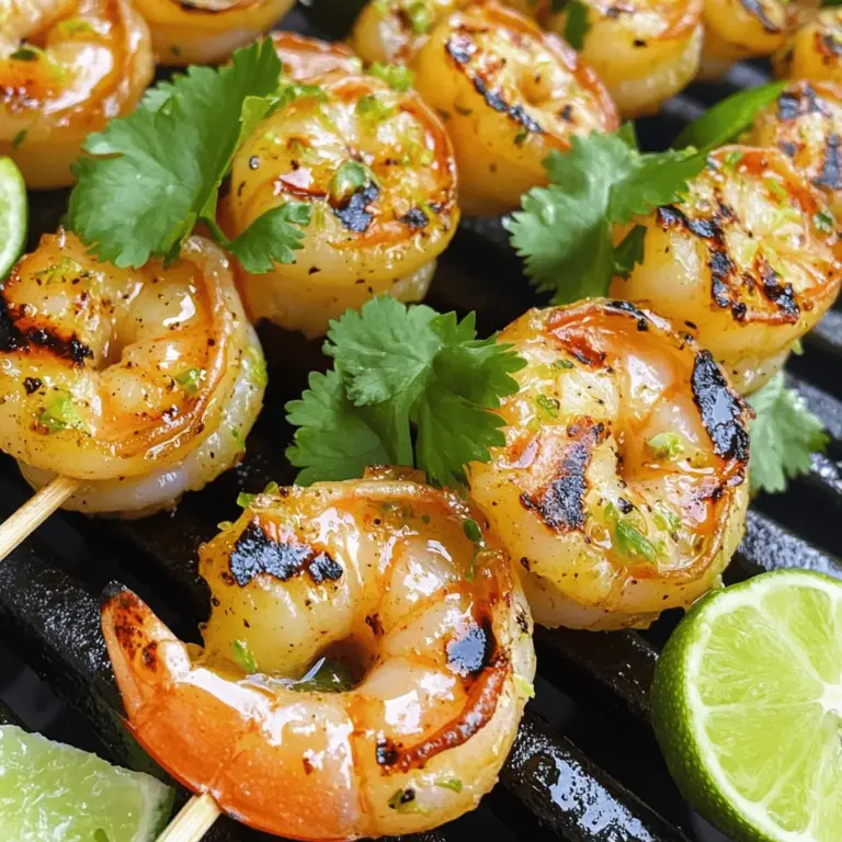 To make Chili Lime Grilled Shrimp Skewers, gather these key ingredients: - 1 lb large shrimp, peeled and deveined - 3 tablespoons olive oil - Zest and juice of 2 limes - 2 tablespoons honey - 2 teaspoons chili powder - 1 teaspoon smoked paprika - 1 teaspoon garlic powder - 1 teaspoon cumin - Salt and pepper to taste - Fresh cilantro leaves for garnish - Lime wedges for serving These ingredients blend to create a bright and zesty flavor. When choosing shrimp, look for these signs: - Color: Fresh shrimp should be slightly translucent. Avoid those that look dull or discolored. - Smell: Fresh shrimp should smell like the ocean, not fishy. - Texture: The shrimp should feel firm and springy. Avoid any that feel mushy. - Shell: If buying with shells, the shells should be clean and shiny. Buying shrimp from a trusted market ensures quality and freshness. You can boost the flavor of the marinade with these options: - Fresh herbs: Add chopped cilantro or parsley for a fresh touch. - Heat: For spice lovers, mix in diced jalapeños or red pepper flakes. - Citrus: Try adding zest from oranges or lemons for a different citrus note. These enhancements can make your chili lime shrimp skewers even more exciting. For the full recipe, check out the details above. To start, gather your ingredients. You need olive oil, lime zest, lime juice, honey, and spices. In a medium bowl, mix 3 tablespoons of olive oil, the zest and juice of 2 limes, and 2 tablespoons of honey. Add 2 teaspoons of chili powder, 1 teaspoon of smoked paprika, 1 teaspoon of garlic powder, and 1 teaspoon of cumin. Don’t forget to add salt and pepper to taste. This marinade gives the shrimp a bright, zesty flavor. Now, it’s time to add the shrimp. Take 1 pound of large shrimp, which should be peeled and deveined. Toss the shrimp in the marinade. Make sure each shrimp is well coated. Cover the bowl with plastic wrap and place it in the fridge. Let the shrimp marinate for at least 30 minutes. This allows the flavors to soak in deeply. While the shrimp marinate, preheat your grill or grill pan over medium-high heat. If you use wooden skewers, soak them in water for about 15 minutes. This step helps prevent burning. Once ready, thread the marinated shrimp onto the skewers. Leave a little space between each shrimp. This space ensures even cooking. Grill the skewers for 2-3 minutes on each side. The shrimp should turn pink and opaque when done. Be careful not to overcook them. Remove the skewers from the grill and let them rest for a couple of minutes. Enjoy your tasty chili lime grilled shrimp skewers! For the full recipe, check out the detailed instructions above. To cook shrimp perfectly, start with fresh shrimp. Look for shrimp that smell like the ocean. They should be firm and have a nice pink color. When grilling, cook shrimp for about 2-3 minutes on each side. They turn pink and opaque when done. If you overcook shrimp, they become rubbery. Keep a close eye on them. Choosing skewers can affect your grilling. Wood skewers are light and easy to use. Soak them in water for 15 minutes to stop them from burning. Metal skewers are sturdy and reusable. They heat up fast and help cook shrimp evenly. You can use either, but make sure to pick what works best for you. Serve your chili lime grilled shrimp skewers with tasty sides. Here are some great ideas: - Cilantro lime rice: This pairs well with the shrimp’s flavors. - Grilled corn on the cob: Sweet and crunchy, it’s a fun addition. - Fresh salad: A light salad with avocado and tomatoes complements the dish. - Guacamole and chips: A classic side that adds flavor and fun. These sides will make your meal more colorful and tasty. For the full recipe, check the details above. {{image_2}} You can change the flavor of your shrimp skewers with different spices. Try adding cayenne pepper for heat. Paprika adds color and a mild spice. Garlic powder boosts the savory taste. If you like something unique, use curry powder for a twist. Mix and match spices to find your favorite combo. These shrimp skewers shine as a main dish or a snack. Serve them in soft tortillas for tasty tacos. Add fresh veggies and your favorite sauce for a fun meal. You can also toss them on a salad. They add protein and flavor. As appetizers, just serve them with lime wedges and dips. If someone has dietary restrictions, you can still enjoy this dish. For gluten-free needs, check your spices. Most are safe, but double-check the labels. If you want a vegan option, swap shrimp for tofu or mushrooms. Marinate them the same way for great flavor. This way, everyone can enjoy the meal. For the full recipe, check out the detailed instructions and ingredients listed earlier. Store leftover shrimp skewers in an airtight container. Make sure they cool down first. You can keep them in the fridge for up to three days. If you plan to eat them later, it helps to separate the layers with parchment paper. This will prevent them from sticking together. To reheat, use the oven or a skillet. For the oven, preheat to 350°F. Place the skewers on a baking sheet. Heat for about 10 minutes or until warm. If using a skillet, add a tiny bit of oil. Heat over medium heat for about five minutes, turning the skewers halfway through. You can freeze shrimp skewers for up to three months. To do this, place the cooled skewers in a freezer-safe bag. Remove as much air as you can before sealing. When you're ready to eat, thaw them in the fridge overnight. You can then reheat them as described above. For the full recipe, check out the earlier section. You can tell shrimp are done when they turn pink and opaque. They should curl slightly. The inside should not be translucent. Overcooking can make shrimp tough, so watch them closely. For best results, aim to grill shrimp for 2-3 minutes on each side. If you have a meat thermometer, shrimp should reach 120°F. Yes! You can prepare the marinade a day ahead. Just toss the shrimp in the marinade and store them in the fridge. Marinate for at least 30 minutes, but no more than 2 hours for the best flavor. If you leave shrimp too long, the lime juice can change their texture. Grilling shrimp on skewers is a great method. It keeps them together and makes flipping easy. You can use a grill or a grill pan. If using wooden skewers, soak them in water for 15 minutes first. This prevents burning. Make sure your grill is hot, so shrimp cook quickly and evenly. For more detailed steps, check the Full Recipe. In this post, we covered shrimp ingredients, prep steps, and tasty tips. You learned how to select fresh shrimp and marinate them well. Grilling techniques help you cook shrimp just right. We discussed serving ideas and variations for everyone. Remember, store leftovers safely and reheat carefully to keep flavors intact. Follow these tips to enjoy great shrimp dishes anytime. Keep experimenting with flavors to make each meal special. Happy cooking!