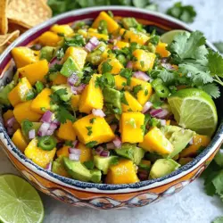 - Ripe mango - Ripe avocados - Red onion - Jalapeño - Fresh cilantro - Lime juice - Olive oil - Salt and pepper To make a tasty Mango Avocado Salsa, start with fresh ingredients. Ripe mangoes bring sweetness. Choose vibrant avocados for creaminess. Red onion adds a nice bite. Jalapeño gives heat, while cilantro adds freshness. Lime juice brightens the whole dish. Olive oil enriches the flavors, and salt and pepper balance everything. - Choosing the best ripe mangoes: Look for mangoes that have a slight give when pressed. Their skin should have a golden hue. You can also smell the stem; a sweet scent means ripeness. - How to pick perfect avocados: Gently squeeze the avocado. It should feel soft but not mushy. Dark green skin often means ripeness. If you see a stem, check underneath; it should be green for freshness. - Additional spices or seasonings: Experiment with cumin or garlic powder for depth. A pinch of chili powder can add extra heat. - Other fruits to enhance flavor: Try adding diced pineapple or peach for a twist. These fruits pair well with mango and avocado, adding a juicy burst. For the full recipe, check out the detailed instructions above. Start by gathering your ingredients. You need ripe mango, ripe avocados, red onion, jalapeño, fresh cilantro, lime juice, olive oil, salt, and pepper. Make sure to choose ripe fruits, as they give the best flavor. For dicing the mango, cut off the sides, then make vertical and horizontal cuts. This creates small cubes. Use a spoon to scoop the cubes out. For the avocados, slice them in half, remove the pit, and scoop the flesh out with a spoon. Dice the avocado into chunks. Chop the red onion finely. This will add a strong, sweet taste. Remove seeds from the jalapeño before mincing it. This reduces the heat and makes the salsa milder. It is best to add ingredients in a specific order. First, combine the mango and avocado in a bowl. This prevents the avocado from getting smashed. Then, add the red onion and jalapeño. Finally, sprinkle the chopped cilantro on top. Next, it's time to mix the ingredients. I suggest you do this gently. Use a spatula or wooden spoon to fold the ingredients together. Be careful not to mash the avocado. You want to keep those chunky pieces for texture. Now, drizzle in the lime juice and olive oil. These add a fresh zing and richness. Gently fold again until everything is well combined. Let the salsa sit for about 10-15 minutes. This allows the flavors to blend together. The longer it sits, the better the taste. Just remember to cover it to keep it fresh. For serving, choose a colorful bowl to make your salsa pop. You can also use a small wooden board or a platter. This adds a rustic touch. Garnish your salsa with more cilantro leaves. It makes the dish look fresh and vibrant. Adding lime wedges on the side is a great idea too. This way, guests can squeeze more lime juice if they like. Pair your Mango Avocado Salsa with tortilla chips. This makes for a tasty and fun snack. You can also serve it as a topping for grilled meats or fish. It adds a bright, fresh flavor to any dish. For the full recipe, check the [Full Recipe]. Enjoy making this delicious salsa! How do I keep avocado from browning? To keep avocado green, use lime juice. The acid slows down browning. You can also cover the salsa tightly with plastic wrap. This keeps air out and keeps your salsa fresh. How do I maintain chunkiness in salsa? When mixing, be gentle. Use a folding motion instead of stirring. This keeps the avocado pieces whole and adds a nice texture. How do I balance acidity with lime juice? Start with a little lime juice. Taste and add more as needed. This helps the flavors shine without being too sharp. How do I add heat without overwhelming the dish? Use jalapeño wisely. Start with a small amount and taste as you go. You can always add more heat, but you can't take it out. What are the best practices for storing leftovers? Store any leftovers in an airtight container. Keep it in the fridge for up to two days. How do I refresh day-old salsa? Add a splash of lime juice and mix gently. This brightens the flavors and makes the salsa taste fresh again. For the complete recipe, check out the Full Recipe section. Enjoy your cooking! {{image_2}} You can change the taste of your mango avocado salsa easily. For a tropical twist, add diced pineapple or kiwi. These fruits bring extra sweetness and a pop of color. You can also make the salsa spicy. Just toss in more jalapeños or try other peppers like serrano or habanero. This adds heat and depth to every bite. If you want vegan options, this salsa is already perfect. All its ingredients are plant-based. You could also swap lime juice with lemon juice for a different zing. For a low-calorie version, use less olive oil or skip it entirely. The salsa still tastes great without it! Don't be afraid to mix things up! You can explore international flavors by adding diced mango to a fresh Thai salad or pairing it with grilled fish for a Mexican twist. Try mixing in unusual ingredients like pomegranate seeds or black beans for a unique taste. Each addition can create a fresh experience for your palate. For the full recipe, you can refer back to the delicious Mango Avocado Salsa Fiesta. Store your mango avocado salsa in an airtight container. Glass or plastic containers work best. Keep the salsa in the fridge to stay fresh. Make sure the lid seals tightly to avoid air exposure. This helps prevent browning and keeps flavors intact. Mango avocado salsa stays fresh for about 2-3 days in the fridge. After that, it may lose its taste and texture. Look for signs that your salsa is bad. If it has a sour smell or brown color, it’s time to toss it. You can freeze mango avocado salsa, but the texture may change. If you want to freeze it, use a freezer-safe container. Leave some space at the top for expansion. When ready to eat, thaw the salsa in the fridge overnight. Stir gently before serving to mix flavors again. For the full recipe, check out the Mango Avocado Salsa Fiesta! What is the best way to chop mango and avocado? To chop mango, hold it upright and slice down along the pit. Next, turn it sideways and make cross cuts. For avocado, cut it in half, remove the pit, and scoop out the flesh with a spoon. Then, slice or dice it as you like. This method keeps the pieces neat and prevents mushiness. Can I prepare this salsa in advance? Yes, you can prepare Mango Avocado Salsa ahead of time! Make it a few hours before serving. However, to keep the avocado from browning, add lime juice just before serving. This helps keep it fresh and colorful. What foods pair well with Mango Avocado Salsa? This salsa shines alongside grilled chicken, fish, or tacos. You can also serve it with tortilla chips for a tasty snack. It adds bright flavor to many dishes and complements rich foods perfectly. How can I spice it up more? To add more heat, include extra jalapeños or try a pinch of cayenne pepper. You can also mix in chopped serrano peppers for a different flavor. Adjust the spice to your taste for the perfect kick. Calories and nutritional benefits of the ingredients Mango Avocado Salsa is healthy and packed with nutrients. A serving has about 150 calories. The mango provides vitamins A and C, while avocados add healthy fats and fiber. Together, they make a nutrient-rich snack. Is Mango Avocado Salsa healthy? Yes, this salsa is very healthy! It contains fresh ingredients without added sugars or preservatives. The healthy fats in avocado support heart health, while mango offers antioxidants. Enjoy it guilt-free as part of a balanced diet. For the full recipe, check out the [Full Recipe]. Mango Avocado Salsa is simple to make and full of fresh flavors. We covered the key ingredients, from ripe mango to zesty lime juice. I shared tips on selecting the best produce, preparing it, and enhancing the taste. You can add your spin with variations and storage tricks. Enjoy this dish as a snack or in meals. The right salsa can brighten any table. Now, let your creativity shine as you prepare this delightful salsa.