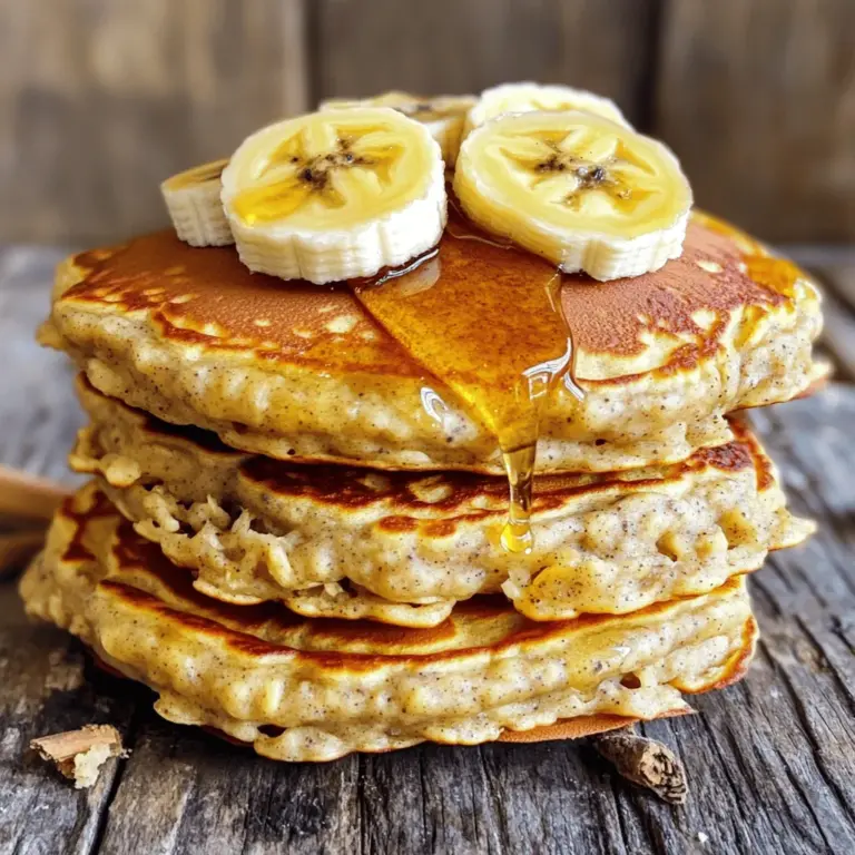 To make these savory banana oatmeal pancakes, you'll need simple ingredients. Here’s what to gather: - 1 cup rolled oats - 2 ripe bananas, mashed - 1 cup almond milk (or any milk of choice) - 1 teaspoon baking powder - 1/2 teaspoon cinnamon - 1/4 teaspoon salt - 1 teaspoon vanilla extract - 2 tablespoons honey or maple syrup (optional) - Coconut oil or non-stick spray for cooking Each ingredient plays a key role. The oats provide fiber, while bananas add natural sweetness. Almond milk keeps it light and creamy. Baking powder ensures fluffiness. Cinnamon and salt enhance the flavor. Vanilla extract adds warmth, and honey or maple syrup is for extra sweetness, if you like. You’ll want to measure these out before starting to keep the process smooth. Ready to blend? For the full recipe, check out the instructions later in this article! First, gather your ingredients. You need rolled oats, bananas, almond milk, baking powder, cinnamon, salt, and vanilla extract. - Add all the items to your blender. - Blend until the mix is smooth. You want the batter to be thick yet pourable. If it feels too thick, pour in a little more almond milk. This helps achieve the right pancake batter consistency. If you like it sweeter, add honey or maple syrup now. Now, heat your skillet over medium heat. Grease it lightly with coconut oil or non-stick spray. - Once the skillet is hot, pour 1/4 cup of batter for each pancake. - Cook until you see bubbles form on top, about 2-3 minutes. When the edges look set, flip the pancakes. Cook for another 2-3 minutes until golden brown. Adjust the heat if needed to avoid burning. Repeat this until all the batter is cooked. Serve your pancakes warm and add your favorite toppings. Fresh fruit, nuts, or a drizzle of honey or maple syrup work great. For a fun presentation, stack the pancakes high. Sprinkle some sliced bananas and a dash of cinnamon on top. You can also add a dollop of yogurt for extra creaminess. Enjoy your meal! For the full recipe, check the details above. To get the best pancakes, focus on the batter first. The right consistency is key. If your batter is too thick, add more almond milk. This change makes the pancakes fluffier. If it’s too runny, add a bit more oats. Keep mixing until it feels just right. Next, let’s talk about cooking temperature. Medium heat works best for even cooking. Too high, and the pancakes burn on the outside. Too low, and they won’t cook through. Always preheat your skillet before pouring the batter. This way, you get a nice golden brown on each side. You can swap out sugar for honey or maple syrup. These natural sweeteners add flavor without too much sugar. You can also skip them if you prefer less sweetness. If you want a dairy-free option, almond milk works great. You can use oat milk or coconut milk, too. These options keep your pancakes tasty and healthy. They fit well into many diets, making them a great choice for everyone. {{image_2}} To make vegan banana oatmeal pancakes, swap out the regular milk for almond milk. You can also use maple syrup instead of honey. This keeps your pancakes tasty while sticking to vegan guidelines. If you enjoy a thicker pancake, add a bit more oat flour or ground oats. This adjustment helps achieve a fluffy texture. To make gluten-free banana oatmeal pancakes, choose certified gluten-free oats. Regular oats may contain traces of gluten, which can affect those with allergies. Gluten-free oats are safe and delicious for everyone. You can also grind these oats into flour for a smoother batter. This option gives you more control over the pancake's texture. For extra flavor, consider adding mix-ins. Chopped nuts or chocolate chips work well in the batter. You can also try adding blueberries or sliced strawberries for a fruity twist. These additions not only enhance taste but also add texture. If you want a hint of spice, a dash of nutmeg or vanilla can elevate your pancakes. You can find the full recipe [here](#). To keep your pancakes fresh, use an airtight container. Stack the pancakes with parchment paper in between. This step prevents them from sticking together. Place the container in the fridge if you plan to eat them in a few days. For longer storage, freeze the pancakes. Wrap each pancake in plastic wrap, then place them in a freezer bag. This method helps keep them from freezer burn. You can store them for up to three months. To reheat pancakes while keeping them fluffy, use the microwave or a skillet. If you choose the microwave, place a damp paper towel over the pancakes. Heat them for about 20 to 30 seconds. This keeps the pancakes moist. If you prefer a skillet, warm it over low heat. Add a small amount of oil if needed. Place the pancakes on the skillet for 1-2 minutes per side. This way, they become warm and fluffy again. For more tips and the full recipe, check the recipe section. Yes, you can use quick oats. Quick oats cook faster and blend easier. They create a smoother pancake batter. However, rolled oats give a heartier texture. If you want a chewier pancake, stick with rolled oats. To make the pancakes nut-free, switch to oat milk or soy milk. Both are great choices. You can also use rice milk or coconut milk. Just pick a milk that fits your taste. This way, you can enjoy the pancakes without nuts. You have many fun options for toppings. Fresh fruit like berries or sliced bananas adds color and flavor. A drizzle of honey or maple syrup gives sweetness. Try adding yogurt for creaminess. Nuts or seeds can add crunch, too. Mix and match your favorites! You now have a simple recipe for delicious banana oatmeal pancakes. We covered ingredients, step-by-step cooking, and options to make them healthier or allergen-friendly. You learned how to store leftovers and reheat them without losing fluffiness. These pancakes are fun to make and easy to enjoy. I encourage you to try different mix-ins or toppings next time. Discover your favorite ways to enjoy this tasty dish!