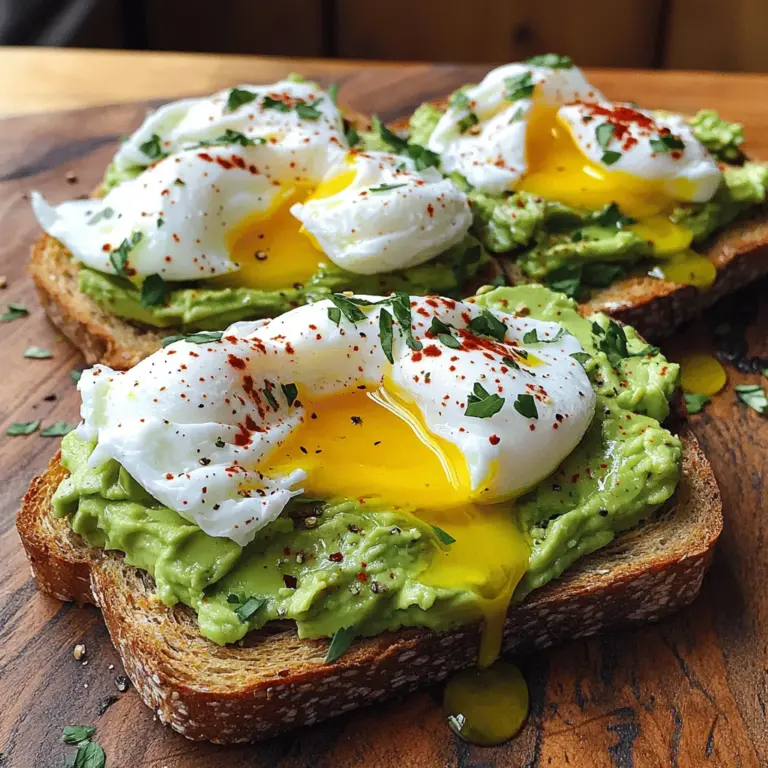 - 2 ripe avocados - 4 slices of whole grain bread - 4 large eggs - 1 tablespoon lemon juice - 1 teaspoon garlic powder - 1 teaspoon red pepper flakes - Salt and pepper to taste - Fresh herbs (such as cilantro or parsley) for garnish - Olive oil for drizzling For this avocado toast with poached egg recipe, gather fresh, high-quality ingredients. Ripe avocados are key. They should feel soft but not mushy when you press them. Whole grain bread adds fiber and flavor. Eggs should be large and fresh for the best taste and texture. Lemon juice keeps the avocado green and adds a zesty kick. Garlic powder adds depth. The red pepper flakes bring heat, so adjust based on your taste. Salt and pepper are essential for balance. Fresh herbs not only enhance flavor but add color. A drizzle of olive oil gives richness and ties all the flavors together. This combination of ingredients will create a tasty breakfast that is both satisfying and nutritious. For the full recipe, check out the detailed instructions. 1. Simmering the water: Fill a pot with water. Bring it to a gentle simmer. Add a splash of vinegar for better shape. This step is key for good poaching. 2. Creating a whirlpool: Crack an egg into a small bowl. Use a spoon to stir the water, making a whirlpool. Carefully slide the egg into the center of the whirlpool. 3. Timing for perfect poaching: Let the egg poach for 3-4 minutes. The white should be set, and the yolk should stay runny. Use a slotted spoon to lift it out. Set it on a paper towel. Repeat for each egg. 1. Choosing the right bread: Use whole grain bread for a hearty base. It adds fiber and flavor. 2. Toasting techniques for optimal crunch: Toast the slices until they are golden brown. This gives a great crunch. A good toaster or a skillet works well here. 1. Mashing techniques: Cut the ripe avocados in half. Scoop out the flesh and place it in a bowl. Use a fork to mash it until creamy. 2. Flavor additions for enhanced taste: Add 1 tablespoon of lemon juice and 1 teaspoon of garlic powder. Season with salt and pepper. Mix until well combined. This adds a zesty kick. 1. Spreading the avocado: Take the toasted bread. Spread a generous layer of the avocado mixture on top. 2. Placing the poached egg: Carefully set a poached egg on each slice of toast. 3. Final touches with spices and herbs: Sprinkle red pepper flakes for heat. Drizzle a bit of olive oil over the top. Finish with fresh herbs for extra flavor and color. For more details, check the Full Recipe. To get the best poached egg, start with fresh eggs. Fresh eggs hold their shape better. Add a splash of vinegar to the simmering water. This helps the egg white stay tight. Cook the egg for about 3-4 minutes. The white should be set, but the yolk must stay runny. Common pitfalls? Don't stir the water too fast. It can break the egg apart. Also, avoid overcooking. If you cook it too long, the yolk will firm up. You can add new flavors to your avocado toast. Consider crumbling feta cheese on top. Smoked salmon also pairs well with avocado. It adds a rich, savory taste. For seasonal veggies, try adding sliced radishes or cherry tomatoes. Grilled asparagus or sautéed spinach can add great flavor too. These options keep your meal fresh and exciting. Presentation matters when serving avocado toast. Use a wooden board or a nice plate. Drizzle extra olive oil over the toast for shine. Garnish with microgreens for a pop of color. Pair your toast with fresh juice or a light tea. A bright drink will enhance the meal's flavors. Enjoy the balance of tastes and textures! {{image_2}} To keep avocado fresh, store it properly. Cut avocado turns brown due to air. To slow this, keep the pit in the unused half. You can also sprinkle lemon juice over the flesh. This acid helps prevent browning. For best results, wrap the avocado in plastic wrap. Place it in an airtight container. Store it in the fridge. Use it within 1-2 days for the best taste and color. If you have leftover toast, refresh it to regain crunch. Preheat your oven to 350°F (175°C). Place the toast on a baking sheet. Heat for about 5-10 minutes. This method brings back the crispiness without burning. Avoid the microwave. It makes the toast soggy and chewy. If you don't want to use the oven, you can also use a toaster. Just toast it again for a short time. You can prep avocado toast ahead of time. Make the avocado mixture and store it. Keep it in an airtight container in the fridge. Use it within 1-2 days for best taste. For meal prep, slice the bread and toast it. Store the toast in a dry place. You can also freeze the avocado mixture in small bags. Defrost it in the fridge overnight before using. This keeps everything fresh and tasty. For more details, check the Full Recipe to guide your cooking journey. When making avocado toast, the bread matters. You have options to suit your taste. Whole grain bread is a classic choice. It adds fiber and a hearty base. You might also like sourdough. It has a tangy flavor and a chewy crust. If gluten is a concern, try gluten-free bread. Many brands offer great taste and texture. Look for options made from almond or rice flour. These can be just as satisfying. You can change how you cook the egg on top. If you prefer scrambled eggs, go for it! Just whisk the eggs in a bowl and cook them in a pan. Fried eggs are also tasty. Cook them sunny-side-up for a runny yolk. If you want a different option, consider baked eggs. Simply crack eggs into a ramekin and bake them. For those who avoid eggs, try tofu. Silken tofu works well as a substitute. It absorbs flavors and is a healthy choice. Spice up your avocado toast with flavors. Try adding garlic powder for a kick. Red pepper flakes give it heat, too. Fresh herbs like cilantro or parsley add color and taste. You can also mix in cheese. Feta cheese crumbles or goat cheese add creaminess. For a twist, spread hummus or pesto under the avocado. This gives extra depth and richness. These variations let you customize your avocado toast. With different breads, eggs, and flavors, every bite can be exciting. For the full recipe, check out the details above. To poach an egg, start by filling a pot with water. Heat the water until it simmers gently. You can add a splash of vinegar to help the egg hold its shape. Crack the egg into a small bowl. Use a spoon to create a whirlpool in the simmering water. Then, slide the egg into the center. Let it poach for about 3-4 minutes. The white should be set, but the yolk stays runny. Use a slotted spoon to lift the egg out and place it on a paper towel to drain. This method gives you a perfect poached egg every time. You can prepare the components ahead of time, but it's best to put it together just before eating. Toasting the bread and mashing the avocado can be done in advance. However, keep the avocado in an airtight container to avoid browning. You can store the toast in the fridge for a few hours, but it’s best fresh. When ready to serve, add the poached egg for a warm and tasty breakfast. To keep your avocado green, add lemon juice right after mashing. The acid in the juice slows browning. Store the avocado in an airtight container. You can also cover it with plastic wrap, pressing it directly onto the surface. If you have leftover slices, add onion slices to the container. The gases from the onion can help keep the avocado fresh. Yes, avocado toast is a healthy option. Avocados are full of good fats, fiber, and vitamins. Whole grain bread adds fiber and keeps you full longer. This dish also gives you energy to start your day. Just be mindful of portions and toppings to keep it balanced. There are many fun ways to enjoy avocado toast! You can add toppings like feta cheese, smoked salmon, or sliced tomatoes. Try adding a poached egg, as we do in the full recipe. For a spicy kick, sprinkle on some chili flakes or hot sauce. You can even swap out whole grain bread for gluten-free options or sourdough. The possibilities are endless! This article explored how to create delicious avocado toast. We discussed the necessary ingredients and provided a step-by-step guide for perfect poached eggs and toasting bread. I shared tips for storage and presented various toppings and variations. Remember, avocado toast is versatile and simple. You can make it your own with flavor tweaks or different breads. Whether enjoyed for breakfast or a snack, it's a dish that's both nourishing and tasty. Happy cooking!