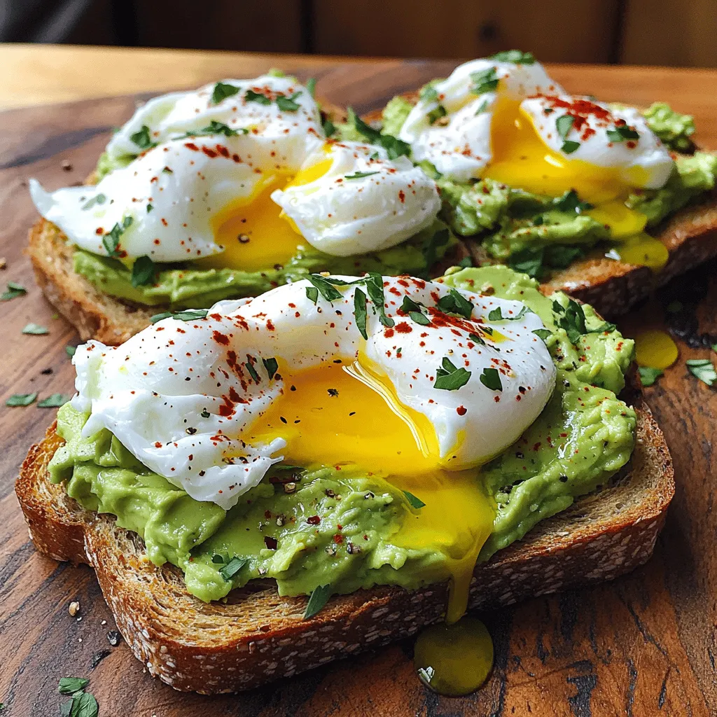 - 2 ripe avocados - 4 slices of whole grain bread - 4 large eggs - 1 tablespoon lemon juice - 1 teaspoon garlic powder - 1 teaspoon red pepper flakes - Salt and pepper to taste - Fresh herbs (such as cilantro or parsley) for garnish - Olive oil for drizzling For this avocado toast with poached egg recipe, gather fresh, high-quality ingredients. Ripe avocados are key. They should feel soft but not mushy when you press them. Whole grain bread adds fiber and flavor. Eggs should be large and fresh for the best taste and texture. Lemon juice keeps the avocado green and adds a zesty kick. Garlic powder adds depth. The red pepper flakes bring heat, so adjust based on your taste. Salt and pepper are essential for balance. Fresh herbs not only enhance flavor but add color. A drizzle of olive oil gives richness and ties all the flavors together. This combination of ingredients will create a tasty breakfast that is both satisfying and nutritious. For the full recipe, check out the detailed instructions. 1. Simmering the water: Fill a pot with water. Bring it to a gentle simmer. Add a splash of vinegar for better shape. This step is key for good poaching. 2. Creating a whirlpool: Crack an egg into a small bowl. Use a spoon to stir the water, making a whirlpool. Carefully slide the egg into the center of the whirlpool. 3. Timing for perfect poaching: Let the egg poach for 3-4 minutes. The white should be set, and the yolk should stay runny. Use a slotted spoon to lift it out. Set it on a paper towel. Repeat for each egg. 1. Choosing the right bread: Use whole grain bread for a hearty base. It adds fiber and flavor. 2. Toasting techniques for optimal crunch: Toast the slices until they are golden brown. This gives a great crunch. A good toaster or a skillet works well here. 1. Mashing techniques: Cut the ripe avocados in half. Scoop out the flesh and place it in a bowl. Use a fork to mash it until creamy. 2. Flavor additions for enhanced taste: Add 1 tablespoon of lemon juice and 1 teaspoon of garlic powder. Season with salt and pepper. Mix until well combined. This adds a zesty kick. 1. Spreading the avocado: Take the toasted bread. Spread a generous layer of the avocado mixture on top. 2. Placing the poached egg: Carefully set a poached egg on each slice of toast. 3. Final touches with spices and herbs: Sprinkle red pepper flakes for heat. Drizzle a bit of olive oil over the top. Finish with fresh herbs for extra flavor and color. For more details, check the Full Recipe. To get the best poached egg, start with fresh eggs. Fresh eggs hold their shape better. Add a splash of vinegar to the simmering water. This helps the egg white stay tight. Cook the egg for about 3-4 minutes. The white should be set, but the yolk must stay runny. Common pitfalls? Don't stir the water too fast. It can break the egg apart. Also, avoid overcooking. If you cook it too long, the yolk will firm up. You can add new flavors to your avocado toast. Consider crumbling feta cheese on top. Smoked salmon also pairs well with avocado. It adds a rich, savory taste. For seasonal veggies, try adding sliced radishes or cherry tomatoes. Grilled asparagus or sautéed spinach can add great flavor too. These options keep your meal fresh and exciting. Presentation matters when serving avocado toast. Use a wooden board or a nice plate. Drizzle extra olive oil over the toast for shine. Garnish with microgreens for a pop of color. Pair your toast with fresh juice or a light tea. A bright drink will enhance the meal's flavors. Enjoy the balance of tastes and textures! {{image_2}} To keep avocado fresh, store it properly. Cut avocado turns brown due to air. To slow this, keep the pit in the unused half. You can also sprinkle lemon juice over the flesh. This acid helps prevent browning. For best results, wrap the avocado in plastic wrap. Place it in an airtight container. Store it in the fridge. Use it within 1-2 days for the best taste and color. If you have leftover toast, refresh it to regain crunch. Preheat your oven to 350°F (175°C). Place the toast on a baking sheet. Heat for about 5-10 minutes. This method brings back the crispiness without burning. Avoid the microwave. It makes the toast soggy and chewy. If you don't want to use the oven, you can also use a toaster. Just toast it again for a short time. You can prep avocado toast ahead of time. Make the avocado mixture and store it. Keep it in an airtight container in the fridge. Use it within 1-2 days for best taste. For meal prep, slice the bread and toast it. Store the toast in a dry place. You can also freeze the avocado mixture in small bags. Defrost it in the fridge overnight before using. This keeps everything fresh and tasty. For more details, check the Full Recipe to guide your cooking journey. When making avocado toast, the bread matters. You have options to suit your taste. Whole grain bread is a classic choice. It adds fiber and a hearty base. You might also like sourdough. It has a tangy flavor and a chewy crust. If gluten is a concern, try gluten-free bread. Many brands offer great taste and texture. Look for options made from almond or rice flour. These can be just as satisfying. You can change how you cook the egg on top. If you prefer scrambled eggs, go for it! Just whisk the eggs in a bowl and cook them in a pan. Fried eggs are also tasty. Cook them sunny-side-up for a runny yolk. If you want a different option, consider baked eggs. Simply crack eggs into a ramekin and bake them. For those who avoid eggs, try tofu. Silken tofu works well as a substitute. It absorbs flavors and is a healthy choice. Spice up your avocado toast with flavors. Try adding garlic powder for a kick. Red pepper flakes give it heat, too. Fresh herbs like cilantro or parsley add color and taste. You can also mix in cheese. Feta cheese crumbles or goat cheese add creaminess. For a twist, spread hummus or pesto under the avocado. This gives extra depth and richness. These variations let you customize your avocado toast. With different breads, eggs, and flavors, every bite can be exciting. For the full recipe, check out the details above. To poach an egg, start by filling a pot with water. Heat the water until it simmers gently. You can add a splash of vinegar to help the egg hold its shape. Crack the egg into a small bowl. Use a spoon to create a whirlpool in the simmering water. Then, slide the egg into the center. Let it poach for about 3-4 minutes. The white should be set, but the yolk stays runny. Use a slotted spoon to lift the egg out and place it on a paper towel to drain. This method gives you a perfect poached egg every time. You can prepare the components ahead of time, but it's best to put it together just before eating. Toasting the bread and mashing the avocado can be done in advance. However, keep the avocado in an airtight container to avoid browning. You can store the toast in the fridge for a few hours, but it’s best fresh. When ready to serve, add the poached egg for a warm and tasty breakfast. To keep your avocado green, add lemon juice right after mashing. The acid in the juice slows browning. Store the avocado in an airtight container. You can also cover it with plastic wrap, pressing it directly onto the surface. If you have leftover slices, add onion slices to the container. The gases from the onion can help keep the avocado fresh. Yes, avocado toast is a healthy option. Avocados are full of good fats, fiber, and vitamins. Whole grain bread adds fiber and keeps you full longer. This dish also gives you energy to start your day. Just be mindful of portions and toppings to keep it balanced. There are many fun ways to enjoy avocado toast! You can add toppings like feta cheese, smoked salmon, or sliced tomatoes. Try adding a poached egg, as we do in the full recipe. For a spicy kick, sprinkle on some chili flakes or hot sauce. You can even swap out whole grain bread for gluten-free options or sourdough. The possibilities are endless! This article explored how to create delicious avocado toast. We discussed the necessary ingredients and provided a step-by-step guide for perfect poached eggs and toasting bread. I shared tips for storage and presented various toppings and variations. Remember, avocado toast is versatile and simple. You can make it your own with flavor tweaks or different breads. Whether enjoyed for breakfast or a snack, it's a dish that's both nourishing and tasty. Happy cooking!
