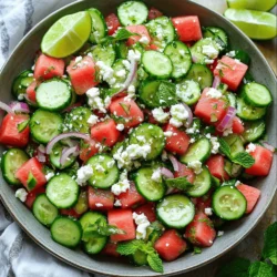 To make the Cucumber Watermelon Feta Salad, you need these fresh ingredients: - 2 cups cucumber, diced - 3 cups watermelon, diced (seedless if possible) - 1 cup feta cheese, crumbled - ¼ cup red onion, thinly sliced - ¼ cup fresh mint leaves, chopped - 3 tablespoons olive oil - 2 tablespoons lime juice - Salt and black pepper to taste These ingredients come together to create a bright, refreshing dish. The cool cucumber pairs well with sweet watermelon, and the feta adds a creamy touch. Fresh mint lifts the salad with its fragrant taste. The lime juice and olive oil dressing tie everything together for a zesty kick. You can find the full recipe [Full Recipe]. First, gather your ingredients. You will need cucumbers, watermelon, red onion, feta cheese, and fresh mint. - Dicing the cucumber and watermelon: Start by washing the cucumbers. Cut them in half lengthwise, then slice them into small pieces. For the watermelon, cut it into cubes. Make sure you remove any seeds if needed. - Slicing the red onion: Take a red onion and peel off the skin. Slice it thinly. This will add a nice crunch and flavor to the salad. - Chopping the mint leaves: Rinse the mint leaves gently. Stack them, roll them up, and chop them finely. This will release their fresh aroma. Next, we make the dressing. It’s quick and easy! - Whisking olive oil and lime juice: In a small bowl, pour three tablespoons of olive oil. Add two tablespoons of lime juice. Use a whisk or fork to mix them well. - Adding seasoning: Sprinkle in salt and black pepper to taste. Adjust according to your preference for flavor. Now, it's time to bring everything together. - Combining all components in a mixing bowl: In a large mixing bowl, combine the diced cucumber, watermelon, sliced red onion, and crumbled feta cheese. - Tossing the salad together: Pour the dressing over the salad mix. Gently toss everything together. Make sure each piece is coated in the dressing. - Allowing flavors to meld: Let the salad sit for about 10 minutes. This step is key! It helps the flavors mix and enhances the taste. For the full recipe, check out the details. Enjoy your fresh and flavorful cucumber watermelon feta salad! To keep your cucumber watermelon feta salad fresh, use ripe fruits and crisp veggies. Choose a watermelon that feels heavy for its size and has a uniform color. For cucumbers, look for firm ones with smooth skin. Wash all ingredients well before cutting. Having the right tools makes prep easy. A sharp knife helps with cutting. A large bowl is best for mixing. Use a whisk for the dressing. These tools save time and keep your kitchen neat. When serving, presentation matters. Use a large, shallow bowl for the salad. This makes it look inviting. Garnish with extra mint leaves on top for a pop of green. Squeeze fresh lime juice over the salad just before serving. This adds a zesty touch. Pair this salad with grilled chicken or fish for a complete meal. It also works well as a side dish for summer barbecues. Serve it alongside crusty bread for a nice contrast. Want to boost the flavor? Try adding a pinch of chili powder for heat. A splash of balsamic vinegar can add depth. You can also mix in diced avocado for creaminess. If you like nuts, sprinkle some toasted walnuts or almonds on top. These add crunch and richness. Each of these suggestions adds a unique twist to your salad. For the full recipe, refer to the section above. {{image_2}} You can easily switch up the ingredients in this salad. Here are some fun ideas: - Adding other fruits or vegetables: Try adding strawberries or mango for a sweet twist. Bell peppers can add a nice crunch too. You can also use zucchini if you want a different veggie. - Alternative cheese options: If you want a dairy-free choice, use avocado instead of feta. You can also try goat cheese for a tangy flavor. You can adapt this salad to fit many diets: - Making it vegan or gluten-free: To make it vegan, skip the feta cheese or use a plant-based cheese. This salad is already gluten-free since it uses fresh fruits and vegetables. - Low-calorie options: Reduce the olive oil for a lighter dressing. You can also use a vinegar-based dressing to cut calories while keeping flavor. You can change this salad based on what's in season: - Tailoring ingredients based on seasonality: In summer, use fresh basil instead of mint. In fall, add roasted pumpkin or squash for a warm touch. In winter, try pomegranate seeds for a pop of color and flavor. Feel free to explore the [Full Recipe] for more ideas! To keep your cucumber watermelon feta salad fresh, store it in the fridge. Use an airtight container for best results. This helps maintain the crispness of the cucumber and the juiciness of the watermelon. It will stay fresh for about 2 to 3 days. Freezing this salad is not recommended. The water from the watermelon will make the salad mushy when thawed. Enjoy it fresh for the best taste and texture. For the best flavor, eat the salad within 2 to 3 days after making it. The longer it sits, the more the flavors change. If you want a crisp salad, consume it sooner. For a full recipe, check out the detailed instructions! How to make cucumber watermelon feta salad? To make cucumber watermelon feta salad, you start by dicing two cups of cucumber and three cups of watermelon. Then, add one cup of crumbled feta cheese and a quarter cup of thinly sliced red onion. Next, whisk together three tablespoons of olive oil, two tablespoons of lime juice, salt, and black pepper in a separate bowl. Pour this dressing over the salad and toss gently. Lastly, let it sit for ten minutes to blend the flavors. Can I make it ahead of time? Yes, you can make this salad ahead of time. It tastes even better after sitting for a while. However, I suggest adding the dressing just before serving to keep the cucumber and watermelon crisp. What can I substitute for feta cheese? If you need a substitute for feta cheese, try using goat cheese or ricotta. For a dairy-free option, use crumbled tofu or a cashew cheese. These options provide similar flavors and textures. Is this salad gluten-free? Yes, this salad is gluten-free. All the ingredients are naturally gluten-free, making it a perfect choice for those with gluten sensitivities. How long does the salad last in the fridge? The salad lasts for about two days in the fridge. To keep it fresh, store it in an airtight container. The longer it sits, the more the flavors blend together, but the texture may change. Caloric information per serving Each serving of cucumber watermelon feta salad has about 150 calories. This makes it a light and refreshing dish. Nutrient breakdown of key ingredients - Cucumber: low in calories and high in water content. - Watermelon: rich in vitamins A and C, and hydrating. - Feta cheese: provides protein and calcium. - Olive oil: contains healthy fats. - Mint: adds flavor without extra calories. These ingredients create a balanced dish that is both tasty and nutritious. For the full recipe, check out the detailed instructions above. This blog post explored the tasty cucumber watermelon feta salad. We covered ingredients, preparation steps, and tips for serving. Fresh ingredients make a big difference in flavor. Consider dietary needs with substitutions as you experiment. Store it properly to enjoy later, and always remember, this salad is versatile and fun. With these tips, you can create a refreshing dish perfect for any occasion. Dive in and enjoy your salad adventure!