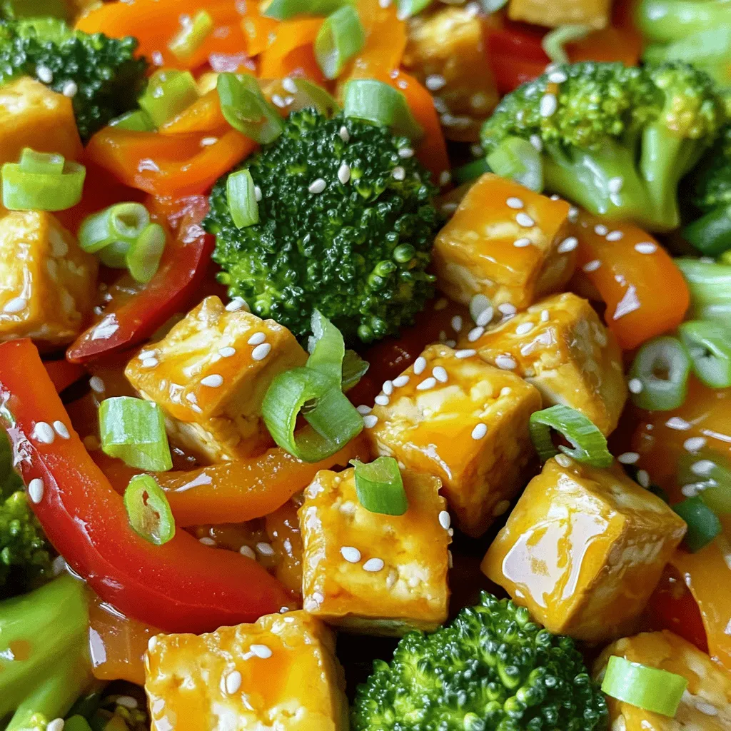- 14 oz firm tofu, pressed and cubed - 1 red bell pepper, sliced - 1 cup broccoli florets - 1 carrot, thinly sliced Tofu is the star of this dish. It holds flavors well and gives a nice texture. I love using firm tofu for this stir fry. It stays together while cooking. Fresh vegetables add color and crunch. You can choose your favorites, but I suggest bell peppers, broccoli, and carrots for a vibrant mix. - 1/4 cup soy sauce - 1/4 cup fresh orange juice - 1 tablespoon fresh ginger, grated - 3 cloves garlic, minced - 2 tablespoons honey or maple syrup - 1 teaspoon sesame oil The sauce packs a punch! Soy sauce adds saltiness, while fresh orange juice gives a sweet and tangy flavor. Ginger and garlic bring warmth and depth. Honey or maple syrup balances the taste. Sesame oil adds a rich, nutty finish. These flavors work together to create a delightful stir fry. - Green onions - Sesame seeds Garnishes make the dish pop! Green onions add a fresh taste and a lovely color. Sesame seeds give a nice crunch and a bit of nuttiness. They also make the dish look fancy. Just sprinkle them on top before serving for a beautiful finish. For the full recipe, check out the complete instructions. - Pressing and cubing the tofu To start, you need to press the tofu. This step removes extra water. Place the tofu on a plate. Put another plate on top, then add a weight. Let it sit for 15-20 minutes. After pressing, cut the tofu into 1-inch cubes. This size helps it cook evenly. - Coating tofu in cornstarch Next, take the cubed tofu and toss it in cornstarch. This coating makes the tofu crispy when cooked. Make sure each piece is covered evenly. This step is key for a great texture. - Sautéing tofu until golden brown Heat a large skillet or wok over medium-high heat. Add 1 tablespoon of vegetable oil. Once the oil is hot, add the tofu cubes. Cook them for 8-10 minutes. Turn them to brown all sides. When they are golden brown, remove them from the pan and set aside. - Stir-frying vegetables In the same skillet, add another tablespoon of oil. Add the sliced red bell pepper, broccoli florets, and thinly sliced carrot. Stir-fry for about 4-5 minutes. You want the vegetables to be tender and colorful. - Mixing sauce ingredients In a small bowl, whisk together soy sauce, fresh orange juice, honey or maple syrup, and sesame oil. This sauce adds flavor to the dish. Make sure it mixes well. - Tossing tofu and vegetables Now, add the minced garlic and grated ginger to the skillet. Stir for about 30 seconds until fragrant. Pour the sauce over the veggies. Add the crispy tofu back to the pan. Toss everything together so the sauce coats all the ingredients. Cook for another 2-3 minutes until heated through. Enjoy this delicious meal! For more tips and details, check the Full Recipe. Pressing the tofu is key. It removes water, so the tofu absorbs flavors better. For crispy texture, coat the tofu in cornstarch. This creates a nice crust when cooked. Make sure to fry it in hot oil until golden brown. Adding more spices can boost the dish. Try red pepper flakes for heat or garlic powder for depth. You can also swap soy sauce with tamari for gluten-free options. Experiment with different sauces, like teriyaki or hoisin, to change the taste. Serve your Orange Ginger Tofu Stir Fry with rice or noodles. Both options soak up the tasty sauce. You can add sides like steamed edamame or a fresh salad. These add color and more nutrition to your meal. For a fun twist, serve it in lettuce cups for a crunchy bite. Check out the Full Recipe for more ways to enjoy this dish! {{image_2}} If you're looking to switch up the protein in this dish, try tempeh or seitan. Both options have a chewy texture that works well with the sauce. Tempeh brings a nutty flavor, while seitan offers a meat-like experience. For a plant-based twist, use chickpeas or lentils. They are packed with protein and add a nice bite to your stir fry. You can also play with the veggies in this stir fry. Spinach or snap peas add a fresh, vibrant touch. They cook quickly and keep a nice crunch. Mushrooms or zucchini can bring an earthy flavor to the mix. They soak up the sauce well and add depth to the dish. For a gluten-free option, use tamari instead of soy sauce. Tamari has a similar taste but is made without wheat. It works perfectly in this recipe. If you need a cornstarch alternative, try arrowroot powder or potato starch. Both will help create that crispy tofu texture without gluten. For the full recipe, visit the [Full Recipe]. To keep your Orange Ginger Tofu Stir Fry fresh, store leftovers in the fridge. Place the stir fry in an airtight container. This helps to prevent moisture loss and keeps flavors intact. Consume within three days for the best taste. When reheating, you can use a microwave or stovetop. Microwaving is quick but may make the tofu soggy. For better texture, use the stovetop. Heat in a pan over medium heat. Stir gently until warmed, which helps keep the tofu crispy. You can freeze the stir fry for later use. First, cool it completely. Then, place it in a freezer-safe container. Be sure to leave space for expansion. To thaw, move it to the fridge overnight. Heat it on the stovetop for best results, ensuring the tofu stays firm and tasty. Orange Ginger Tofu Stir Fry lasts about 3 to 5 days in the fridge. Store it in an airtight container. This keeps the flavors fresh. When you want to eat it, just reheat it in a pan or microwave. Yes, you can easily make this dish vegan. The main ingredients are already plant-based. Use maple syrup instead of honey for the sweet taste. This keeps everything vegan-friendly while still being delicious. If you don’t have fresh ginger, you can use ground ginger. Use about 1 teaspoon of ground ginger for every tablespoon of fresh ginger. While it won't taste the same, it still adds a nice flavor. Yes, this stir fry is very healthy. It includes fresh vegetables and tofu, which is a great protein source. The dish is low in calories and high in nutrients. You get vitamins, minerals, and good fats from the oils. Absolutely! You can adjust the sweetness to your liking. If you want it sweeter, add more honey or maple syrup. If you prefer less sweetness, reduce the amount. Taste as you go to find what you enjoy. You can serve this stir fry with rice or noodles for a complete meal. Brown rice or quinoa adds fiber. You may also add a side salad for extra crunch and freshness. For a twist, try serving it with cauliflower rice! For the full recipe, check out the complete guide. In this blog post, I shared how to make a delicious Orange Ginger Tofu Stir Fry. We covered the main and flavoring ingredients, with tips for perfect tofu texture. I provided step-by-step instructions for preparation and cooking, along with variations for different diets. Storing and reheating tips help you enjoy leftovers. Now, you have the tools to create a tasty and healthy dish. Experiment and find what you love. Enjoy your stir fry journey!