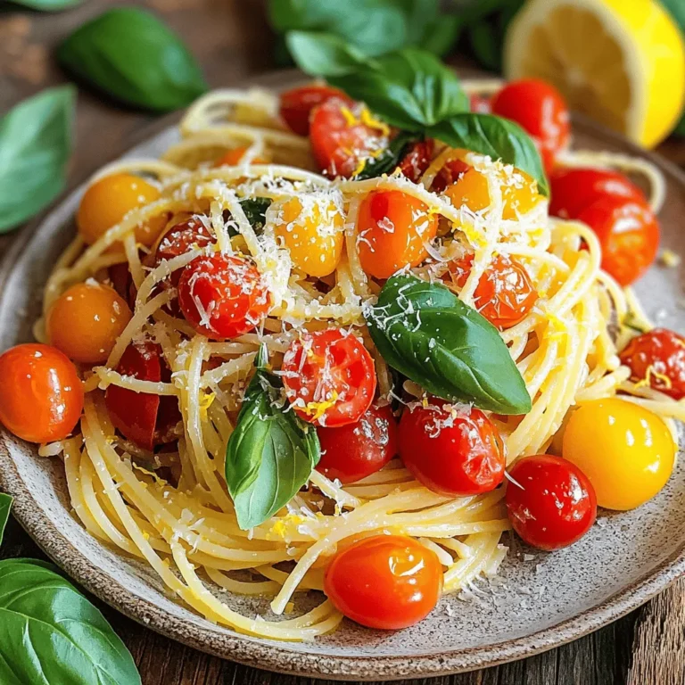 - 8 oz spaghetti or linguine - 4 ripe heirloom tomatoes, diced - 1 cup cherry tomatoes, halved - 4 cloves garlic, minced - 1 cup fresh basil leaves, packed - 1/4 cup extra virgin olive oil - 1 teaspoon red pepper flakes (optional) - Salt and pepper to taste - 1/2 cup grated Parmigiano-Reggiano cheese - Zest of 1 lemon The key to a great fresh tomato basil pasta lies in the ingredients. I love using heirloom tomatoes. They bring a sweet and rich flavor. Cherry tomatoes add a burst of juiciness that brightens the dish. When you choose tomatoes, pick ones that feel heavy and smell fragrant. Fresh basil is essential. Its aroma enhances the pasta. I often grab a handful and tear the leaves right before using them. This helps release their oils and flavor. Garlic adds depth. Mince it finely and sauté it just right. You want it fragrant but not brown. The red pepper flakes are optional. They give a gentle heat, perfect for those who enjoy a little spice. Don't forget quality olive oil. Extra virgin adds richness. It coats the pasta beautifully. Finally, the lemon zest brightens the dish, making it lively. For a creamy finish, I sprinkle Parmigiano-Reggiano cheese. It melts slightly, making each bite delicious. Gather these ingredients for a fresh and flavorful dish. For the full recipe, check out the detailed instructions in the article. First, fill a large pot with water. Add a good amount of salt. This helps the pasta taste great. Bring the water to a boil. Once boiling, add 8 ounces of spaghetti or linguine. Cook it according to package directions until it's al dente. This means it should be firm but not hard. Reserve one cup of pasta water before draining the rest. Set the pasta aside for later. Next, grab a large skillet. Pour in 1/4 cup of extra virgin olive oil and heat it over medium heat. Wait until the oil is hot but not smoking. Add 4 cloves of minced garlic. Sauté it for about 1-2 minutes. You’ll know it’s ready when it smells amazing but hasn’t browned. This step adds a rich flavor to your dish. Now, it’s time for the star of the dish! Add 4 diced heirloom tomatoes and 1 cup of halved cherry tomatoes to the skillet. Stir them in and let them cook for about 5-7 minutes. Watch as they soften and release their juices. If you like a bit of heat, toss in 1 teaspoon of red pepper flakes now. This will give your sauce a nice kick. Adjust the cooking time based on how juicy you want your sauce. Once the tomatoes are ready, add the cooked pasta to the skillet. Toss everything together gently. If the sauce feels too thick, use some of that reserved pasta water to loosen it up. Just add a little at a time until you reach the consistency you want. This step ensures every noodle is coated in that tasty sauce. Remove the skillet from heat. Now, fold in 1 cup of fresh basil leaves. Add in 1/2 cup of grated Parmigiano-Reggiano cheese and the zest of one lemon. This adds brightness to the dish. Remember to season with salt and pepper to taste. These final touches make your pasta flavorful and fresh. For the full recipe, check out the details above! To make the best fresh tomato basil pasta, start with the right tomatoes. Heirloom tomatoes shine with flavor. They give your dish a sweet and tangy taste. Cherry tomatoes add brightness and juiciness. Mixing both types creates a delightful blend. When cooking, use medium heat for the garlic. This prevents burning and keeps the flavor bright. Let the garlic cook until it turns fragrant. Then, add the tomatoes. Allow them to soften for about five to seven minutes. This step helps release their natural juices. For a kick, add red pepper flakes based on your taste. Make your dish pop with garnishes. Add whole basil leaves on top for color and freshness. A sprinkle of grated cheese adds a nice touch. Serve each plate with a slice of lemon. It brings a zesty aroma and contrast to the meal. Use a large pot for boiling pasta. A wide skillet works best for sautéing the garlic and tomatoes. These tools help in mixing everything well. A good wooden spoon is key for stirring without scratching your pans. Finally, having a sharp knife makes chopping tomatoes quick and easy. For the full recipe, check the detailed instructions provided above. {{image_2}} For those who need gluten-free options, you can use gluten-free pasta. Many brands offer great choices that taste delicious. Look for pasta made from brown rice or chickpeas. These options are tasty and provide good texture. If you are lactose intolerant, don't worry! You can swap Parmigiano-Reggiano with vegan cheese. Nutritional yeast is also a great choice. It adds a cheesy flavor without dairy. Try these options to keep your dish enjoyable and safe for everyone. Want to add more flavor? You can include protein like chicken or shrimp. Simply sauté them in the olive oil before adding garlic. This step adds depth and makes the dish heartier. You can also throw in seasonal vegetables. Spinach, zucchini, or bell peppers work well. Sauté these veggies along with the tomatoes. This adds color and nutrition to your plate. Changing the oil or dressing can give your dish a new twist. Try using flavored oils like garlic or chili oil. These will change the taste profile and make it exciting. For a unique kick, consider adding spices. Fresh oregano or basil can enhance the taste. If you like heat, a pinch of cayenne pepper can spice things up. Experiment to find your perfect blend! Feel free to check out the Full Recipe for detailed cooking instructions and tips. Store your fresh tomato basil pasta in an airtight container. Glass or plastic containers work well. Make sure the lid seals tight. You can keep leftovers in the fridge for up to three days. After that, the pasta may lose its taste and texture. To reheat, use the stove or microwave. If using the stove, warm it in a skillet over medium heat. Add a splash of water or olive oil to keep it moist. For the microwave, heat on medium power. Stir every minute for even heating. Aim for an internal temperature of 165°F. You can freeze this pasta for up to three months. To do this, cool the pasta first. Then, place it in a freezer-safe bag. Remove as much air as you can before sealing. When ready to eat, thaw it in the fridge overnight. For best results, separate the pasta from the sauce before freezing. This helps preserve the texture and flavor. What type of pasta works best for this recipe? I recommend using spaghetti or linguine for this dish. Both types hold the sauce well. The long strands twirl nicely around your fork, making each bite satisfying. Can I make this dish ahead of time? Yes, you can prepare it ahead. Cook the pasta and sauce, then store them separately. When ready to serve, just reheat. This helps keep the pasta from getting mushy. What can I use instead of Parmigiano-Reggiano? If you don’t have Parmigiano-Reggiano, try Grana Padano or Pecorino Romano. Both cheeses add a nice salty flavor. Nutritional yeast is a great vegan option too. How do I choose the best tomatoes for flavor? Look for ripe heirloom tomatoes or sweet cherry tomatoes. They are juicy and flavorful. The best tomatoes should feel heavy for their size and have a rich color. How do I know when the pasta is al dente? To check for al dente pasta, taste a piece. It should be firm to the bite, not soft. Usually, it cooks for about 8 to 10 minutes, but check the package for exact times. What should I do if my sauce is too thick? If your sauce gets too thick, add some reserved pasta water. This will loosen it without losing flavor. Start with a little, then stir until you reach the right consistency. This recipe for fresh tomato basil pasta combines simple ingredients with great flavors. You learned how to cook pasta perfectly and sauté garlic just right. The tips for choosing the best tomatoes and garnishing your dish help add flair. Remember, you can personalize the recipe with your favorite proteins or make it vegan. Proper storage keeps leftovers fresh, ensuring you can enjoy this dish again. With these steps, you can create a delicious meal that impresses everyone. Enjoy making your fresh pasta and feel free to experiment!