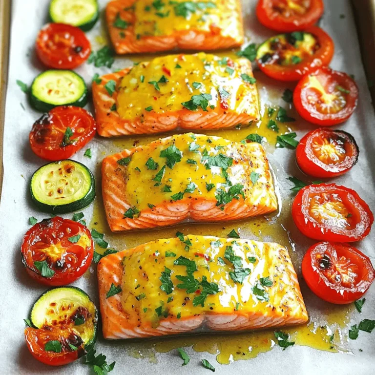 - 4 salmon fillets (about 6 ounces each) - 2 tablespoons olive oil - 3 cloves garlic, minced - Zest and juice of 1 large lemon - 1 teaspoon dried oregano - Salt and black pepper, to taste - 1 cup cherry tomatoes, halved - 1 medium zucchini, sliced into half-moons - 1 red bell pepper, sliced into strips - Fresh parsley, chopped (for garnish) When making sheet pan lemon garlic salmon, having the right ingredients is key. Each item plays an important role in the flavor. First, choose fresh salmon fillets. Look for fillets with bright color and a nice sheen. Fresh salmon has a mild smell and firm texture. This ensures a tasty dish. Next, olive oil adds richness. Use high-quality extra virgin olive oil for the best flavor. Garlic brings a strong, savory taste. Mince it finely so the flavor spreads well. The lemon zest and juice add brightness. The zest gives a strong lemon flavor without extra liquid. Dried oregano adds an earthy taste to balance the dish. Don’t forget salt and black pepper; they enhance all the flavors. For the veggies, cherry tomatoes add sweetness. Zucchini brings a nice crunch, and red bell pepper adds color and flavor. Finally, use fresh parsley to garnish. It adds a pop of color and freshness. This combination of ingredients makes the dish vibrant and full of flavor. For the full recipe, check the details above. First, preheat your oven to 400°F (200°C). This step ensures your salmon cooks evenly. Next, line a large baking sheet with parchment paper or aluminum foil. This makes cleanup easy and helps the salmon not stick. Now, let’s whisk together the olive oil, minced garlic, lemon zest, lemon juice, dried oregano, salt, and black pepper in a small bowl. This mixture gives your salmon a bright, zesty flavor. Make sure to mix it well so every ingredient blends nicely. Place the salmon fillets on the baking sheet, skin-side down. Use a brush or spoon to coat the salmon with the lemon garlic mixture. Make sure each fillet gets a good amount. This flavor will soak into the fish. Now, it’s time to add the veggies. Arrange the halved cherry tomatoes, zucchini slices, and red bell pepper strips around the salmon. This not only adds color but also makes a delicious side. Drizzle any leftover lemon garlic mixture over the vegetables. This helps them cook well and adds flavor. Roast the sheet pan in your preheated oven for 15 to 20 minutes. I often check around the 15-minute mark. Your salmon should flake easily with a fork when it's done. The vegetables should be tender, too. After cooking, remove the sheet pan from the oven. Let it cool for a couple of minutes. This time allows the flavors to settle. Garnish with fresh chopped parsley before serving. For the full recipe, check the complete guide and enjoy your meal! To get the best salmon, look for bright, moist fillets. The skin should be shiny and firm. Fresh salmon has no strong fishy smell. If you can, buy wild-caught salmon. It usually has a better taste than farmed salmon. For cooking, start with room temperature salmon. This helps it cook evenly. Use a meat thermometer to check the salmon. It should reach 145°F. This ensures it is safe to eat and tender. You can add more herbs to boost flavor. Try dill, thyme, or basil for a fresh twist. For a spicy kick, sprinkle in some red pepper flakes. Balancing the acidity of lemon is key. The lemon juice adds brightness to the dish. If it’s too strong, you can add a pinch of sugar. This will round out the flavors nicely. Serving this dish is easy. You can serve it straight from the pan. This gives a casual, homey feel. If you want a fancier look, transfer it to a platter. Arrange the salmon and veggies artfully. Don’t forget to add lemon wedges on the side. They add color and freshness. A sprinkle of fresh parsley on top elevates the dish. It looks gourmet without extra effort. For the full recipe, check out the [Full Recipe]. {{image_2}} You can swap vegetables to change the dish. Try using asparagus, green beans, or broccoli. These options add color and nutrients. Seasonal vegetables work great too. In spring, use fresh peas or baby carrots. In fall, roasted Brussels sprouts or sweet potatoes are perfect. Want to spice things up? Add chili flakes for heat. This gives your salmon a nice kick. You can also try different citrus flavors. Lime or orange zest can brighten the dish. Each choice adds its own twist to the taste. If you prefer chicken, use boneless breasts instead of salmon. Cook it for 25-30 minutes. For a plant-based option, tofu works well. Cut the tofu into cubes and bake for 20-25 minutes. Adjust cooking time based on the protein you choose. Each option brings its unique flavor to the meal. For the complete recipe, check out the Full Recipe. Store leftover salmon in an airtight container. This keeps the salmon moist and fresh. Place the container in the fridge. It will last for up to three days. For vegetables, use a separate container. Keep them fresh by not mixing them with the salmon. They will also stay good for three days. If you want to enjoy the meal later, you can prepare it ahead of time. Just store the salmon and vegetables separately. To reheat salmon, use a low heat setting. Set your oven to 275°F (135°C). Place the salmon on a baking sheet. Cover it with foil to prevent drying out. Heat for about 15 minutes. Check if it is warm enough. For vegetables, use the microwave. Heat them for 30 seconds at a time. Stir in between to ensure even heating. Yes, you can freeze this dish. Wrap the salmon tightly with plastic wrap. Then, place it in a freezer bag. This helps protect it from freezer burn. For vegetables, store them in a freezer-safe container. When you want to eat them, thaw in the fridge overnight. Reheat the salmon as mentioned above. This keeps the flavors intact. For best taste, eat within three months of freezing. For the full recipe, check the section above. It takes about 15 to 20 minutes to cook sheet pan lemon garlic salmon. Here’s how it breaks down: - Prep Time: 10 minutes - Cook Time: 15-20 minutes - Total Time: 25-30 minutes The salmon is done when it flakes easily with a fork. Keep an eye on it to avoid overcooking. Yes, you can use frozen salmon. For best results, thaw it first. Here’s how: - Thaw: Place the salmon in the fridge overnight or submerge it in cold water for quick thawing. - Cook Time: Frozen salmon may need an extra 5 minutes in the oven. Make sure to check doneness by looking for flakiness. This dish pairs well with many sides. Here are some ideas: - Rice: Serve with fluffy white or brown rice. - Quinoa: A healthy option that adds a nutty flavor. - Salad: A fresh green salad complements the salmon well. - Roasted Potatoes: Crispy roasted potatoes add heartiness. You can mix and match to suit your taste. For the full recipe, refer to the instructions above. This blog post gives you all the tools for making sheet pan lemon garlic salmon. We covered ingredients, easy steps, and helpful tips. You learned how to choose great salmon and the best ways to add flavor. Plus, we explored fun variations and storage tips. Now, it's your turn to cook this dish. Enjoy nutritious meals that impress everyone. With a bit of practice, you’ll make it perfectly every time. Enjoy your cooking journey!