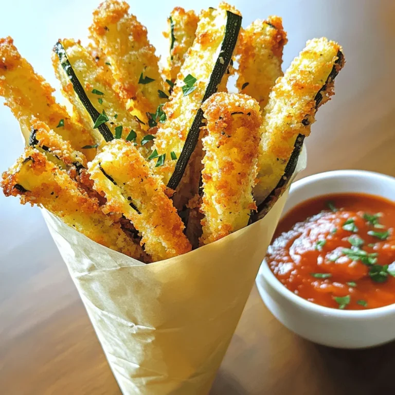 - 2 medium zucchinis - 1 cup breadcrumbs (preferably panko) - 1/2 cup grated Parmesan cheese - 1 teaspoon garlic powder - 1 teaspoon paprika - 1/2 teaspoon salt - 2 large eggs - Olive oil spray When I make crispy Parmesan zucchini fries, I start with fresh zucchinis. Their firm texture gives a great bite when baked. You will want to cut them into fry shapes. This helps them cook evenly. Next, I always use panko breadcrumbs. They are lighter and crispier than regular breadcrumbs. Combine the panko with grated Parmesan cheese. The cheese adds a rich flavor. For seasoning, garlic powder and paprika bring warmth and taste. A pinch of salt helps to enhance all the flavors. To bind everything, I use large eggs. They coat the zucchini well, allowing the breadcrumbs to stick. I finish it off with a light spray of olive oil. This step is key for achieving that satisfying crunch. You can find the full recipe in the earlier section. It guides you through each step with care. Enjoy making this fun snack! Start by preheating your oven to 425°F (220°C). This helps the fries cook evenly and get crispy. Next, line a baking sheet with parchment paper. This makes cleanup easy and keeps the fries from sticking. In a large bowl, mix the breadcrumbs, grated Parmesan cheese, garlic powder, paprika, salt, and black pepper. Stir until everything blends well. This mix gives the fries a tasty crunch. In another bowl, crack the two large eggs. Whisk them together until they are mixed well. Take each zucchini fry and dip it in the egg mixture. Make sure it is fully coated, then shake off any extra egg. Now, roll the zucchini fry in the breadcrumb mixture. Press it lightly to ensure it sticks. Place each coated fry on the prepared baking sheet. Once all the zucchini fries are on the baking sheet, lightly spray them with olive oil. This will help them crisp up while baking. Bake for 20-25 minutes, flipping them halfway through. You want them to be golden brown and crispy. After baking, let them cool slightly before serving. Enjoy your tasty snack! For the complete method, check the Full Recipe. To get the best crunch in my crispy Parmesan zucchini fries, I always use panko breadcrumbs. They add texture that regular breadcrumbs can't match. When I place the fries on the baking sheet, I make sure to space them out properly. This helps hot air flow around them, which makes them crispier. Flavor is key when making these fries. I like to add fresh herbs like oregano or basil to the breadcrumb mix. It gives a nice twist. You can also try different cheeses. Cheddar or mozzarella can add a fun flavor change. Just remember to adjust the amount to keep the right balance. You can choose to fry or bake your fries. Baking keeps them lighter, while frying adds that classic crunch. If you want to use an air fryer, cook them at a lower temperature for a shorter time. Check them often to avoid burning. For more details, you can follow the Full Recipe for all the cooking methods. {{image_2}} You can change the cheese to add more taste. Try using pecorino instead of Parmesan. This cheese gives a saltier and sharper flavor. You can also mix cheeses. Combine mozzarella, cheddar, or even gouda for a fun twist. Each cheese brings its own flavor, making your fries unique. If you want a vegan version, it's easy to swap some ingredients. Use a flax egg as a binder. To make one, mix one tablespoon of flaxseed meal with three tablespoons of water. Let it sit until it thickens. For cheese, use nutritional yeast instead of Parmesan. This gives a cheesy taste without dairy. For those who love heat, spice things up! Add cayenne pepper or chili powder to your breadcrumb mix. This will give your fries a nice kick. Pair them with a spicy dipping sauce like sriracha mayo or hot sauce. The extra spice makes them exciting and fun to eat. You can explore the [Full Recipe] for more delicious ideas and tips! To keep your crispy Parmesan zucchini fries fresh, store them in the fridge. First, let them cool down completely. Then, place them in an airtight container. This helps prevent them from getting soggy. Make sure to eat them within three days for the best taste. When it's time to enjoy your leftover fries, reheating is key. The oven is the best choice to keep them crispy. Preheat your oven to 400°F (200°C) and spread the fries on a baking sheet. Bake for about 10 minutes. If you use a microwave, the fries may get soft. If you must use it, heat them for only a short time. You can freeze zucchini fries if you want to save some for later. For the best results, freeze them before baking. After coating the fries, place them on a baking sheet and freeze until solid. Then, transfer them to a freezer bag. When you're ready to eat, bake them straight from the freezer. This way, they stay crispy and delicious. To make your zucchini fries crispy, start with the right breadcrumbs. I recommend using panko. Panko has a light and airy texture that gives fries a great crunch. Here are some tips: - Dry Zucchini: Pat the zucchini fries dry with paper towels before coating. Removing extra moisture helps them crisp up. - Coating Technique: Dip each fry in the egg mixture first. Then roll it in the breadcrumb mix. Press gently to help the coating stick. - Space Them Out: Leave space between each fry on the baking sheet. This allows hot air to circulate and gives a crispier result. - Oil Spray: A light spray of olive oil on top of the fries before baking helps them brown evenly. Yes, you can prepare zucchini fries in advance. Here’s how: - Prep Ahead: You can cut the zucchinis and coat them with breadcrumbs a few hours before baking. Just keep them in the fridge to stay fresh. - Storing: Store the coated fries in an airtight container. If you plan to store them for more than a few hours, consider freezing them. - Freezing: Lay them flat on a baking sheet and freeze until firm. Once frozen, transfer them to a freezer bag. This way, they won’t stick together. These fries pair well with many dips and sides. Here are some ideas: - Dips: Marinara sauce is classic. Ranch dressing adds a cool touch. You could also try a spicy aioli or tzatziki for a twist. - Sides: Serve them alongside a fresh salad for a complete meal. They also go well with sandwiches or burgers for a fun side. Yes, you can make gluten-free zucchini fries. Just think about these substitutes: - Breadcrumbs: Use gluten-free breadcrumbs or crushed gluten-free crackers instead of regular ones. - Coating: You can also use ground almonds or cornmeal for a different texture. - Egg Replacement: If you need a vegan option, consider using a flax egg. Mix one tablespoon of ground flaxseed with three tablespoons of water. Let it sit until it thickens. For the full recipe, check the details shared earlier. Enjoy cooking! Crispy Parmesan zucchini fries are easy and fun to make. You learned the key ingredients, from zucchini to Parmesan, and the step-by-step baking process. I shared tips for extra crispiness and tasty variations. With so many options, you can enjoy your fries your way. Whether you're vegan or love spice, there's a version for you. Store and reheat leftovers for a tasty snack later. Try these fries today, and enjoy a healthy twist on a classic favorite!