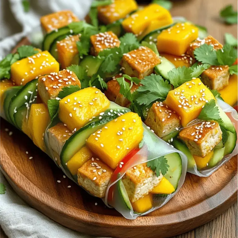 - Firm tofu - Ripe mango - Fresh vegetables (cucumber, bell pepper, avocado) - Cornstarch - Soy sauce - Sesame oil - Lime juice - Fresh herbs (cilantro, mint) - Rice paper wraps To make crispy tofu and fresh mango wraps, gather the main ingredients first. Start with firm tofu. It holds its shape well and crisps nicely. Next, pick a ripe mango. A sweet, juicy mango adds great flavor. Fresh vegetables like cucumber, bell pepper, and avocado bring crunch and color. Now, let’s talk about seasonings and add-ins. Cornstarch helps the tofu get that perfect crisp. Soy sauce adds a savory touch. Sesame oil gives a nice nutty flavor. Lime juice adds brightness. Fresh herbs like cilantro and mint can enhance the taste and freshness. Finally, you need rice paper wraps. They are thin and pliable. These wraps hold all your tasty ingredients together. For the full recipe, check out the details above. First, you must press the tofu. Wrap the block in a clean towel. Place a heavy object on top for about 15-20 minutes. This removes excess water and helps it crisp up. Next, cut the pressed tofu into small cubes. Aim for about 1-inch pieces. Now, it's time to coat the tofu. In a mixing bowl, add the cubed tofu. Sprinkle in the cornstarch, soy sauce, and sesame oil. Toss gently to coat each piece evenly. You want every side to have a nice layer of seasoning. Heat a non-stick skillet over medium-high heat. This is the key to crispy tofu. Once hot, add the tofu cubes in a single layer. Don’t overcrowd the pan. Cook for about 5-7 minutes. Turn the cubes every few minutes to ensure even browning. You know they are done when they are golden brown and crispy. Remove from heat and set aside. Next, soak the rice paper. Fill a shallow dish with warm water. Dip one rice paper wrap into the water for 10-15 seconds. It should become soft and pliable. Lay it flat on a clean surface. Now it's time to layer the ingredients. Start with a few crispy tofu cubes. Add slices of ripe mango, cucumber, bell pepper, and avocado. Don’t forget to sprinkle fresh cilantro and mint leaves on top. Drizzle some lime juice over the ingredients. Season with salt and pepper to taste. For folding, take the sides of the rice paper and fold them inward. Then, roll the wrap tightly from the bottom up. Make sure everything stays inside. Repeat this process for the rest of the wraps. Serve your tasty wraps right away. Enjoy them with your favorite dipping sauce, like sweet chili or peanut sauce. For more details, check the Full Recipe. To get crispy tofu, you have to choose the right cooking method. I recommend pan-frying or air-frying. Both give great results. For pan-frying, use a non-stick skillet. Heat it over medium-high heat. Once hot, add your tofu cubes in a single layer. To achieve an even golden color, coat the tofu well. Toss it in cornstarch before cooking. This helps create a crunchy shell. Flip the tofu often while cooking. This ensures all sides get crispy. Cook for about 5-7 minutes until golden brown. When picking mangoes, look for a few signs. A ripe mango feels slightly soft when you squeeze it. The skin should have a rich color, often yellow or red. A sweet aroma near the stem is also a good sign. For wraps, I recommend using varieties like Ataulfo or Haden. These types have a smooth texture and sweet taste. They slice easily and add great flavor to your wraps. To store leftover wraps, use an airtight container. This keeps them fresh for longer. You can also wrap them in plastic wrap. Just make sure they cool before storing. For sauces, pair them with a sweet chili sauce or a creamy peanut sauce. These dips complement the wraps nicely. You can also try a tangy lime dressing for extra zing. {{image_2}} You can switch up the protein in your wraps. Use different types of tofu, like silken or extra-firm. Tempeh is a great choice too. It has a nutty flavor that pairs well with the other ingredients. If you want meat, shrimp or chicken can work nicely. Cook them until they are golden and juicy. Adding these options can change the whole taste of your wraps. If you want to boost the veggie count, add more fillings. Try ingredients like shredded carrots, bell peppers, or even spinach. These add color and crunch. You can also use gluten-free wrappers if you need to avoid gluten. Look for rice paper or other gluten-free options in stores. This way, everyone can enjoy your tasty wraps. Spice up your wraps by adding jalapeños. They give a kick that balances well with the sweet mango. You can also create sweet versions by adding fruits like pineapple or kiwi. These fruits add a fresh twist that surprises the palate. Don’t be afraid to mix and match! Your wraps can be as unique as you want. For the full recipe, check out the link. To store leftover wraps, use air-tight containers. This keeps moisture out. Non-air-tight containers let air in, making wraps soggy. Wraps stay fresh longer in air-tight storage. You can also wrap them in plastic wrap for extra protection. Refrigerating is best for short-term storage. Place wraps in the fridge if you plan to eat them in a few days. If you want to keep them longer, freezing works too. Just remember to wrap them well. Freezing can change the texture, but they still taste good. Leftover wraps last about 3 days in the fridge. If frozen, they can last up to 2 months. However, for the best taste, eat them sooner. Always check for any signs of spoilage before eating. Enjoy your crispy tofu and fresh mango wraps from the [Full Recipe]. Tofu is crispy when it turns golden brown. You should hear a light crunch when you bite into it. Cook the tofu for about 5-7 minutes. Turn the cubes often for even cooking. If you see a nice, crispy texture on all sides, it’s ready to go. Yes, you can prepare these wraps ahead of time. Make the tofu and cut the veggies early in the day. When you are ready to eat, soak the rice paper. Assemble the wraps quickly. This keeps them fresh and tasty. Store the ingredients separately to avoid sogginess. You have many options for dipping sauces. A sweet chili sauce adds a nice kick. Peanut sauce gives a rich, nutty flavor. You can also try soy sauce for a classic taste. Each dip brings a new flavor to the wraps. To make gluten-free wraps, use gluten-free soy sauce. Look for tamari as a good choice. Make sure your rice paper wraps are gluten-free, too. All the fresh veggies and tofu are naturally gluten-free. Enjoy a delicious meal without worry! In this article, we covered how to make tasty tofu and mango wraps. You learned about ingredients like firm tofu, ripe mango, and fresh veggies. I explained how to prepare, cook, and assemble these delicious wraps, along with helpful tips for perfect results. Remember to store any leftovers properly for the best taste. With different variations and options, you can enjoy these wraps in many ways. Try adding your favorite ingredients to make them your own!