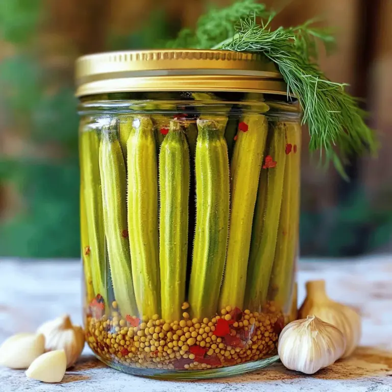 To make spicy pickled okra, you need the right ingredients. Here’s what you’ll need: - 1 pound fresh okra, washed and stems trimmed - 2 cups distilled white vinegar - 1 cup water - 3 tablespoons sea salt - 2 tablespoons granulated sugar - 6 cloves garlic, peeled and lightly crushed - 1 tablespoon dill seeds - 1 tablespoon mustard seeds - 1 teaspoon red pepper flakes (adjust to taste) - 1 teaspoon black peppercorns These ingredients create a great balance of flavors. Fresh okra gives a crunchy texture, while vinegar adds a zesty bite. You can also play with extra flavors. Some ideas include: - A few slices of jalapeño for more heat - A pinch of smoked paprika for a smoky flavor - Fresh herbs, like thyme or oregano, for extra depth These additions can make your pickled okra unique. Don’t be afraid to experiment! Measuring your ingredients correctly is key. Here are some tips: - Use a kitchen scale for the okra to ensure you use exactly 1 pound. - For liquids, use a liquid measuring cup for accuracy. - Use a dry measuring cup for dry ingredients like sugar and salt. Accurate measurements help keep the flavor balanced. Too much salt or vinegar can change the taste. Stick to the recipe for the best results. You’ll find the full recipe in the article to guide you through the process. To make the brine, you will need a medium saucepan. Combine 2 cups of distilled white vinegar, 1 cup of water, 3 tablespoons of sea salt, and 2 tablespoons of granulated sugar. Heat this mixture over medium heat until it boils. Stir until the salt and sugar dissolve. This brine adds flavor and helps preserve the okra. After boiling, remove the pan from heat. Let it cool for about 10 minutes. Cooling is key to keeping the okra crisp. Next, you need to prepare your jars. Take 2 quart-sized glass jars and sterilize them. Place the jars in boiling water for 10 minutes. This step helps kill any germs. After 10 minutes, carefully remove the jars and let them cool. Make sure to handle them with care, as they will be hot. Once the jars are cool, it’s time to pack the okra. Layer the fresh okra into the jars. Be sure to pack them snugly. Add 3 cloves of crushed garlic, 1 tablespoon of dill seeds, 1 tablespoon of mustard seeds, a teaspoon of red pepper flakes, and a teaspoon of black peppercorns to each jar. Pour the cooled brine over the okra until it fully covers them. Leave a little space at the top of each jar. Seal the jars tightly with lids. Let them cool to room temperature for about an hour. After cooling, place the jars in the fridge. For the best taste, let them sit for at least 24 hours before enjoying. The flavors will get better over time. For the complete recipe, check the Full Recipe section. You can easily change the heat in your spicy pickled okra. If you want more spice, add more red pepper flakes. Start with one teaspoon and test the heat. You can also use fresh chili peppers for a different taste. If you prefer less heat, reduce the red pepper flakes or leave them out. Remember, the flavor will change as the okra sits in the brine. Store your pickled okra in the fridge. Keep it in a tightly sealed jar. This helps the flavors blend well and keeps the okra crisp. Use clean utensils when you serve it. This keeps bacteria out and helps the okra stay fresh. You can eat your pickled okra after 24 hours, but it tastes best after a week. Spicy pickled okra is great on its own or as a side. Serve it in a small bowl, topped with a sprig of fresh dill. You can also use it in salads, sandwiches, or on charcuterie boards. Try it in tacos or as a garnish for cocktails. The bright flavor adds a kick to many dishes. Explore the full recipe for more tips! {{image_2}} You can switch up the flavors in your spicy pickled okra. Try adding fresh herbs like thyme or oregano. They add a nice aroma and depth. You can also use apple cider vinegar instead of white vinegar for a fruity touch. Want more heat? Toss in extra red pepper flakes or even sliced jalapeños. For a sweeter twist, add more sugar or even a few slices of fresh ginger. Pickled okra is not just a snack. You can use it in many dishes. Chop it up and mix it into potato salad or coleslaw for a zesty kick. You can also add it to sandwiches or burgers for a crunchy bite. It makes a great topping on tacos or nachos too. Plus, you can serve it as a fun garnish in cocktails like Bloody Marys. You have two main ways to store your pickled okra: canning or refrigerating. Canning lets you store it for months. Just make sure to follow safe canning practices. On the other hand, refrigerating is quick and easy. You can eat it sooner, usually after 24 hours. Just keep the jars in the fridge. Either way, you'll enjoy delicious, tangy okra. For the full recipe, check out the Spicy Pickled Okra recipe above. Store your spicy pickled okra in the fridge. Always use clean utensils to avoid germs. Keep the jars tightly sealed to maintain flavor and crunch. If you want to store it long term, consider canning. Canning allows you to keep it in a cool pantry. Just remember to follow safe canning methods. Homemade pickled okra lasts about 2-3 months in the fridge. Store-bought options often last longer, about 1 year. Always check the label for exact dates. The taste may change over time, so enjoy it fresh when you can. Look for changes in color or texture. If the okra appears mushy or discolored, toss it out. Also, check for any off smells or bubbles in the jar. These are clear signs that your pickled okra is no longer safe to eat. Enjoy your pickled okra, but keep an eye on it! Pickled okra needs time to soak up the brine. I suggest waiting at least 24 hours. The flavors become better over time. For the best taste, let it sit for a week. This time allows the garlic, spices, and vinegar to mingle well with the okra. Yes, you can use frozen okra, but fresh is better. Frozen okra may become soft after pickling. If you use frozen, rinse it under cold water first. Pat it dry and then follow the recipe as usual. This will help reduce any excess moisture. Okra is a low-calorie vegetable packed with nutrients. It's high in fiber, which aids digestion. Okra also contains vitamins C and K. These vitamins help boost your immune system and support bone health. Additionally, okra is full of antioxidants that fight free radicals in your body. You can find pre-made spicy pickled okra at specialty stores or local markets. Check the international aisle at your grocery store as well. Many online retailers offer it too. Look for brands that use fresh ingredients for the best flavor. If you want the freshest taste, making it at home is always a great option. For the full recipe, refer back to the recipe section. You learned about making spicy pickled okra, from ingredients to storage tips. Remember, the right mix of spices and careful steps make all the difference. Adjust the heat to suit your taste, and enjoy exploring variations. Homemade pickled okra not only tastes great but also stores well when done right. Always check for spoilage signs to keep your food safe. Dive into this fun process, and let your taste buds enjoy the rewards. Your kitchen is about to get a tasty twist!