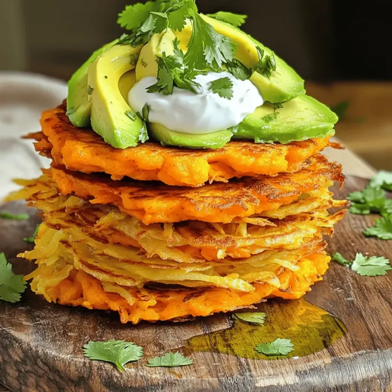 To make these tasty gluten-free sweet potato fritter stacks, gather these items: - 2 medium sweet potatoes, grated - 1 small onion, finely chopped - 2 eggs - 1/2 cup almond flour - 1/2 teaspoon baking powder - 1 teaspoon garlic powder - 1 teaspoon paprika - Salt and pepper to taste - Olive oil for frying - 1 avocado, sliced (for topping) - Fresh cilantro, chopped (for garnish) - Greek yogurt or dairy-free yogurt (for serving) If you have allergies or different dietary needs, here are some easy swaps: - Almond flour can be replaced with coconut flour or oat flour. - Use flax eggs instead of regular eggs for a vegan version. - Substitute Greek yogurt with coconut yogurt for a dairy-free option. - If you can't have sweet potatoes, try butternut squash instead. You don't need fancy gadgets to make these fritters. Here’s what you will need: - Grater for sweet potatoes - Large mixing bowl - Non-stick skillet for frying - Spatula for flipping the fritters - Measuring cups and spoons - Serving plate for your beautiful fritter stacks Now that you have your ingredients and tools ready, you can dive into the full recipe for Gluten-Free Sweet Potato Fritter Stacks. Enjoy cooking! First, peel the sweet potatoes. It’s simple. Use a vegetable peeler to remove the skin. Next, grate the sweet potatoes into a large bowl. You want about two medium sweet potatoes. This makes the base of your fritters. Once your sweet potatoes are grated, add the chopped onion, eggs, and almond flour. Now, sprinkle in the baking powder, garlic powder, paprika, salt, and pepper. Mix everything well. The mixture should feel thick but easy to scoop. This is important for the fritters to hold their shape when cooked. Heat a non-stick skillet on medium heat. Add a drizzle of olive oil. When the oil is hot, scoop about 1/4 cup of the sweet potato mix into the skillet. Flatten it slightly with a spatula. Fry each fritter for 4-5 minutes on each side. They should turn golden brown and crispy. Repeat this step until you cook all the mixture. Add more oil as needed. To serve, stack two or three fritters on a plate. Top them with fresh avocado slices, a dollop of yogurt, and a sprinkle of chopped cilantro. This brings a burst of flavor and color. For the full recipe, check the earlier section. To make your gluten-free sweet potato fritters crispy, follow these tips: - Use a hot skillet: Heat your skillet until it’s hot before adding oil. - Don’t overcrowd the pan: Fry one or two fritters at a time. This helps them cook evenly. - Adjust oil as needed: Add a little olive oil between batches to maintain crispiness. - Press down: When you add the fritter to the skillet, press it down gently. This helps it cook through and get a great crust. These fritter stacks shine when you serve them right. Try these ideas: - Layer them high: Stack two or three fritters per plate for a stunning look. - Top with fresh ingredients: Add avocado slices and a dollop of yogurt for creaminess. - Garnish: Sprinkle chopped cilantro on top for a burst of color and flavor. Pair your fritters with dips that enhance their flavor. Here are some great options: - Greek yogurt: This adds a creamy touch that complements the fritters’ texture. - Salsa: A fresh salsa brings a zesty kick and balances the sweetness. - Hummus: This adds a nutty flavor that works well with sweet potatoes. These tips will make your gluten-free sweet potato fritter stacks truly special. For the complete method, check out the Full Recipe. {{image_2}} You can make these fritters vegan very easily. Instead of using eggs, try ground flaxseed. Mix 1 tablespoon of flaxseed with 3 tablespoons of water. Let it sit for a few minutes to thicken. This mixture acts like an egg and binds the fritters well. You will still get that crunchy texture and great taste. Adding spices can boost the taste of your fritters. Try using cumin or chili powder for a kick. Fresh herbs like parsley or dill can brighten the flavor. You can mix in 1-2 teaspoons of your favorite herb into the batter. This will make each bite more exciting and vibrant. Different veggies bring new flavors. You can swap sweet potatoes with grated zucchini or pumpkin. Zucchini gives a light texture, while pumpkin adds a sweet, warm flavor. Adjust the almond flour to keep the right consistency. These changes make the fritters fun and fresh for any time of year. For the full recipe, check out the detailed instructions provided above. To keep your leftover fritters fresh, let them cool down first. Then, place them in an airtight container. Make sure to separate layers with parchment paper. This helps prevent them from sticking together. Store the container in the fridge. They will stay fresh for up to three days. Want to save fritters for later? Freezing them is simple. Start by letting them cool completely. Next, arrange them in a single layer on a baking sheet. Freeze for about an hour. Once frozen, transfer them to a freezer-safe bag. Squeeze out air before sealing. The fritters can last up to three months in the freezer. When it's time to eat your fritters, reheating them right is key. Preheat your oven to 375°F (190°C). Place the fritters on a baking sheet in a single layer. Bake for about 10-15 minutes, flipping halfway through. This helps restore their crunch. If you prefer, you can reheat them in a skillet with a little olive oil. This method gives them a nice, crispy exterior. Enjoy your delicious fritters just as they were meant to be! For the full recipe, check out the detailed steps above. Yes, you can use other flours! If you have a nut allergy, try rice flour or oat flour. Both have a light texture. You may need to adjust the amount. Start with the same amount and see how the mix feels. If too wet, add a bit more. Absolutely! These fritters are great for meal prep. You can make a big batch and store them. Keep them in the fridge for up to four days. For longer storage, freeze them in a single layer. When ready to eat, just reheat. They taste fresh and crispy again! To add spice, try using cayenne pepper or chili powder. Start with a small amount, about 1/4 teaspoon. You can also add diced jalapeños to the mix for a fresh kick. Top your fritters with a spicy sauce for even more flavor. Enjoy experimenting with heat! For the complete recipe, check out the Full Recipe section above. Making sweet potato fritters is simple and fun. We covered key ingredients, tools, and detailed steps. You learned tips for crispy fritters and tasty serving ideas. Variations like vegan or seasonal options keep it fresh. Plus, we discussed smart storage methods for leftovers. These fritters shine in any meal. Get creative with flavors, and enjoy experimenting!