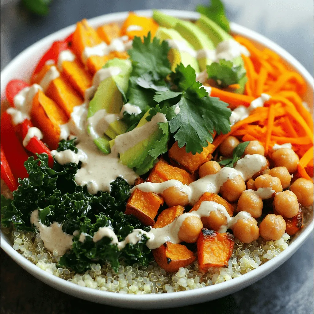For a colorful and tasty bowl, you need fresh veggies and good protein. Here’s what to use: - 1 cup cauliflower rice - 1 cup cooked quinoa (or black rice for a darker look) - 1 small sweet potato, diced - 1 cup kale, chopped - 1 cup chickpeas, drained and rinsed - 1 red bell pepper, sliced - 1 avocado, sliced - 1 carrot, grated These ingredients bring great flavors and textures. Cauliflower rice gives a light base, while quinoa adds protein and fiber. Sweet potatoes add sweetness, and chickpeas pack in protein. The kale gives a nice crunch, and the avocado adds creaminess. To make your bowl pop, use simple flavor enhancers. Here’s what you’ll need: - 1 tablespoon olive oil - 1 teaspoon smoked paprika - 1 teaspoon garlic powder - Salt and black pepper to taste These seasonings bring warmth and depth. Olive oil helps the veggies roast nicely. Smoked paprika gives a rich flavor, while garlic powder adds a kick. Salt and pepper will bring all the flavors together. Add some final touches to your bowl for extra flavor and beauty. Consider these options: - 2 tablespoons tahini - 1 tablespoon lemon juice - Fresh cilantro or parsley for garnish Tahini and lemon juice make a creamy dressing. Drizzle it over your bowl for a burst of flavor. Fresh herbs like cilantro or parsley add a nice green touch. They also lift the dish and make it look beautiful. For the full recipe, check out Rainbow Grain-Free Buddha Bowls. Start by gathering all your ingredients. This makes cooking smooth and easy. Chop the sweet potato into small cubes. Next, rinse the chickpeas under cold water. Slice the red bell pepper and avocado. Grate the carrot. Finally, chop the kale into bite-sized pieces. You want everything ready to go. Preheat your oven to 400°F (200°C). On a baking sheet, toss the diced sweet potato and chickpeas with olive oil, smoked paprika, garlic powder, salt, and pepper. Spread them out in a single layer. Roast in the oven for about 20-25 minutes. When they are soft and slightly caramelized, they're ready. Now it's time to assemble your bowl. Start with a base of cauliflower rice and cooked quinoa. You can use black rice for a darker color. Layer the roasted sweet potato and chickpeas on top. Then, add the sautéed kale, sliced red bell pepper, avocado, and grated carrot. For the dressing, mix tahini with lemon juice and a pinch of salt. Drizzle this over the bowl. Finish with fresh cilantro or parsley for a nice touch. Check out the Full Recipe for more details and enjoy your colorful and healthy meal! To make the sweet potatoes and chickpeas shine, use a hot oven. Preheat it to 400°F (200°C). Toss your sweet potatoes and chickpeas in olive oil and spices. Spread them out on the baking sheet. This helps them roast evenly. Stir them halfway through to ensure they cook well. You want the sweet potatoes golden and soft, and the chickpeas crispy. Play with spices to make this dish your own. If you like heat, add cayenne pepper or chili powder. For a fresh twist, try fresh herbs like basil or dill. You can also swap tahini for almond butter for a nutty flavor. Don’t forget to taste as you go. Adjust salt and lemon juice for your perfect balance. A good-looking bowl makes the meal more fun. Use a variety of colors from your veggies. Layer them neatly, and don’t crowd your bowl. Drizzle the tahini dressing artfully on top. For a final touch, sprinkle chopped cilantro or parsley. This adds a fresh look and bright flavor. For the full recipe, check it out [here](#). {{image_2}} You can swap out grains in your Buddha bowl. Instead of quinoa, try cauliflower rice. It adds a nice texture and stays light. Black rice is another great choice. It adds a deep color and nutty flavor. You could also use lentils, which pack in protein. They bring a hearty feel to the dish. Seasonal veggies make your bowl fresh and fun. Use zucchini in the summer or Brussels sprouts in the fall. Sweet corn adds a pop of sweetness. In winter, roasted beets or parsnips work well. You can also toss in some fresh herbs, like basil or mint, for a burst of flavor. If you're going vegan, skip the tahini and use a nut-based dressing. You can blend cashews with lemon juice and water for creaminess. For a Paleo twist, replace chickpeas with shredded chicken or a soft-boiled egg. This keeps it protein-rich while staying grain-free. Check out the Full Recipe for more ideas. To keep your Rainbow Grain-Free Buddha Bowls fresh, store them in airtight containers. This helps keep flavors intact. You can separate the dressing to avoid sogginess. Store leftovers in the fridge for up to three days. When you're ready to enjoy your leftovers, reheat them gently. Use a microwave or stovetop. If using a microwave, heat for about 1-2 minutes. Stir halfway through to ensure even heating. If using the stove, add a splash of water to the pan to prevent drying out. Heat on low until warm. Meal prepping is simple with these Buddha bowls. Prepare all your ingredients in advance. Chop veggies and cook quinoa or rice ahead of time. Store each component separately in the fridge. This way, you can mix and match your ingredients daily. Make sure to keep the dressing in a small jar. This makes it easy to add just before you eat. By following these steps, you can enjoy fresh and tasty meals all week. Check out the Full Recipe for more details! If you want a different base, use zucchini noodles or shredded broccoli. Both options add great texture and flavor. You can also try riced carrots or even finely chopped cabbage. Each choice brings its unique taste to your bowl. Yes, you can prepare the bowls ahead. Roast the sweet potatoes and chickpeas, then store them in the fridge. You can also cook the quinoa and chop the veggies in advance. Just keep the tahini dressing separate until you're ready to eat. These bowls are perfect for meal prep! They store well in the fridge for up to four days. Prepare several bowls at once, and you’ll have quick meals ready to go. Just reheat the roasted ingredients before serving. To boost protein, add grilled chicken, tofu, or tempeh. You can also include more chickpeas or sprinkle hemp seeds on top. These options not only increase protein but also enhance the flavors in your bowl. Enjoy the full recipe to explore all the tasty possibilities! A Rainbow Grain-Free Buddha Bowl is easy to make and fun to enjoy. You learned about key ingredients like fresh veggies, tasty seasonings, and protein sources. We covered step-by-step instructions from prepping to assembling. You can customize your bowl to match your taste and style. Remember tips for roasting and enhancing your dish's look. Lastly, proper storage keeps your meals fresh and ready. Try your own unique twist on these bowls for a satisfying meal every time. Enjoy creating and sharing your delicious versions!