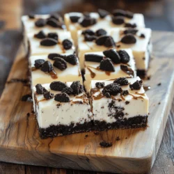 - 24 Oreo cookies, crushed - 4 tablespoons unsalted butter, melted - 16 oz cream cheese, softened - 1 cup powdered sugar - 1 teaspoon vanilla extract - 1 cup heavy whipping cream - 12 Oreo cookies, chopped (for filling) - Extra Oreo cookies for garnish The main ingredients make this recipe simple and fun. I love using Oreo cookies because they add a rich chocolate flavor. The crushed cookies mixed with butter create a tasty crust. Cream cheese is key to a smooth filling. Make sure your cream cheese is soft for easy mixing. The powdered sugar adds sweetness, balancing the rich cream cheese. Now, for the additional components. Vanilla extract brings warmth to the flavor. Heavy whipping cream is crucial for that light, fluffy texture. Chopped Oreo cookies in the filling add extra crunch and chocolate goodness. Don’t forget the extra Oreos for garnish! They make the bars look great and taste amazing. For the full recipe, check out the details above. To start, combine 24 crushed Oreo cookies with 4 tablespoons of melted butter. Mix until the crumbs are evenly coated. This step is key for a tasty crust. Next, press the mixture firmly into the bottom of a 9x9-inch baking dish. Use the back of a measuring cup to make it compact. After that, refrigerate the crust for about 15 minutes to set. In a large mixing bowl, beat 16 ounces of softened cream cheese until smooth. This makes the base of your filling creamy and rich. Gradually add 1 cup of powdered sugar and 1 teaspoon of vanilla extract. Mix until everything is fully blended. The filling should be sweet with a nice vanilla flavor. In a separate bowl, whip 1 cup of heavy cream until it forms stiff peaks. This step adds fluffiness to your cheesecake filling. Gently fold the whipped cream into the cream cheese mixture. Be careful not to deflate the cream. The mixture should remain light and airy for the best texture. Now, stir in 12 chopped Oreo cookies into the cheesecake mixture. This adds extra flavor and texture. Spread the cheesecake mixture evenly over the set crust in your baking dish. Smooth the top with a spatula to make it look nice. Cover the dish and refrigerate for at least 4 hours or until the bars are set. This chilling time is important for the bars to hold together. Before serving, garnish the top with extra crushed Oreos. This adds a nice touch and extra crunch. You can find the full recipe above for all the details! To make sure your cheesecake bars are smooth and creamy, start with room temperature cream cheese. Cold cream cheese can lead to lumps. Mix it well until it is nice and smooth. When you whip the heavy cream, beat it until it forms stiff peaks. Then, fold it gently into the cream cheese mixture. This keeps the airiness of the whipped cream, giving your bars a light and fluffy texture. For the best taste, always use high-quality vanilla extract. It makes a big difference in flavor. You can also add a twist by drizzling chocolate or caramel on top before serving. This not only adds flavor but also makes the dessert look extra special. Feel free to get creative with toppings or mix-ins, like nuts or sprinkles. How you serve your cheesecake bars can make them even better. I love to use a decorative platter to display them. Drizzling chocolate sauce over the top adds a beautiful touch. You can also sprinkle crushed Oreos on top for that extra crunch and visual appeal. This small detail makes your dessert look gourmet and inviting. Enjoy serving these delightful bars! {{image_2}} You can make your no-bake Oreo cheesecake bars even more exciting. Try using mint Oreos for a fresh, minty taste. The mint adds a fun twist that many love. You can also incorporate a fruit puree into the filling. A berry puree can give your bars a sweet and fruity kick. Just mix it in after you whip the cream. If you need dietary changes, I have you covered. You can make these bars gluten-free by using gluten-free Oreos. They taste just as good! Also, if you want a dairy-free option, substitute cream cheese with a dairy-free alternative. There are many brands that work well. You won’t lose any flavor with these swaps. Serving size can change the whole vibe of your dessert. For fun, use mini dessert cups to create individual servings. They are cute and perfect for parties. If you want a family-style dessert, cut the bars into larger pieces. This way, everyone can share and enjoy. No matter how you serve them, these bars will shine on your table. For the full recipe, check out the detailed instructions above. To keep your No-Bake Oreo Cheesecake Bars fresh, store them in an airtight container in the refrigerator. This way, they will stay delicious and creamy. They can last up to a week. If you have leftovers, enjoy them over the next few days! If you need to save some bars for later, you can freeze them. Wrap the bars tightly and freeze for up to 2 months. When you're ready to enjoy them, thaw the bars in the refrigerator before serving. This helps them keep their great taste and texture. To avoid ice crystals, wrap the bars tightly in plastic wrap. This will help keep them fresh and tasty. You can also use parchment paper to line the dish. This makes it easy to remove the bars when you're ready to serve them. Enjoy your easy and delightful dessert! Yes, you can prepare them 1-2 days in advance for convenience. This makes them great for gatherings or busy weeks. Just store them in the fridge until you're ready to serve. The cheesecake bars should feel firm to the touch. If they don't jiggle in the center, they're ready to enjoy. This ensures they hold their shape when cut. Use a sharp knife to get clean edges. Dipping the knife in hot water helps it glide through the bars smoothly. Wipe the blade between cuts for neat slices. Make sure your whipping cream is whipped to stiff peaks. This gives the filling its body. Be gentle when folding the whipped cream into the cream cheese mix. This keeps the texture light. Yes, you can use other chocolate sandwich cookies or even graham crackers. Each option will give a different taste and texture, which is fun to explore. The No-Bake Oreo Cheesecake Bars are simple and fun to make. You learned about key ingredients, step-by-step instructions, helpful tips, and tasty variations. With a crunchy crust and creamy filling, they make a perfect treat. Remember, you can adjust flavors and serve them your way. Store leftovers in the fridge or freezer to keep them fresh. Enjoy creating these delicious bars for any occasion!