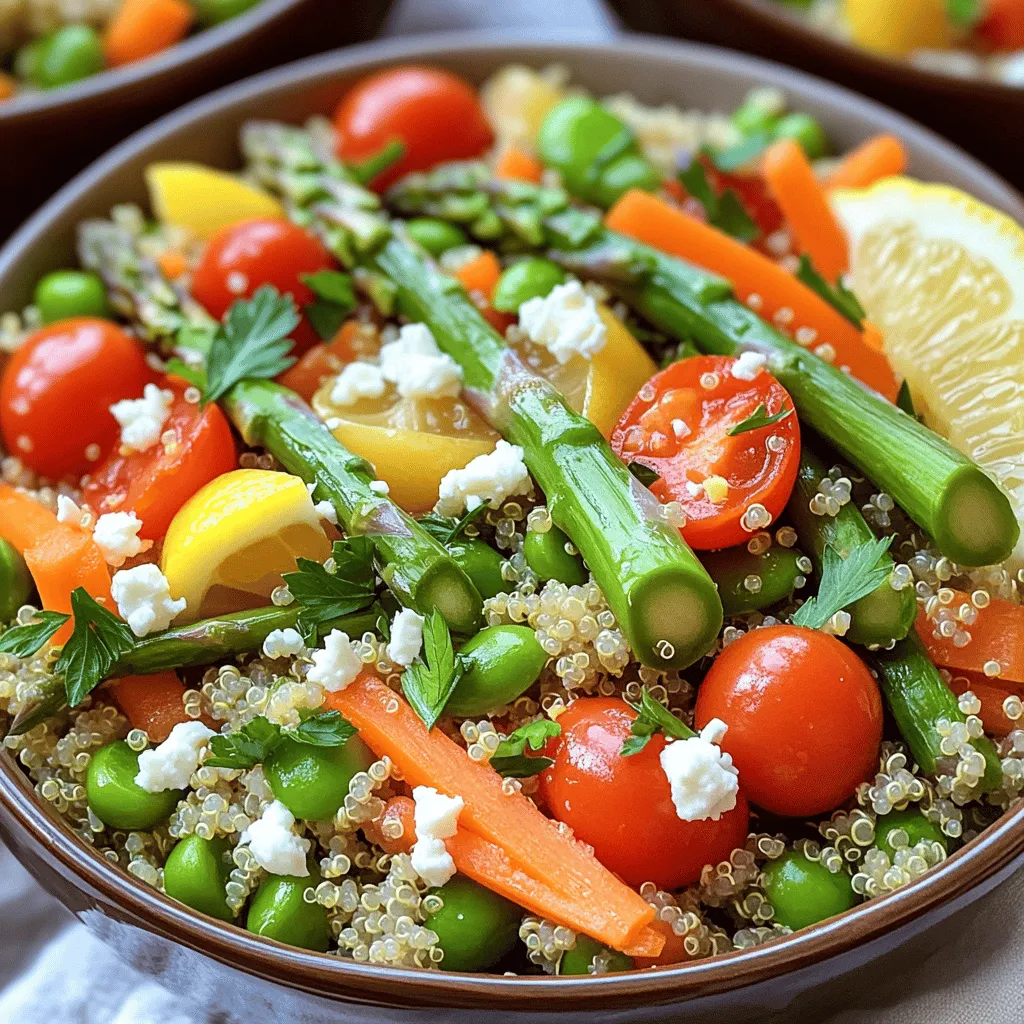 - 1 cup quinoa, rinsed - 2 cups vegetable broth - Fresh spring vegetables: - 1 cup asparagus, trimmed and cut into 2-inch pieces - 1 cup cherry tomatoes, halved - 1 cup snap peas, trimmed - 1 carrot, julienned - 1 red bell pepper, diced - 2 tablespoons olive oil - Juice of 1 lemon - 1 teaspoon garlic powder - Salt and pepper to taste - ½ cup fresh parsley, chopped - Optional: ¼ cup feta cheese, crumbled (omit for vegan option) In this recipe, I love using quinoa as a base. It’s packed with protein, and it cooks quickly. The vegetable broth gives it a rich flavor. You can switch up the broth for a different taste, but vegetable broth keeps it fresh. Choosing fresh spring vegetables is key. Asparagus and snap peas add a nice crunch. Cherry tomatoes bring sweetness. Carrots and red bell pepper add color and flavor. For seasoning, I keep it simple. Olive oil adds richness, while lemon juice brightens the dish. Garlic powder gives it a boost. Salt and pepper tie everything together. I often add fresh parsley for a pop of green. If you love cheese, sprinkle feta on top. It adds a tangy taste and creaminess. You can skip the cheese if you want a vegan option. For the full recipe, check out the complete guide to making Spring Veggie Quinoa Power Bowls. 1. In a medium pot, bring the vegetable broth to a boil. 2. Add the rinsed quinoa to the pot. 3. Cover the pot and reduce the heat to low. 4. Simmer for 15 minutes or until the quinoa is fluffy. 5. Once done, remove from heat and let it stand for 5 minutes. 6. Fluff the quinoa with a fork. 1. While the quinoa cooks, heat olive oil in a large skillet over medium heat. 2. Add the asparagus, snap peas, and red bell pepper to the skillet. 3. Sauté these veggies for about 3 minutes until they start to soften. 4. Now add the halved cherry tomatoes and julienned carrot. 5. Season with garlic powder, salt, and pepper. 6. Continue cooking for another 3-4 minutes until the veggies are bright and tender-crisp. 1. In a large mixing bowl, combine the fluffy quinoa with the sautéed vegetables. 2. Add the chopped parsley to the bowl. 3. Drizzle fresh lemon juice over the mixture. 4. Toss gently to mix all the ingredients well. Now you can enjoy your Spring Veggie Quinoa Power Bowls! For a detailed guide, check out the Full Recipe. To make great quinoa, rinse it well. Rinsing removes a bitter coating called saponin. Use a fine mesh strainer for the best results. Rinse under cold water for about 30 seconds. This small step makes a big difference in flavor. After cooking, let quinoa rest for five minutes. This helps it become fluffy. Fluff it with a fork before serving. This simple trick keeps it light and airy. To get the best sautéed texture, use high heat. Start with oil in a hot pan. Add vegetables in stages based on their cooking times. For example, add asparagus and snap peas first. Sauté them for about 3 minutes. Then, add softer vegetables like cherry tomatoes and carrots. Cook these for another 3-4 minutes. Here are some suggested cooking times for different veggies: - Asparagus: 3-4 minutes - Snap peas: 3 minutes - Cherry tomatoes: 2-3 minutes - Carrots: 4 minutes - Bell pepper: 3-4 minutes For a vibrant look, serve the dish in deep bowls. Layer the quinoa and vegetables artfully. Add a lemon wedge and some parsley on top. This adds color and freshness. You can pair this bowl with grilled chicken or chickpeas for extra protein. Serve with a side salad to complete the meal. Check the Full Recipe for more details on preparation. {{image_2}} You can easily boost your Spring Veggie Quinoa Power Bowl with protein. Here are some tasty options: - Grilled chicken adds a savory flavor. Just slice it thin and layer it on top. - Shrimp brings a sweet touch. Cook them quickly in a hot pan for best results. - Chickpeas are perfect for a plant-based option. They add great texture and protein. If you want to make your bowl vegetarian or vegan, there are great options: - For cheese lovers, try goat cheese or nut-based cheese for a creamy taste. - If you're gluten-free, swap quinoa for brown rice or millet. Both will work well. Spring brings fresh veggies, but you can get creative with swaps. Here are some ideas: - Replace asparagus with zucchini or broccoli for added crunch. - Use arugula or spinach if you want leafy greens in your bowl. - When fresh veggies aren’t available, opt for frozen vegetables. They are great in a pinch and keep their nutrients well. Don't forget to check the Full Recipe for all the details on making this dish! To keep your Spring Veggie Quinoa Power Bowls fresh, store leftovers in an airtight container. Let the dish cool down to room temperature first. Place the container in the fridge. This keeps the flavors bright and the veggies crisp. Use your leftovers within three to four days for best taste. You can freeze portions for later use. Divide the quinoa and veggies into meal-sized containers. Ensure they are tightly sealed to prevent freezer burn. When you’re ready to eat, remove a portion from the freezer. Thaw it in the fridge overnight or use the microwave. Reheat until hot before serving. In the fridge, your power bowls last about three to four days. In the freezer, they can last up to two months. Freezing is a great way to enjoy your delicious meal later. Just remember to check for any signs of freezer burn before cooking. Making Spring Veggie Quinoa Power Bowls takes about 30 minutes in total. You will spend 15 minutes prepping the ingredients and cooking the quinoa. The remaining time goes to sautéing the veggies and mixing everything together. You will enjoy a healthy meal in no time! Yes, you can make this recipe ahead of time! I recommend cooking the quinoa and sautéing the veggies separately. Store each in airtight containers in the fridge. This way, you can mix them together right before serving. The quinoa stays fluffy, and the veggies stay fresh. It lasts up to 4 days in the fridge. You can use many different vegetables in this recipe. If you can’t find asparagus or snap peas, try using broccoli or zucchini. You can also add bell peppers or even some leafy greens like spinach. The key is to select fresh, vibrant veggies to keep the dish bright and tasty. Feel free to mix and match based on what you like or have on hand! The Spring Veggie Quinoa Power Bowls are simple and tasty. You start with nutritious quinoa and fresh veggies. A quick sauté and some seasoning enhance the flavors. Add your favorite protein or cheese for extra taste. Storing leftovers is easy, making it perfect for meal prep. Don’t hesitate to experiment with seasonal vegetables, too. Enjoy creating a dish that is good for you and looks great. This recipe is a win for healthy eating!