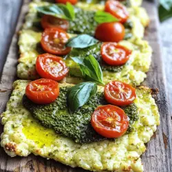 - Grated cauliflower - Shredded mozzarella cheese - Grated Parmesan cheese - Large eggs - Garlic powder - Dried oregano - Salt and pepper to taste - Basil pesto - Cherry tomatoes - Fresh basil leaves - Olive oil Making cauliflower crust pesto flatbreads is simple. You need a few key ingredients. The main star is grated cauliflower. It gives the flatbread its unique base. You will also need shredded mozzarella cheese and grated Parmesan cheese for a cheesy flavor. Two large eggs help hold everything together. Next, you will want some seasonings. Garlic powder and dried oregano add depth to the crust. Don’t forget salt and pepper to taste, which enhance all the flavors. For the top, basil pesto is essential. It adds a burst of freshness. Halved cherry tomatoes bring a touch of sweetness. Fresh basil leaves make a lovely garnish. A drizzle of olive oil completes the dish and adds richness. I recommend checking the Full Recipe for exact measurements and cooking times. These ingredients come together to create a flavorful delight that everyone will enjoy. 1. Preheating the oven: Start by preheating your oven to 425°F (220°C). This heat is key for a golden crust. 2. Grating and processing cauliflower: Take a small head of cauliflower and grate it. Use a food processor to pulse the grated cauliflower until it looks like small grains or rice. This texture helps create the crust. 3. Squeezing out moisture: This step is very important. Place the processed cauliflower in a clean kitchen towel. Squeeze out as much moisture as you can. Less moisture means a crispier flatbread. 1. Combining cauliflower with cheeses and seasonings: In a big bowl, mix the dry cauliflower with shredded mozzarella cheese, grated Parmesan cheese, and two eggs. Add garlic powder, dried oregano, salt, and pepper to taste. Make sure everything is well mixed. 2. Forming the flatbread shape: Spread the cauliflower mixture on a lined baking sheet. Shape it into a flatbread about 1/4 inch thick. Keep it even for a nice bake. 1. First baking phase: Bake the flatbread in your preheated oven for about 20-25 minutes. You want the edges to turn golden brown. The flatbread should feel firm to the touch. 2. Adding toppings and final baking: Once baked, take it out and spread a layer of basil pesto over the top. Add halved cherry tomatoes for a bright flavor. Return the flatbread to the oven and bake for another 5-7 minutes. You want the tomatoes to soften a bit. Now, enjoy your delicious creation! If you want to see the full process, check the Full Recipe. To get the best crust for your cauliflower flatbreads, moisture removal is key. After grating the cauliflower, use a clean towel. Wrap the cauliflower in the towel and squeeze hard. This step is crucial. Too much moisture will make your crust soggy, not crisp. Baking tips can help too. Spread the cauliflower mix thinly on the baking sheet. Aim for about 1/4 inch thick. Bake at 425°F for 20-25 minutes. Look for golden edges to know when it's ready. The crispier the base, the better the flatbread. You can use homemade or store-bought pesto for these flatbreads. Homemade pesto often has fresher flavors. It's easy to make with basil, garlic, and nuts. Store-bought options are quick and still tasty. You can also change up the flavors in your pesto. Try adding sun-dried tomatoes or nuts like walnuts. A sprinkle of lemon juice adds a nice zing too. Mix it up based on your taste. Pair your flatbreads with light sides and drinks. A simple salad with greens works great. You could also serve it with a glass of sparkling water or lemonade. Presentation matters. Use a nice cutting board to serve your flatbreads. Drizzle olive oil on top for a shiny finish. Add fresh basil leaves for a pop of color. This makes your dish look as great as it tastes. For the full recipe, check the full recipe section above. {{image_2}} You can easily make this dish gluten-free. The main ingredient, cauliflower, is naturally gluten-free. For the cheese, use a gluten-free blend. You can also swap in nut-based cheeses if you like. They add a unique flavor and texture. Adding more veggies can boost taste and nutrition. Think about spinach, bell peppers, or zucchini. They mix well with the cauliflower. You can also try fresh herbs like thyme or rosemary. Spices like red pepper flakes or smoked paprika can add a nice kick. Don't be afraid to experiment! These flatbreads make great snacks or meals. Serve them as an appetizer at parties. They are easy to share! For a complete meal, pair them with proteins like grilled chicken or chickpeas. Top them with a salad for a nice crunch. The options are endless! For the full recipe, check out the details above. After enjoying your cauliflower crust pesto flatbreads, store any leftovers in the fridge. Place them in an airtight container. This helps keep the flatbreads fresh for up to three days. If you want to keep them longer, consider freezing them. Wrap each flatbread in plastic wrap. Then place them in a freezer-safe bag. They can last in the freezer for about a month. When it's time to enjoy your leftovers, you have a choice: oven or microwave. The oven gives you a crispier crust. Preheat it to 350°F (175°C). Place the flatbread on a baking sheet. Heat for about 10-15 minutes, checking for warmth. Using the microwave is faster but makes the crust softer. If you choose this method, heat it for 30 seconds to one minute. To keep some crispness, try placing a paper towel under the flatbread. This helps absorb moisture while it heats. To make a crispy cauliflower crust, moisture removal is key. Start by grating your cauliflower. Then, pulse it in a food processor until it looks like rice. After that, place the grated cauliflower in a clean kitchen towel. Squeeze out as much moisture as you can. This step is crucial. If you skip it, your crust will be soggy. You can also bake the cauliflower for a few minutes before mixing it with other ingredients. This extra step helps drive out more moisture. Yes, you can use frozen cauliflower. However, it may change the texture and flavor. Frozen cauliflower is often more watery. Thaw it first and drain any excess liquid. Then, squeeze it in a towel, just like fresh cauliflower. This helps improve the crust's texture. Keep in mind that frozen cauliflower may not have the same fresh taste. If you want a stronger flavor, fresh cauliflower is better. If you need an egg substitute, there are several good options. You can use flaxseed meal or chia seeds. Mix 1 tablespoon of either with 2.5 tablespoons of water. Let it sit for a few minutes until it becomes gel-like. Applesauce is another option. Use 1/4 cup of unsweetened applesauce for each egg. Mashed bananas also work. Use 1/4 cup of mashed banana as a substitute. These options help bind the ingredients, just like eggs do, and keep your flatbread together. This blog post covers how to make a tasty cauliflower crust. We discussed the key ingredients, like grated cauliflower and cheeses, and seasonings to enhance flavor. You learned step-by-step instructions for preparation and baking, along with tips for a perfect crust. We also explored variations, storage tips, and answered common questions. Overall, making cauliflower crust is simple and fun. Experimenting with toppings lets you create your favorite versions. Enjoy your healthy meals!