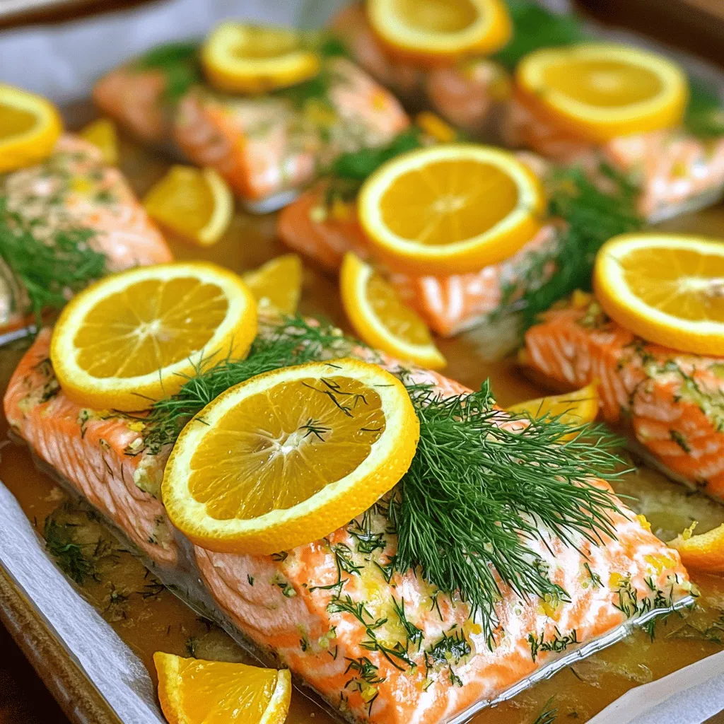 - 4 salmon fillets (6 oz each) - 1 lemon, zested and juiced - 1 orange, zested and juiced - 1 tablespoon fresh dill, chopped - 1 tablespoon fresh parsley, chopped Fresh ingredients make this dish bright and tasty. Salmon fillets are the star, rich in omega-3 fatty acids. Using fresh citrus fruits like lemon and orange adds a zesty punch. The zest gives a strong flavor, while the juice keeps the fish moist. Fresh herbs like dill and parsley enhance the dish with earthy notes. - 2 tablespoons olive oil - 3 cloves garlic, minced - 1 teaspoon salt - ½ teaspoon black pepper - ½ teaspoon red pepper flakes (optional) Pantry staples bring warmth and depth. Olive oil helps the fish cook evenly and adds flavor. Garlic gives a strong aroma that fills your kitchen. Salt and black pepper are essential for seasoning. Red pepper flakes add a kick, but use them if you like some heat. - Lemon slices - Additional fresh herbs Garnishing gives your dish a nice finish. Lemon slices add color and a tangy touch. Extra fresh herbs can brighten the plate and enhance the aroma. For the full recipe, check out the steps to create this delicious meal. - Preheat your oven to 400°F (200°C). - Line a baking sheet with parchment paper. This helps with easy cleanup. - In a small bowl, combine: - 2 tablespoons olive oil - Zest and juice from 1 lemon - Zest and juice from 1 orange - 3 cloves minced garlic - 1 tablespoon chopped fresh dill - 1 tablespoon chopped fresh parsley - 1 teaspoon salt - ½ teaspoon black pepper - ½ teaspoon red pepper flakes (optional) Whisk these ingredients together until well mixed. The citrus adds bright flavor, while the herbs bring freshness. - Place 4 salmon fillets skin-side down on the baking sheet. - Brush the citrus herb mixture generously over each fillet. - Let the salmon marinate for 10-15 minutes. This time helps the fish soak up all the great flavors. - Bake the salmon in the preheated oven for 12-15 minutes. Check the salmon for flakiness with a fork. It should flake easily when done. This process makes your salmon moist and tasty, perfect for any meal. For the full recipe, refer to the earlier section. When picking salmon, freshness matters most. Look for bright, shiny skin. The flesh should be moist and firm. It should have a clean, ocean-like smell. Avoid fish with dull skin or a strong odor. Sustainable sourcing is key, too. Check for eco-friendly labels. Wild-caught salmon often tastes better and is healthier. Ask your fishmonger about the best options. Baking time depends on the thickness of the fillets. Thinner pieces cook faster, around 12 minutes. Thicker pieces need 15 minutes or more. Always check for doneness. To test, use a fork to see if it flakes easily. If it does, it’s ready to eat. If not, give it a few more minutes. You can add more spices or herbs to the marinade for extra flavor. Try adding a pinch of smoked paprika or a dash of cumin. For flavor variations, consider using lime instead of lemon or grapefruit instead of orange. You can even mix in fresh basil or cilantro for a different twist. For the full recipe, check out the earlier sections. Enjoy your cooking adventure! {{image_2}} You can add more color and flavor to your dish. Asparagus and bell peppers pair well with salmon. Simply toss them in the same citrus herb marinade before baking. This adds a nice crunch and a pop of color to your plate. To roast the vegetables right, spread them on the baking sheet alongside the salmon. Cut them into similar sizes to ensure even cooking. Keep an eye on them, as they may cook quicker than the salmon. Experimenting with different citrus fruits is fun! Try using lime or grapefruit for a new twist. Each fruit brings its unique taste, helping you find your favorite. You can also mix and match fresh herbs. Basil or cilantro can replace dill or parsley. This gives your salmon a fresh taste while keeping it vibrant and exciting. If you follow a gluten-free diet, this recipe is already safe. All the ingredients are gluten-free, so enjoy it without worries. For low-carb options, skip the red pepper flakes. You can also serve the salmon with a side salad instead of grains. This keeps your meal light and healthy while still being filling. To store leftover salmon, first let it cool to room temperature. Then, place it in an airtight container. You can keep it in the fridge for up to three days. Make sure your fridge is at or below 40°F (4°C). This keeps your salmon safe and fresh. When reheating salmon, the oven is best. Preheat it to 300°F (150°C). Cover the salmon with foil to keep it moist. Heat for about 10 minutes or until warm. The microwave works, but it can dry out the fish. If you use the microwave, heat in short bursts, checking often. This helps keep flavor and texture intact. To freeze baked salmon, wrap each piece tightly in plastic wrap. Then, place it in a freezer bag. Remove as much air as possible. You can freeze it for up to three months. When you're ready to eat, thaw it in the fridge overnight. This method helps preserve taste and quality. Yes, you can use frozen salmon. Just make sure to thaw it first. Thaw the salmon in the fridge overnight or under cold water. This helps keep the texture nice. After thawing, you can follow the recipe just like fresh salmon. The salmon is done when it flakes easily with a fork. You can also check the inside. It should be opaque and look light pink. A food thermometer should read 145°F (63°C) when it is safe to eat. You can serve many sides with this dish. Here are some tasty options: - Steamed asparagus - Garlic mashed potatoes - Quinoa salad - Roasted vegetables - Fresh green salad These pair well and make a balanced meal. Yes, marinating overnight works great! Just keep it in the fridge. The flavors will soak in more. But be careful not to marinate too long, as it may change the texture. 4-6 hours is usually a good time for best flavor. If you don’t have fresh herbs, you can use dried herbs instead. Use less than fresh herbs, about one-third of the amount. For example, if the recipe calls for one tablespoon of fresh dill, use one teaspoon of dried dill. You can also skip herbs if you prefer. The citrus flavors will still shine through. For the full recipe, check the earlier sections! This guide gives you all the tools for a delicious citrus herb salmon bake. You learned about fresh ingredients, pantry staples, and garnishing ideas to elevate your dish. I shared simple steps to prepare, marinate, and bake salmon perfectly. Remember the tips for selecting fresh salmon and making it your own with flavor variations. Whether you choose to store it or serve it fresh, you now have a tasty and healthy recipe to enjoy. Dive into this dish and impress your family with your cooking skills!