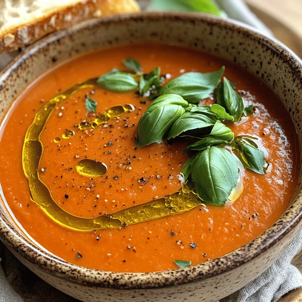 - Olive oil and aromatics - Start with 2 tablespoons of olive oil. This oil gives the soup a rich flavor. I add a medium onion, chopped finely. This builds a strong base. Don’t forget 3 minced garlic cloves for that wonderful aroma! - Tomatoes and broth - Use 2 cans of crushed tomatoes, about 14 oz each. These tomatoes bring sweetness and depth. Add 1 cup of vegetable broth for a warm and hearty texture. A teaspoon of sugar helps balance the acidity. - Cream and herbs - For creaminess, add ½ cup of heavy cream (or use coconut cream for a vegan option). Freshness comes from 1 cup of chopped basil leaves. This herb brightens the soup! - Vegan alternative options - To keep it vegan, stick with coconut cream. You can also use vegetable broth instead of regular broth. This keeps the flavors bold while being plant-based. - Garnishes and sides - Consider garnishing with extra basil leaves. A drizzle of olive oil adds a nice touch. Serve with crusty bread for dipping. It makes the meal complete! - Cooking utensils and pot - Grab a large pot for cooking. A wooden spoon helps mix the ingredients well. You’ll also need a chopping board and knife for prepping your veggies. - Blender or immersion blender - To blend the soup, you can use a regular blender. An immersion blender works well too. This tool gives you smooth soup in just a few minutes! Start by heating 2 tablespoons of olive oil in a large pot over medium heat. Once hot, add 1 medium onion, chopped. Sauté it for about 4-5 minutes. You want the onion to soften and turn translucent. Next, stir in 3 minced garlic cloves. Cook for another 1-2 minutes until it smells really good. Now, it’s time to add flavor. Pour in 2 cans of crushed tomatoes, 1 cup of vegetable broth, and 1 teaspoon of sugar. Then, sprinkle in 1 teaspoon of dried oregano, along with salt and pepper to taste. Stir this mix well. Bring it to a simmer and let it cook uncovered for about 20 minutes. This slow cook helps the flavors blend together nicely. After your soup has simmered, take it off the heat. Use an immersion blender to puree the soup until it’s smooth. If you don’t have one, you can carefully transfer it to a regular blender in batches. Once smooth, return the pot to low heat. Stir in ½ cup of heavy cream and 1 cup of chopped fresh basil. Add 1 tablespoon of balsamic vinegar for a nice touch. Heat this through for 5 more minutes. Be sure to taste it and adjust the seasoning as needed. When you’re ready to serve, ladle the soup into warm bowls. For a special touch, garnish with extra fresh basil leaves and a drizzle of olive oil on top. This makes the soup look nice and inviting. I love to pair it with crusty bread on the side. It’s perfect for dipping! For more details, check out the Full Recipe, which includes everything you need to create this creamy tomato basil bliss. To make your creamy tomato basil soup just right, focus on the texture first. Blend the soup until it is smooth and creamy. If you prefer a bit of chunkiness, blend only half. This gives a nice contrast in texture. For flavor, use fresh herbs whenever you can. Fresh basil adds a bright note that dried herbs can't match. You can also add a pinch of red pepper flakes for a little heat. A dash of balsamic vinegar at the end brightens the flavors too. One mistake is overcooking the soup. Cooking it too long can dull the flavors. Aim for about 20 minutes after adding the tomatoes and broth. Another mistake is not balancing the acidity. Tomatoes are acidic, so add a teaspoon of sugar to help balance it out. This small step makes a big difference in the taste. For leftovers, cool the soup quickly. Put it in a shallow container to speed up cooling. Once cool, cover it tightly and store it in the fridge. It will last for about three to four days. When you reheat, do it gently on the stove over low heat. Stir often to keep it from sticking. If it’s too thick, add a splash of broth or water to bring it back to life. Enjoy your creamy tomato basil soup again with these easy tips! {{image_2}} You can tweak creamy tomato basil soup in many fun ways. Adding a pinch of red pepper flakes gives the soup a nice heat. If you like a bit of spice, try this simple addition. You can also use a slow cooker or an Instant Pot. These methods save time and keep the soup warm for longer. Just follow the same steps, but adjust the cooking times. If you need a gluten-free option, you are in luck! This soup is naturally gluten-free since it does not use flour. For those who want a dairy-free or vegan version, switch heavy cream with coconut cream. This keeps the soup rich and creamy while fitting your diet. You can also add more fresh herbs to enhance the flavor without dairy. Take your creamy tomato basil soup on a global journey. Adding herbs like cilantro or cumin gives it an Indian flair. You can also use basil and thyme for a French twist. Each herb changes the taste, making it fun to explore. Try different spices to find your favorite version. Each region has unique tastes. Enjoy making this soup with your own creative spin! For the full recipe, visit the recipe section. Can I make this soup ahead of time? Yes, you can make this soup ahead of time. After cooking, let it cool. Store it in an airtight container in the fridge. It can last for about three days. When you are ready to eat, just reheat it on the stove or in the microwave. How do I thicken tomato soup? To thicken tomato soup, you can add a few options. One way is to blend in some cooked potatoes. Another method is to add a bit more heavy cream. If you want a quick fix, use cornstarch mixed with water. Stir this mix in while cooking to thicken it up. Calories and nutritional breakdown per serving Each serving of creamy tomato basil soup is about 300 calories. It offers a good balance of fat, carbohydrates, and protein. The heavy cream adds richness but also calories. If you use coconut cream, it can be dairy-free while keeping the calories similar. Health benefits of tomatoes and basil Tomatoes are packed with vitamins. They help boost heart health and lower bad cholesterol. Basil is not just tasty; it has anti-inflammatory properties too. Together, they create a dish that supports good health. What to serve with creamy tomato soup? Creamy tomato soup pairs well with many sides. A classic choice is grilled cheese sandwiches. The crunch and meltiness balance the soup's creaminess. You can also serve it with crusty bread or a fresh salad for a light meal. Recommended wine or drink pairings For drinks, a light white wine, like Pinot Grigio, works great. If you prefer non-alcoholic options, try sparkling water with lemon. This adds a refreshing twist and complements the flavors nicely. For the complete cooking directions, check out the Full Recipe. To make creamy tomato basil soup, follow these steps: 1. Heat Olive Oil: In a large pot, pour in 2 tablespoons of olive oil. Heat it over medium heat. 2. Sauté Onion: Add 1 medium chopped onion. Cook it for 4-5 minutes until it is soft and clear. 3. Add Garlic: Stir in 3 minced garlic cloves. Cook for 1-2 minutes until you smell the garlic. 4. Combine Ingredients: Add 2 cans (14 oz each) of crushed tomatoes, 1 cup of vegetable broth, 1 teaspoon of sugar, and 1 teaspoon of dried oregano. Season with salt and pepper. Stir it all together. 5. Simmer the Mixture: Bring the soup to a simmer. Let it cook uncovered for 20 minutes. This helps the flavors mix well. 6. Blend the Soup: After 20 minutes, take the pot off the heat. Use an immersion blender to puree the soup until smooth. If you don't have one, carefully use a regular blender in batches. 7. Return to Heat: Put the pot back on low heat. Now stir in ½ cup of heavy cream, 1 cup of chopped fresh basil, and 1 tablespoon of balsamic vinegar. Heat it for 5 more minutes. Taste it and add more seasoning if needed. 8. Serve the Soup: Remove the pot from heat. Let it cool a little before serving. Serving Suggestions: Serve the soup in warm bowls. You can add more fresh basil leaves on top. A drizzle of olive oil adds a nice touch. Pair it with crusty bread for dipping. This creamy tomato basil soup is rich and full of flavor! Enjoy every spoonful! In this post, we explored making creamy tomato basil soup. We covered essential ingredients, step-by-step instructions, and helpful tips. Remember, you can adjust the recipe to suit your taste. Don’t forget to add fun variations like spices or dietary options. Cooking this soup can be simple and rewarding. Enjoy crafting your perfect bowl. Your culinary adventures start now!
