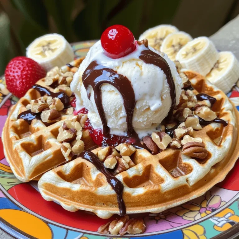 To make these delightful banana split waffles, you need the following main ingredients: - 2 ripe bananas, mashed - 1 cup all-purpose flour - 1 tablespoon sugar - 1 tablespoon baking powder - 1/2 teaspoon salt - 1 cup milk - 1 large egg - 2 tablespoons vegetable oil - 1 teaspoon vanilla extract These ingredients create a fluffy base that holds the flavors well. The ripe bananas add natural sweetness and moisture. Using fresh ingredients ensures the best taste and texture. The fun part of banana split waffles is the toppings. Here are some great options: - Chocolate syrup - Strawberry jam - Whipped cream - Chopped nuts - Maraschino cherries Feel free to mix and match toppings to suit your taste. Each topping adds a different flavor, and you can create your own signature waffle. Banana split waffles are great with a variety of sides. Here are some suggestions: - Fresh fruit like strawberries or blueberries - A scoop of vanilla or chocolate ice cream - A side of crispy bacon for a sweet and salty combo Pairing these waffles with different sides can elevate your breakfast experience. Enjoy these combinations and discover your favorite! For the complete recipe, check the Full Recipe. Start by gathering all your ingredients. You will need ripe bananas, flour, sugar, baking powder, salt, milk, an egg, vegetable oil, and vanilla extract. First, mash the bananas in a large bowl. Use a fork for this task. Next, add the milk, egg, vegetable oil, and vanilla extract. Mix until everything is smooth and well combined. In another bowl, whisk together the flour, sugar, baking powder, and salt. Gradually add this dry mix to the banana mixture. Stir gently until just combined. It’s okay to have some lumps. Preheat your waffle iron according to the instructions. This step is key for crispy waffles. Once hot, lightly grease the iron with cooking spray or oil. Pour about 1/2 cup of batter onto the center of the iron. Close the lid and cook until golden brown. The time will depend on your waffle maker. Carefully remove the waffles once cooked. Repeat this step until all the batter is used. Now it’s time to make your waffles look amazing! Place one waffle on a plate. Add a generous scoop of ice cream on top. Drizzle chocolate syrup and strawberry jam over the ice cream for a sweet touch. Next, add a dollop of whipped cream. Sprinkle chopped nuts on top for some crunch. Finally, finish with a maraschino cherry. This will make your banana split waffles shine! For the full recipe, refer to the earlier section. Enjoy your delightful breakfast! For the best waffles, keep an eye on your batter. Mix it just enough to combine. If you overmix, the waffles can turn out tough. A few lumps are perfectly fine. The secret to fluffy waffles lies in the air pockets. Letting the batter rest for a few minutes helps too. This can make your waffles lighter and more tender. Many people make the mistake of not preheating the waffle iron. Always wait until it is hot before pouring in the batter. Also, don’t use too much batter. About 1/2 cup works well for most irons. If you pour in too much, the waffle can overflow. Lastly, avoid opening the waffle iron too soon. This can cause your waffle to fall apart. Wait until it is golden brown for the best result. Banana split waffles are fun to serve! You can make them a party treat. Offer various toppings, so everyone can customize their own. Set out bowls of whipped cream, chocolate syrup, and sliced bananas. You can even add sprinkles for a festive touch. For a fresh twist, serve with berries or a scoop of yogurt. To impress guests, stack two waffles and create a waffle tower. They will love the look and taste! You can check the Full Recipe for more ideas. {{image_2}} You can change things up by adding more fruit. Try strawberries, blueberries, or peaches. Just chop them up and mix them in. You can also use frozen fruit if fresh is not available. Each fruit brings a new flavor. This keeps your breakfast fun! If you want a lighter version, swap out some ingredients. Use whole wheat flour instead of all-purpose flour. You can also reduce the sugar. Try using honey or maple syrup for sweetness. For a boost of nutrition, add chia seeds or flax seeds to the batter. These changes help you enjoy a healthier treat without losing flavor. Want to make this recipe vegan? Simple! Replace the egg with a flax egg. Mix one tablespoon of ground flaxseed with three tablespoons of water, then let it sit until it thickens. For milk, use almond, oat, or coconut milk. You can also swap the ice cream for a dairy-free version. This way, everyone can enjoy banana split waffles! For the full recipe, check out the guidelines above. To keep your leftover waffles fresh, stack them in an airtight container. Place a piece of parchment paper between each waffle. This step prevents them from sticking together. Store the container in the fridge. They will stay good for about three days. When you’re ready to eat the waffles again, you can reheat them in a few ways. The best method is to use a toaster. This helps them get crispy again. You can also use an oven. Preheat it to 350°F (175°C) and warm the waffles for about 5-10 minutes. Microwaving is quick, but it may make them soft. If you do use the microwave, heat for only 20-30 seconds. If you want to save waffles for later, freezing is a great option. Let the waffles cool completely first. Then, wrap each one in plastic wrap. Place the wrapped waffles in a freezer bag. They can last up to three months in the freezer. When you're ready to enjoy them, thaw in the fridge overnight before reheating. This way, you can have delicious banana split waffles anytime! For the full recipe, check out the main section. A banana split waffle is a fun twist on the classic dessert. It combines a warm waffle with the flavors of a banana split. You start with a fluffy waffle base, then add fresh bananas, ice cream, and toppings. It creates a sweet and delicious breakfast treat. Yes, you can make banana split waffles ahead of time. Cook the waffles and let them cool. Then, store them in an airtight container in the fridge. When ready to eat, just reheat them in a toaster or oven. This saves time and makes breakfast easy! The best toppings for banana split waffles include: - Chocolate syrup - Strawberry jam - Whipped cream - Chopped nuts - Maraschino cherries These toppings add flavor and fun. You can mix and match to create your favorite combo! You can find banana split waffles at some breakfast spots and brunch cafes. Many places offer unique waffle dishes. Check local menus or ask your favorite diner. You might discover a new favorite place to enjoy this tasty treat! For the full recipe, you can check the [Full Recipe]. In this post, we explored how to make banana split waffles. We covered main ingredients, optional toppings, and tasty pairings. You learned the steps for preparing, cooking, and assembling these delicious waffles. We shared tips for perfect texture and common mistakes to avoid. Banana split waffles offer fun chances for creativity. Use various fruits, toppings, and methods to make it your own. Now, enjoy making and sharing this tasty treat!
