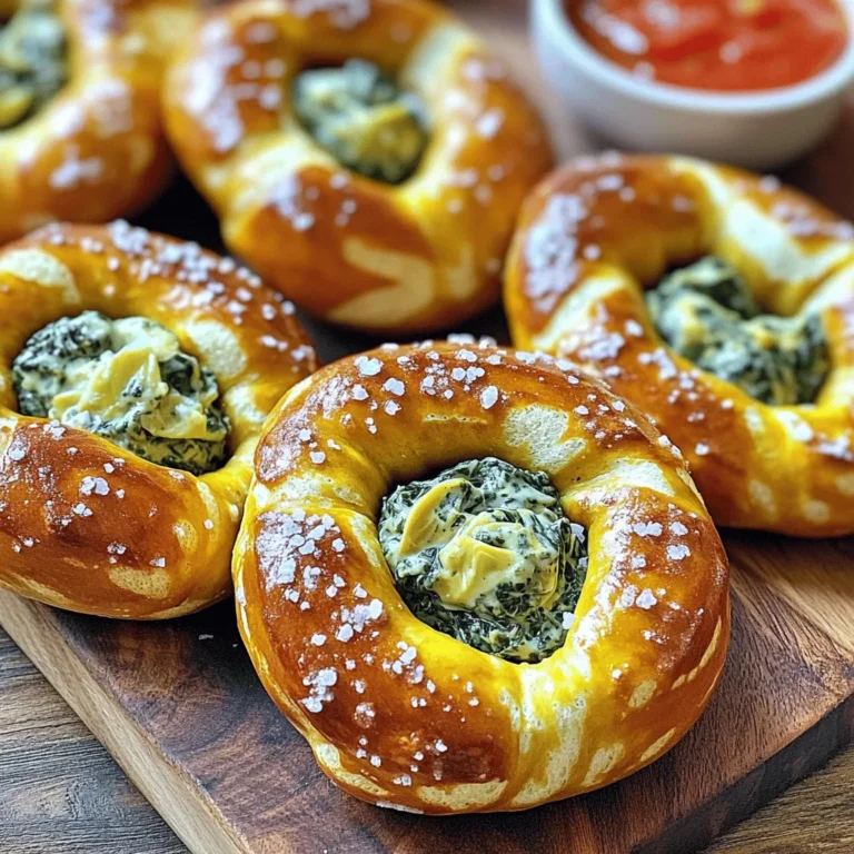 - 2 cups all-purpose flour - 2 teaspoons active dry yeast - 1 cup warm water (110°F) - 1 tablespoon olive oil - 1 teaspoon salt - 1 teaspoon sugar - 1 cup fresh spinach, chopped - 1 cup artichoke hearts, drained and chopped - 1 cup cream cheese, softened - 1/2 cup grated Parmesan cheese - 1/2 teaspoon garlic powder - 1/4 teaspoon black pepper - 1/4 teaspoon red pepper flakes (optional) - Coarse sea salt for sprinkling You can swap all-purpose flour for whole wheat flour if you like. This adds more fiber and flavor. If you want a lighter filling, use ricotta cheese instead of cream cheese. You can also try canned artichokes if fresh ones are hard to find. Use dried herbs if you don't have fresh ones. - Mixing bowls: You’ll need a few different sizes for mixing dough and filling. - A rolling pin: This helps shape the pretzel dough easily. - A slotted spoon: Use it to remove pretzels from boiling water. - Parchment paper: Line your baking sheet for easy cleanup. - Kitchen towel: Cover the dough while it rises to keep it warm. You can find the full recipe in the cooking section for step-by-step instructions. 1. Start by mixing warm water, sugar, and yeast in a bowl. Let it sit for 5 minutes until bubbly. 2. In another bowl, mix flour and salt. Make a well in the center and add the yeast mix and olive oil. Stir until a dough forms. 3. Knead the dough on a floured surface for 5-7 minutes until smooth. Place it in a greased bowl, cover, and let it rise for 1 hour. 4. While the dough rises, prepare the filling. In a large bowl, mix chopped spinach, artichokes, cream cheese, Parmesan, garlic powder, black pepper, and red pepper flakes. 5. Preheat your oven to 425°F (220°C). Line a baking sheet with parchment paper. 6. Once the dough rises, punch it down and divide it into 8 equal pieces. Roll each piece into a 12-inch rope. 7. Flatten each rope slightly. Spoon filling into the center, fold the dough over, and pinch the edges to seal. 8. Twist the ends together and shape it into a pretzel form. 9. Boil water in a large pot. Drop each pretzel into the boiling water for 30 seconds. Use a slotted spoon to remove them and place on the prepared sheet. 10. Sprinkle the pretzels with coarse sea salt. 11. Bake for 12-15 minutes until golden brown. 12. Let them cool slightly before serving. - Prep Time: 30 minutes - Rising Time: 1 hour - Baking Time: 12-15 minutes - Oven Temperature: 425°F (220°C) - Consider taking step-by-step photos of the dough rising and the filling preparation. - Capture the pretzels twisting and boiling for a clear visual on how to shape them. - A final image of the golden-brown pretzels, served warm, adds a delicious touch. For the complete recipe, check the Full Recipe section above. To get the best dough, use warm water. Make sure it feels like a warm bath, not hot! This helps the yeast wake up. Knead the dough well for about 5-7 minutes. A smooth dough means a great pretzel. Let it rise until it doubles in size. A warm spot works best. For a creamy filling, use softened cream cheese. This makes mixing easy. Combine it with fresh spinach and artichokes for flavor. The garlic powder adds a nice touch. If you like heat, add red pepper flakes. Mix everything until smooth. A thick filling holds well inside the dough. These pretzels shine when served warm. Pair them with marinara sauce or a creamy dip. You can use ranch or a cheese dip too. For a fun touch, serve on a wooden board. This makes for a great presentation. Enjoy with friends or family for a perfect snack! For more details, check the Full Recipe. {{image_2}} You can switch up the filling in your stuffed pretzels. Here are some ideas: - Cheese lovers: Try adding mozzarella or feta cheese for a different taste. - Meat lovers: Add cooked bacon or ham to the spinach and artichoke mix. - Veggie twist: Use roasted red peppers or sun-dried tomatoes for extra flavor. - Herb mix: Fresh herbs like dill or basil can brighten the filling. Making gluten-free or vegan versions is easy. - For gluten-free dough, use a gluten-free flour blend. Add xanthan gum if needed. - For a vegan filling, swap cream cheese for cashew cream or a vegan cheese alternative. - Use a plant-based butter in the dough to keep it vegan-friendly. Seasoning changes everything. Here are some great ideas: - Spicy kick: Add cayenne pepper or jalapeños to the filling. - Savory depth: Mix in onion powder or smoked paprika for a richer taste. - Fresh zest: A squeeze of lemon juice can brighten the flavors. - Herb blend: Italian seasoning or a dash of curry powder can add unique notes. With these variations, you can create Spinach Artichoke Stuffed Pretzels that suit your taste. You can find the full recipe above for the perfect base to start your culinary journey! To keep your spinach artichoke stuffed pretzels fresh, let them cool first. Once cool, store them in an airtight container. This helps keep their soft texture. They stay tasty for about 3 days in the fridge. If you want to enjoy them later, consider freezing instead. When you’re ready to eat leftovers, reheating is key. Preheat your oven to 350°F (175°C). Place the pretzels on a baking sheet. Bake for about 10 minutes. This warms them and keeps them soft. You can also use a microwave, but they might get soggy. Heat them for 20-30 seconds. If you want to freeze your pretzels, wrap each one tightly in plastic wrap. Then, place them in a freezer bag. They can last up to 3 months in the freezer. To enjoy, take them out and let them thaw in the fridge overnight. After thawing, follow the reheating tips to bring back their warmth and flavor. Check out the Full Recipe for more details on making these delicious treats! To make the dough rise faster, you can place it in a warm spot. A sunny kitchen works great. You can also warm your oven to about 200°F, turn it off, and let the dough rise inside. The gentle heat helps the yeast work quickly. Yes, you can use frozen spinach. Just make sure to thaw and drain it well. This way, you avoid excess water in the filling. Squeeze out any moisture before mixing it with the other ingredients. Stuffed pretzels pair well with many dips. I love serving them with marinara sauce. A creamy ranch or a tangy garlic dip also works well. For a spicy kick, try a jalapeño cheese dip. Stuffed pretzels last about three to four days in the fridge. Make sure to store them in an airtight container. This keeps them fresh and prevents them from drying out. Yes, you can make the filling ahead of time. Prepare it a day before and store it in the fridge. Just let it come to room temperature before using it in the pretzels. This makes the prep easier on the day you bake. For the full recipe, check out the Spinach Artichoke Stuffed Pretzels section. You learned how to make Spinach Artichoke Stuffed Pretzels with easy steps. I shared ingredient swaps and tools that help. You'll get tips for perfect dough and a creamy filling. Plus, we discussed fun variations and how to store your snacks. Remember, these stuffed pretzels are tasty and versatile. Enjoy experimenting with what you have on hand. With a little practice, you can impress your friends and family with this amazing treat. Now, go ahead and get cooking!