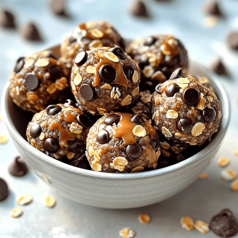 To make No-Bake Chocolate Chip Energy Bites, you need these items: - 1 cup rolled oats - ½ cup natural peanut butter - ¼ cup honey or maple syrup - ½ cup mini chocolate chips - ¼ cup ground flaxseed - 1 tsp vanilla extract - A pinch of sea salt These ingredients work together to create a tasty and healthy snack. The rolled oats provide fiber and energy. Natural peanut butter gives protein and good fats. Honey or maple syrup adds sweetness, while mini chocolate chips bring joy. Ground flaxseed adds omega-3s and boosts nutrition. Vanilla extract and sea salt enhance the flavors. You can make your energy bites even better with these optional add-ins: - Chopped nuts - Dried fruits - Coconut flakes Chopped nuts add crunch and extra nutrients. Dried fruits bring a burst of flavor and natural sweetness. Coconut flakes provide a tropical twist. Feel free to mix and match these add-ins for your own unique bites. These energy bites offer great health benefits: - Health advantages of oats: Oats are full of fiber. They help with digestion and keep you full longer. They also lower cholesterol and control blood sugar levels. - Benefits of peanut butter: Peanut butter is rich in protein and healthy fats. It helps build muscle and provides energy for your day. It also contains vitamins and minerals. - Importance of flaxseed: Flaxseed is a tiny powerhouse of nutrients. It offers omega-3 fatty acids, which are good for your heart. It also provides fiber, helping you feel full and satisfied. These ingredients not only taste good but also nourish your body. Enjoy making them and feel good about what you eat! For the full recipe and instructions, check out the [Full Recipe]. Mixing the dry ingredients Start by taking a large mixing bowl. Add 1 cup of rolled oats, ¼ cup of ground flaxseed, and a pinch of sea salt. Stir these dry ingredients well. This step gives your energy bites a solid base. Combining wet ingredients In a separate bowl, mix ½ cup of natural peanut butter, ¼ cup of honey or maple syrup, and 1 teaspoon of vanilla extract. Stir the mixture until it is smooth and creamy. This will add sweetness and flavor to your bites. Mixing everything together Now, pour the wet mixture into the bowl with the dry ingredients. Use a spatula or wooden spoon to stir everything together. Make sure it’s well combined. Then, fold in ½ cup of mini chocolate chips. This gives your bites a delightful chocolatey taste. Forming bite-size balls Once your mixture is ready, scoop out small portions. Aim for about 1 inch in diameter for each ball. You can use your hands to roll them into perfect circles. This is where the fun begins! Best methods for rolling If the mixture sticks to your hands, dampen them slightly with water. This makes rolling easier. If you prefer, you can use a small cookie scoop for uniform bites. It’s a quick way to get them all the same size. Refrigeration time Place the rolled energy bites on a parchment-lined baking sheet or plate. Put them in the fridge for at least 30 minutes. This helps them firm up and hold their shape. Serving suggestions After chilling, you can serve your energy bites in a small bowl or on a cute plate. For an extra touch, sprinkle some mini chocolate chips around them. Enjoy these tasty bites as a healthy snack, and feel free to experiment with different add-ins! For the full recipe, refer to the section above. How to add protein powder You can boost your energy bites by adding protein powder. Start with one scoop of your favorite protein powder. Mix it in with the dry ingredients. This will help you get more protein in your snack. Modifying sweetness levels Sweetness is key to making these bites tasty. If you like things sweeter, add more honey or maple syrup. You can also use stevia or agave. Just be careful not to add too much, or it may change the texture. Ensuring proper consistency The mix should be sticky but not too wet. If it feels too dry, add a bit of peanut butter or honey. If it’s too wet, add more oats or ground flaxseed. This helps keep the bites from falling apart. Not over-mixing or under-mixing Mixing is important, but don’t overdo it. If you mix too much, the oats can break down. Just mix until all ingredients are combined. You want to see the oats and chocolate chips throughout the mix. Best containers for storage Use an airtight container to store your energy bites. Glass or plastic containers work well. You can also use a zip-lock bag for easy storage and access. Tips for maintaining freshness Keep your energy bites in the fridge to keep them fresh longer. They can last up to a week. If you want to save them for later, put them in the freezer. Just remember to thaw them before eating. {{image_2}} You can change the flavor of your energy bites easily. Here are two fun ideas: - Chocolate Almond Energy Bites: Swap out the peanut butter for almond butter. Add 1/4 cup of finely chopped almonds to boost the nutty taste. This mix gives you a rich flavor that is hard to resist. - Coconut Lime Energy Bites: Use 1/4 cup of shredded coconut instead of chocolate chips. Add a teaspoon of lime zest for a refreshing twist. This version is bright and tropical, perfect for summer. If you have dietary needs, you can still enjoy these bites. Here’s how to make them fit: - Vegan-friendly substitutions: Use maple syrup instead of honey. Choose a nut butter that is free from animal products. This way, everyone can enjoy them! - Gluten-free version adjustments: Ensure your oats are certified gluten-free. This small change allows those with gluten sensitivities to join in the fun without worry. Change up your energy bites based on the seasons. Here are some ideas: - Fall-inspired pumpkin spice bites: Add 1/4 cup of pure pumpkin and 1/2 teaspoon of pumpkin pie spice. These bites will warm you up as the weather cools. - Summer berry-infused bites: Mix in 1/4 cup of dried berries like cranberries or blueberries. This adds a burst of fruity flavor that brightens your snack time. For the full recipe, check out the [Full Recipe]. Store your no-bake chocolate chip energy bites in the refrigerator. Place them in a sealed container. This keeps them fresh and tasty. They will last well for up to one week. If you want to enjoy them longer, make sure to check the container every few days. For long-term storage, freezing is a great option. You can freeze energy bites for up to three months. To freeze, place the bites on a baking sheet. Make sure they are not touching. Freeze them for about two hours. Then, transfer them to a freezer-safe bag. When you want to eat them, simply take out a few. Let them thaw in the fridge overnight or at room temperature for about 30 minutes. Watch for signs of spoilage. If the bites smell off or look dry, it’s time to toss them. To rejuvenate older energy bites, you can roll them in a bit of honey or nut butter. This adds moisture and flavor. Enjoy your energy bites fresh and tasty! For the full recipe, check out the link. No-bake chocolate chip energy bites last about one week in the fridge. Store them in an airtight container. If you freeze them, they can last up to three months. Just make sure to separate the bites with parchment paper. This keeps them from sticking together. Thaw them in the fridge when you want to enjoy them again. Yes, you can use different nut butters. Almond butter, cashew butter, or sunflower seed butter work well. Each nut butter adds its unique flavor. Just ensure the nut butter is smooth for easy mixing. If you have nut allergies, try sunflower seed butter. It’s a great alternative and still tasty. Absolutely! These energy bites are great for kids. They are packed with nutrients. Oats give them fiber, while peanut butter adds protein. The chocolate chips make them fun and tasty. These bites are a healthier snack option compared to candy. They can help keep kids full and satisfied between meals. You learned how to make tasty no-bake chocolate chip energy bites. We covered key ingredients like oats, peanut butter, and flaxseed, which pack a nutritious punch. You also discovered tips for shaping, storing, and varying the recipe. Remember, you can mix in other fun flavors or swap ingredients for dietary needs. These bites are easy to make and perfect for quick snacks. Enjoy experimenting with your own ideas!