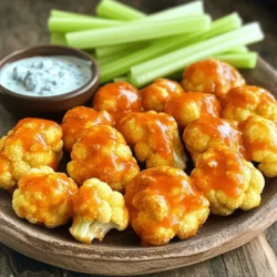 - 1 medium head of cauliflower, cut into bite-sized florets - 1 cup all-purpose flour - 1 cup water - 1 cup buffalo sauce (such as Frank's RedHot) The star of this dish is the cauliflower. It has a great texture when cooked. I love using fresh cauliflower for its crisp bite. Next, we need all-purpose flour. This helps create a nice batter. The buffalo sauce gives our bites that famous spicy kick. - 1 teaspoon garlic powder - 1 teaspoon onion powder - 1 teaspoon smoked paprika - 1/2 teaspoon salt - 1/2 teaspoon black pepper Adding seasonings is key to making these bites flavorful. Garlic powder and onion powder add depth. Smoked paprika gives a warm, smoky flavor. Don't forget salt and black pepper. These simple spices really enhance the taste. - Fresh celery sticks - Blue cheese or ranch dressing for serving (optional) When serving, I like to add celery sticks on the side. They give a fresh crunch that balances the heat. A small bowl of blue cheese or ranch dressing works well too. It cools down the spice and adds creaminess. For the full recipe, check the detailed instructions. First, preheat your oven to 450°F (230°C). This high heat helps make the bites crispy. Next, line a baking sheet with parchment paper. This keeps the bites from sticking and makes cleanup easy. Now, let's make the batter. In a large mixing bowl, whisk together these ingredients: - 1 cup all-purpose flour - 1 cup water - 1 teaspoon garlic powder - 1 teaspoon onion powder - 1 teaspoon smoked paprika - 1/2 teaspoon salt - 1/2 teaspoon black pepper Mix until smooth. The batter should be thick enough to coat the cauliflower well. After making the batter, cut your cauliflower into bite-sized florets. Dip each floret into the batter. Make sure all sides are coated. Place the coated florets on the prepared baking sheet in a single layer. Bake them for 20 minutes. Check for a golden brown color. This is when they start to get crispy. While the cauliflower bakes, mix your buffalo sauce. In a bowl, combine: - 1 cup buffalo sauce - 2 tablespoons melted butter Once the cauliflower bites are done, take them out of the oven. Drizzle the buffalo sauce mixture over the bites. Toss them gently to coat each piece evenly. Return the coated bites to the oven. Bake for another 10 to 15 minutes. This final bake helps caramelize the sauce and adds extra crispness. When they are ready, let them cool slightly. Serve your savory buffalo cauliflower bites with fresh celery sticks and a side of blue cheese or ranch dressing. Enjoy! For the full recipe, check out the earlier section. To get that perfect crunch, coat each floret well. Make sure the batter hugs every edge. A thin layer works best. Also, space the cauliflower bites on the baking sheet. If they touch, they will steam instead of crisp. Use parchment paper to help with sticking. This method ensures that hot air can circulate around each piece. Spice it up to match your taste. You can add more garlic powder or even a dash of cayenne. If you want a milder version, reduce the buffalo sauce. You can also try different sauces. BBQ sauce or teriyaki can give a fun twist. Mix and match to find your favorite flavor. Serving is part of the fun! Use a colorful platter for your bites. I love to add fresh celery sticks for crunch. You can pair them with blue cheese or ranch dressing. These dips add a nice touch. Arrange everything neatly, and watch your guests smile. It makes the meal feel special and inviting. For the complete recipe, check out the Full Recipe section above. {{image_2}} If you like heat, try adding extra hot sauce. You can mix it into the batter or drizzle it on top. This gives a nice kick. You can also experiment with different pepper sauces. Each sauce brings its unique flavor. For example, try a chipotle sauce for a smoky taste. To make these bites gluten-free, swap out all-purpose flour. Almond flour works well and keeps the bites light. You can also use gluten-free flour blends. These options still give you that crispy texture. Just make sure to check your flour for any hidden gluten. For a vegan twist, use plant-based butter instead of regular butter. This keeps the flavor rich while being dairy-free. When it comes to dressing, look for non-dairy options. Many brands offer delicious vegan ranch or blue cheese dressings. They pair perfectly with the bites and add creaminess. For the full recipe, check out the detailed instructions above. Enjoy experimenting with these variations! Store leftover buffalo cauliflower bites in an airtight container. Glass or plastic containers work well. Keep them in the fridge for up to three days. Make sure they cool down before sealing to avoid steam. To reheat and keep them crispy, use an oven or air fryer. Preheat your oven to 375°F (190°C). Place the bites on a baking sheet and heat for about 10 minutes. If using an air fryer, set it to 350°F (175°C) and cook for 5-7 minutes. Avoid using a microwave, as it makes them soggy. To freeze buffalo cauliflower bites, let them cool fully. Arrange them in a single layer on a baking sheet and freeze for about an hour. Once frozen, transfer them to a freezer bag. They can last up to three months. To thaw, place them in the fridge overnight and reheat as instructed above. For the full recipe, check the earlier section. Buffalo Cauliflower Bites last about 3 to 4 days in the fridge. Store them in an airtight container for the best results. This keeps them fresh and prevents them from getting soggy. To maintain their crispiness, let them cool completely before sealing. If you want to enjoy them later, make sure to use parchment paper between layers, if stacking. You can make Buffalo Cauliflower Bites ahead of time. Prepare them and store in the fridge for up to a day before baking. This is great for meal prep. Just coat the cauliflower in the batter and keep it in the fridge. When you're ready, bake them as usual. If you bake them first, store them in an airtight container. Reheat them in the oven to bring back their crispiness. Buffalo Cauliflower Bites pair well with fresh celery sticks. They add a nice crunch and coolness. You can also serve them with blue cheese or ranch dressing. These dips complement the spicy flavor. Other options include carrot sticks or cucumber slices. For a full appetizer spread, consider adding chips or guacamole. Buffalo Cauliflower Bites are a tasty and fun snack. We covered the key ingredients, from cauliflower to tasty sauces. I shared step-by-step instructions and tips for the perfect crunch. You can even try different flavors and storage options. Make these bites your own with unique twists. Enjoy them with celery and dipping sauces. Remember, cooking should be exciting and easy. Try it out and enjoy delicious bites anytime!