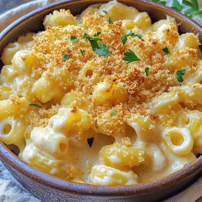 - 8 ounces elbow macaroni - 4 tablespoons unsalted butter - 1/4 cup all-purpose flour - 4 cups whole milk - 2 cups shredded sharp cheddar cheese - 1 cup shredded mozzarella cheese - 1 teaspoon mustard powder - 1/2 teaspoon garlic powder - 1/2 teaspoon onion powder - Salt and black pepper to taste - 1 cup breadcrumbs (for topping) - 1/4 cup grated Parmesan cheese (for topping) Choosing the right type of cheese: Use sharp cheddar for rich flavor. Mixing in mozzarella makes the dish creamy. You can also try Gruyère for a nutty taste. Importance of using whole milk: Whole milk adds creaminess. It makes the sauce thick and smooth. Skim milk will not give the same texture. How to season the pasta water: Always add salt to the boiling water. This step flavors the pasta as it cooks. It enhances the overall taste of the mac and cheese. For a detailed look at the recipe, check out the Full Recipe. To cook elbow macaroni correctly, start with a large pot. Fill it with water and add salt. The water should taste like the sea. This salting helps flavor the pasta. Bring the water to a rolling boil before adding the macaroni. Cook it according to the package instructions until it's al dente, which means it should still have a slight bite. Drain the pasta and set it aside, but don’t rinse it. Rinsing removes the starch that helps the sauce stick. To create a roux, melt the butter in the same pot over medium heat. Once it’s melted, add the flour. Stir it constantly for about two minutes. This cooks the flour and gives your sauce a nice base. Next, slowly add the whole milk while whisking. This helps avoid lumps. Keep whisking for about five to seven minutes. When the sauce thickens and coats the back of a spoon, it’s ready. Remove the pot from heat and stir in the sharp cheddar and mozzarella. Mix until the cheese is melted and smooth. Then add mustard powder, garlic powder, onion powder, salt, and pepper. Now it’s time to assemble your dish. Fold the cooked macaroni into the cheese sauce. Make sure every piece of pasta is coated. Transfer this mix into a greased 9x13-inch baking dish. For the topping, combine breadcrumbs and grated Parmesan cheese in a bowl. Sprinkle this evenly over the mac and cheese. Bake it in the preheated oven for 25 to 30 minutes. You want the top to be golden brown and bubbly. Let it cool for about five minutes before serving. This helps set the dish and makes it easier to serve. For the full recipe, check the earlier section. Adding spice can change the whole taste. Try these: - Paprika: It adds a nice smoky flavor. - Cayenne pepper: For a little heat, use sparingly. - Nutmeg: Just a pinch can bring warmth to the dish. You can also boost flavor by adding protein or veggies: - Cooked bacon: It gives a tasty crunch. - Diced tomatoes: They add freshness and color. - Spinach: It brings nutrition and a nice green touch. Two big mistakes can ruin your dish. - Overcooking the pasta: Cook it just until al dente. It will keep cooking in the oven. - Skipping the resting time: Let it sit for 5 minutes before serving. This helps it set and makes serving easier. Serving matters! Here are ways to make your dish shine: - Use individual bowls: This makes it feel special. - Garnish with parsley: A sprinkle adds color and freshness. - Drizzle extra cheese sauce: It looks great and tastes even better. These tips will make your Classic Baked Mac and Cheese look and taste amazing! If you're ready to create this dish, check the Full Recipe for all the details. {{image_2}} You can switch up the cheese in your mac and cheese for new flavors. Try gouda for a smoky taste. Monterey Jack adds a creamier texture. If you want a kick, use pepper jack cheese. For a lighter dish, swap elbow macaroni with whole wheat or chickpea pasta. These options are healthier and still delicious. Make a gluten-free version by using gluten-free pasta and flour. Many brands offer great gluten-free options that taste just as good. For a vegan alternative, use plant-based milk, like almond or oat milk. You can replace cheese with nutritional yeast for a cheesy flavor without dairy. There are also vegan cheese options available now. Add unique spices to create a fusion dish. A dash of curry powder gives a warm, spicy kick. You can also mix in some taco seasoning for a fun twist. Try regional variations, like adding crab for a coastal flair or jalapeños for a Tex-Mex kick. These ideas bring new life to your classic baked mac and cheese recipe. For a full recipe, check out the full recipe section. To keep your mac and cheese fresh, store leftovers in an airtight container. This helps keep moisture in and prevents it from drying out. Place the container in the fridge. It will last for about three to five days. When you reheat mac and cheese, add a splash of milk. This helps restore creaminess. Heat it in the microwave in short bursts. Stir it every 30 seconds to keep it smooth. You can also reheat it on the stove, adding a bit of milk as you go. If you want to save your baked mac and cheese for later, freezing is a great option. Let the dish cool completely before you freeze it. You can use a freezer-safe container or wrap it tightly in plastic wrap and then foil. This helps keep out air and prevents freezer burn. To thaw, place the mac and cheese in the fridge overnight. This gentle method ensures it thaws evenly. When you are ready to reheat, add a bit of milk to the dish. This will help bring back that creamy texture. Reheat it in the oven at 350°F (175°C) until it's hot throughout. Enjoy your creamy comfort dish whenever you crave it! For the full recipe, check out the full recipe section. Classic Baked Mac and Cheese lasts for about three to five days in the fridge. Make sure to store it in an airtight container. This helps keep it fresh and tasty. If you want the best flavor, eat it within three days. Yes, you can make this dish ahead of time. Prepare the mac and cheese, but do not bake it yet. Cover it well and store it in the fridge. When you're ready to serve, bake it straight from the fridge. You may need to add a few extra minutes to the baking time. Baked Mac and Cheese pairs well with many dishes. Try serving it with a fresh salad for crunch. Grilled chicken adds protein and flavor. You can also add steamed broccoli for a healthy touch. Barbecue ribs make a fun, hearty pairing too. If your mac and cheese turns out dry, don't worry! You can fix it easily. Add a splash of milk to the dish. Stir well until it feels creamy again. You can also bake it with more cheese on top for extra moisture and flavor. In this post, we explored how to make classic baked mac and cheese. We discussed the key ingredients, tips for cooking, and ways to enhance flavor. It's essential to pick the right cheese and season well. Following proper steps when cooking and layering helps create the best dish. Remember to store leftovers correctly to keep them fresh. You can also try fun variations to suit your taste. With these tips and tricks, you’ll create a tasty meal that everyone loves. Now, it’s time to get cooking!