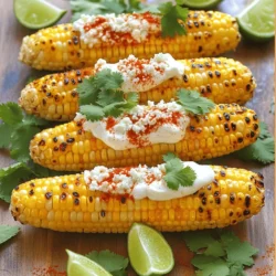 To make Mexican street corn, also known as elote, you will need: - 4 ears of corn, husked - 1/2 cup mayonnaise - 1/4 cup sour cream - 1 cup crumbled Cotija cheese - 1 teaspoon chili powder - 1 teaspoon smoked paprika - 1 tablespoon lime juice - Fresh cilantro leaves, for garnish - Lime wedges, for serving - Salt and pepper to taste Choose fresh corn with bright green husks. The kernels should feel firm and plump. If you can, get sweet corn for the best flavor. Use real Cotija cheese for that authentic taste. Make sure your mayonnaise and sour cream are fresh to keep the sauce creamy. When measuring spices, a little can go a long way. Adjust them to match your taste. If you can’t find Cotija cheese, use feta cheese instead. It has a similar salty flavor. You can swap mayonnaise for Greek yogurt for a lighter option. If you want a kick, add hot sauce to the sauce mix. For a dairy-free option, use vegan mayo and dairy-free cheese. Lime juice can also be replaced with lemon juice if needed. Start by husking the corn. Remove the green outer layers and silk. Rinse each ear under cool water to clean it. This step helps get rid of any dirt. Pat the corn dry with a towel. Now, it is ready for the grill. Preheat your grill to medium-high heat. Place the ears of corn directly on the grill. Cook them for about 10-12 minutes. Turn them every few minutes. You want nice char marks, which add flavor. When they are tender, they are ready to come off the grill. While the corn cooks, mix the sauce. In a bowl, combine mayonnaise, sour cream, lime juice, chili powder, and smoked paprika. Stir until smooth. When the corn cools for a few minutes, brush each ear with the sauce. Make sure to cover all sides. Next, sprinkle crumbled Cotija cheese over the corn. This cheese sticks well to the sauce. Add salt and pepper to taste. Finish with fresh cilantro leaves and serve with lime wedges. Enjoy the burst of flavors! Check out the Full Recipe for more details. To get that nice char on your corn, start with a hot grill. Preheat it to medium-high heat. Place the corn directly on the grill. Turn the ears every few minutes. This helps them cook evenly and get those lovely grill marks. Aim for about 10 to 12 minutes of grilling time. You'll know it's done when the kernels are tender and have a nice golden color. For the best flavor, use fresh corn. It tastes sweeter and has more crunch. The sauce is key too. Mix mayonnaise, sour cream, lime juice, chili powder, and smoked paprika. This blend offers a great balance of creaminess and spice. After grilling, brush the sauce over the corn while it’s hot. The heat helps the sauce stick better and enhances the flavors. Don’t forget to sprinkle a good amount of Cotija cheese on top. It adds a wonderful salty kick. Presentation makes a big difference. Serve the corn on a wooden board or in a basket. This adds a fun, rustic touch. Garnish with fresh cilantro leaves for a pop of color. Offer lime wedges on the side. A squeeze of lime just before eating brightens the flavors even more. You can also sprinkle extra chili powder for a spicy touch. This makes your Mexican street corn not only tasty but also visually appealing. For the full recipe, check out Mexican Street Corn Delight. {{image_2}} When it comes to elote, you can stick to the classic toppings. These add great flavor. Here are my go-to choices: - Cotija cheese: This crumbly cheese gives a salty kick. - Chili powder: It brings a nice heat and depth. - Fresh lime juice: This adds bright, zesty notes. - Cilantro leaves: They give a fresh, herbal taste. Mix and match these toppings to get that authentic street corn vibe. Let’s get adventurous! You can add unique flavors to elevate your elote. Here are some fun ideas: - Avocado crema: Blend ripe avocado with lime juice and sour cream for a creamy twist. - Hot sauce: Drizzle your favorite hot sauce for an extra spicy kick. - Garlic powder: A sprinkle of garlic powder can add a nice depth. - Pico de gallo: Fresh salsa gives a fresh crunch and burst of flavor. Feel free to experiment with these additions to make your elote stand out. You can grill, boil, or even bake your corn for elote. Each method gives a unique taste. - Grilling: This is the most common method. It gives that smoky flavor and charred bits. - Boiling: This is quicker and keeps the corn juicy. Just boil for 5-7 minutes, then add your toppings. - Baking: Wrap the corn in foil and bake at 400°F for about 30 minutes. This keeps it tender. Choose the method that fits your time and taste. Each one can lead to a delicious outcome! For a full recipe, check out the Mexican Street Corn Delight. To keep leftover Mexican street corn fresh, wrap it in plastic wrap or foil. Place it in an airtight container. This method helps keep moisture in. Store it in the fridge for up to three days. If you want to save it longer, you can freeze it. Just slice the corn off the cob and place it in a freezer bag. It can last for about three months in the freezer. Reheating elote is easy. You can use the microwave or grill. For the microwave, place the corn on a plate. Heat it for about 30 seconds to one minute. Check to see if it's warm. If not, heat for a bit longer. For the grill, preheat it to medium. Grill the corn for a few minutes, turning it until warm. This keeps the flavors intact and gives it a nice char. To keep your fresh ingredients like corn and cilantro, store them properly. For corn, keep it in the fridge, husked and unwashed. Wrap it loosely in a damp paper towel. Store cilantro in a glass of water, like a bouquet. Cover the leaves with a plastic bag. This helps them stay fresh for about a week. Use these tips to enjoy your Mexican street corn at its best. For the full recipe, check the detailed instructions above. Elote has roots in ancient Mexico. People have enjoyed this dish for hundreds of years. Corn is a key crop in Mexican culture. It symbolizes life and sustenance. Street vendors made elote popular in cities. They grill corn and add toppings for flavor. You find elote in markets and fairs. Each bite captures the spirit of Mexico. Yes, you can make elote vegan! Swap the mayonnaise and sour cream for plant-based versions. Use cashew cream or avocado for creaminess. Replace Cotija cheese with vegan cheese or nutritional yeast. The spices and lime juice add great flavor. You will still enjoy the classic taste of elote. Serve elote with tacos for a great meal. Pair it with grilled meats or veggies, too. A fresh salad adds a nice crunch. For a light option, serve with guacamole and chips. You can even enjoy elote with rice and beans. These sides enhance the flavors of your elote. In this post, we explored how to make perfect Elote, the classic Mexican street corn. We covered key ingredients, tips for grilling, and creative variations. You now have a solid plan to prep, grill, and serve this tasty dish. Remember, fresh ingredients make a huge difference, and don’t shy away from trying new toppings. Enjoy making Elote, and let your creativity shine as you serve it. With these tips, your experience will surely impress everyone at the table.