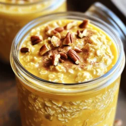To make pumpkin pie overnight oats, you need a few key items. Here is what you will need: - 1 cup rolled oats - ½ cup pumpkin puree (unsweetened) - 1 cup almond milk (or any milk of choice) - 1 tablespoon maple syrup (or to taste) - 1 teaspoon pumpkin spice (or a mix of cinnamon, nutmeg, and ginger) - ½ teaspoon vanilla extract - 2 tablespoons chia seeds - Pinch of salt These ingredients blend well to create a creamy, flavorful dish. The rolled oats give a hearty base. Pumpkin puree adds rich flavor and nutrition. Almond milk keeps the oats moist and creamy. The maple syrup adds natural sweetness. Pumpkin spice gives that warm, cozy taste we all love. Toppings can take your oats to the next level. Here are some fun options: - Chopped pecans - Whipped cream - A sprinkle of cinnamon These toppings add crunch and extra flavor. You can mix and match based on your taste. Each ingredient in these oats has unique benefits: - Rolled oats: High in fiber, they help keep you full longer. - Pumpkin puree: Packed with vitamins A and C, it supports your immune system. - Almond milk: Low in calories, it’s a great dairy-free option. - Maple syrup: A natural sweetener, it offers some minerals. - Pumpkin spice: Contains antioxidants and can boost your mood. - Chia seeds: Full of omega-3s, they help with heart health. - Salt: Just a pinch enhances flavor and balances sweetness. These ingredients work together to give you a tasty and nutritious meal. For the full recipe, check out the details above. To start making pumpkin pie overnight oats, gather your ingredients. You will need rolled oats, pumpkin puree, almond milk, maple syrup, pumpkin spice, vanilla extract, chia seeds, and a pinch of salt. First, in a medium bowl, mix the rolled oats and pumpkin puree. Next, add the almond milk and maple syrup. Stir in the pumpkin spice, vanilla extract, chia seeds, and salt. Mix until everything is well combined. This should take just a minute. After mixing, it's time to layer your oats. I recommend using clear jars for this recipe. Clear jars let you see the beautiful colors. Start by adding a layer of your oat mixture to each jar. Make sure to fill them evenly. Then, if you like, add a layer of optional toppings. You can sprinkle some chopped pecans or a dash of cinnamon. This adds flavor and makes it look pretty. Repeat the layers until you fill the jars. Proper soaking is key to creamy oats. Place the jars in the fridge overnight or for at least four hours. This helps the oats soak up the liquid. If your oats seem too thick in the morning, just add a splash of milk. Stir well to make them creamy again. Enjoy your delicious pumpkin pie overnight oats! For the full recipe, refer back to the recipe section. To make the best pumpkin pie overnight oats, start with quality oats. I recommend using rolled oats. They soak up liquid well and give a creamy texture. Mix your ingredients in a bowl until they blend smoothly. This ensures every bite is full of flavor. Use jars or containers that seal tightly to keep the oats fresh. You can adjust sweetness and spice to match your taste. If you like it sweeter, add more maple syrup. Try starting with one tablespoon and add more if needed. For spice, pumpkin spice is great, but you can mix your own. A blend of cinnamon, nutmeg, and ginger works well. Taste your mixture before sealing it to see if you need more. One common mistake is not using enough liquid. The oats need enough liquid to soften and expand. If you find your oats too dry in the morning, just add a splash of milk. Another mistake is skipping the chill time. Letting the oats sit overnight is key for great flavor and texture. If you eat them too soon, they may be too crunchy. {{image_2}} You can swap almond milk for any milk you like. Choices include cow's milk, oat milk, or soy milk. Each milk brings its unique taste. For creaminess, try coconut milk. It adds a rich flavor. You can also use flax milk for a nut-free option. Just remember to keep the same quantity. Maple syrup is great, but it's not the only choice. You can use honey or agave syrup. If you want it sugar-free, try stevia or monk fruit. Each sweetener has a different taste and level of sweetness. Adjust the amount based on your preference. Taste as you mix to find your perfect balance. Get creative with your oats! Add a scoop of protein powder for a boost. You could mix in nut butter for extra richness. Want more spice? Try adding more pumpkin spice or even a dash of cocoa powder. Dried fruits like raisins or cranberries also work well. Don't forget nuts or seeds for crunch! Enjoy the fun of making each batch unique. For the full recipe, check out the original. To keep your pumpkin pie overnight oats fresh, store them in the fridge. Use jars or containers with tight lids. This helps keep them safe from odors and moisture. Make sure to divide the oats into portions. This way, you grab just what you need. Pumpkin pie overnight oats stay fresh for up to five days in the fridge. To enjoy them at their best, eat them within three days. This helps keep the oats from getting too soft. If you find the oats thick in the morning, add a splash of milk. This will make them creamy again. You can freeze pumpkin pie overnight oats if you want to save some for later. Use freezer-safe containers or bags. Just make sure to leave some space for expansion. When ready to eat, thaw them in the fridge overnight. Enjoy them chilled or warm them up for a cozy breakfast. Overnight oats last about 3 to 5 days in the fridge. This makes them great for meal prep. Just store them in sealed jars. Each jar keeps the oats fresh and tasty. If you notice any odd smells or changes in color, it’s best to toss them out. Yes, you can use fresh pumpkin. Just cook and puree it first. Fresh pumpkin adds a bright flavor. It may be a bit more work, but it’s worth it. Make sure to measure the same amount as the canned version. This keeps your recipe balanced. Overnight oats can be gluten-free if you choose the right oats. Look for oats labeled gluten-free. Regular oats may have traces of gluten from processing. Always check the package to be sure. This way, you can enjoy your pumpkin pie oats worry-free. For the full recipe, check out the instructions above! You learned how to make tasty pumpkin pie overnight oats. We covered key ingredients, from oats to spices. I shared ways to layer them for strong flavors and tips to avoid common errors. You can adjust sweetness and try different milk options. Remember to store your oats right for freshness. These oats are simple, healthy, and flexible. You can make them your own with creative add-ins. Enjoy your delicious and nutritious breakfast!