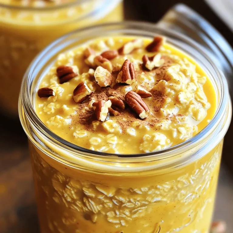 To make pumpkin pie overnight oats, you need a few key items. Here is what you will need: - 1 cup rolled oats - ½ cup pumpkin puree (unsweetened) - 1 cup almond milk (or any milk of choice) - 1 tablespoon maple syrup (or to taste) - 1 teaspoon pumpkin spice (or a mix of cinnamon, nutmeg, and ginger) - ½ teaspoon vanilla extract - 2 tablespoons chia seeds - Pinch of salt These ingredients blend well to create a creamy, flavorful dish. The rolled oats give a hearty base. Pumpkin puree adds rich flavor and nutrition. Almond milk keeps the oats moist and creamy. The maple syrup adds natural sweetness. Pumpkin spice gives that warm, cozy taste we all love. Toppings can take your oats to the next level. Here are some fun options: - Chopped pecans - Whipped cream - A sprinkle of cinnamon These toppings add crunch and extra flavor. You can mix and match based on your taste. Each ingredient in these oats has unique benefits: - Rolled oats: High in fiber, they help keep you full longer. - Pumpkin puree: Packed with vitamins A and C, it supports your immune system. - Almond milk: Low in calories, it’s a great dairy-free option. - Maple syrup: A natural sweetener, it offers some minerals. - Pumpkin spice: Contains antioxidants and can boost your mood. - Chia seeds: Full of omega-3s, they help with heart health. - Salt: Just a pinch enhances flavor and balances sweetness. These ingredients work together to give you a tasty and nutritious meal. For the full recipe, check out the details above. To start making pumpkin pie overnight oats, gather your ingredients. You will need rolled oats, pumpkin puree, almond milk, maple syrup, pumpkin spice, vanilla extract, chia seeds, and a pinch of salt. First, in a medium bowl, mix the rolled oats and pumpkin puree. Next, add the almond milk and maple syrup. Stir in the pumpkin spice, vanilla extract, chia seeds, and salt. Mix until everything is well combined. This should take just a minute. After mixing, it's time to layer your oats. I recommend using clear jars for this recipe. Clear jars let you see the beautiful colors. Start by adding a layer of your oat mixture to each jar. Make sure to fill them evenly. Then, if you like, add a layer of optional toppings. You can sprinkle some chopped pecans or a dash of cinnamon. This adds flavor and makes it look pretty. Repeat the layers until you fill the jars. Proper soaking is key to creamy oats. Place the jars in the fridge overnight or for at least four hours. This helps the oats soak up the liquid. If your oats seem too thick in the morning, just add a splash of milk. Stir well to make them creamy again. Enjoy your delicious pumpkin pie overnight oats! For the full recipe, refer back to the recipe section. To make the best pumpkin pie overnight oats, start with quality oats. I recommend using rolled oats. They soak up liquid well and give a creamy texture. Mix your ingredients in a bowl until they blend smoothly. This ensures every bite is full of flavor. Use jars or containers that seal tightly to keep the oats fresh. You can adjust sweetness and spice to match your taste. If you like it sweeter, add more maple syrup. Try starting with one tablespoon and add more if needed. For spice, pumpkin spice is great, but you can mix your own. A blend of cinnamon, nutmeg, and ginger works well. Taste your mixture before sealing it to see if you need more. One common mistake is not using enough liquid. The oats need enough liquid to soften and expand. If you find your oats too dry in the morning, just add a splash of milk. Another mistake is skipping the chill time. Letting the oats sit overnight is key for great flavor and texture. If you eat them too soon, they may be too crunchy. {{image_2}} You can swap almond milk for any milk you like. Choices include cow's milk, oat milk, or soy milk. Each milk brings its unique taste. For creaminess, try coconut milk. It adds a rich flavor. You can also use flax milk for a nut-free option. Just remember to keep the same quantity. Maple syrup is great, but it's not the only choice. You can use honey or agave syrup. If you want it sugar-free, try stevia or monk fruit. Each sweetener has a different taste and level of sweetness. Adjust the amount based on your preference. Taste as you mix to find your perfect balance. Get creative with your oats! Add a scoop of protein powder for a boost. You could mix in nut butter for extra richness. Want more spice? Try adding more pumpkin spice or even a dash of cocoa powder. Dried fruits like raisins or cranberries also work well. Don't forget nuts or seeds for crunch! Enjoy the fun of making each batch unique. For the full recipe, check out the original. To keep your pumpkin pie overnight oats fresh, store them in the fridge. Use jars or containers with tight lids. This helps keep them safe from odors and moisture. Make sure to divide the oats into portions. This way, you grab just what you need. Pumpkin pie overnight oats stay fresh for up to five days in the fridge. To enjoy them at their best, eat them within three days. This helps keep the oats from getting too soft. If you find the oats thick in the morning, add a splash of milk. This will make them creamy again. You can freeze pumpkin pie overnight oats if you want to save some for later. Use freezer-safe containers or bags. Just make sure to leave some space for expansion. When ready to eat, thaw them in the fridge overnight. Enjoy them chilled or warm them up for a cozy breakfast. Overnight oats last about 3 to 5 days in the fridge. This makes them great for meal prep. Just store them in sealed jars. Each jar keeps the oats fresh and tasty. If you notice any odd smells or changes in color, it’s best to toss them out. Yes, you can use fresh pumpkin. Just cook and puree it first. Fresh pumpkin adds a bright flavor. It may be a bit more work, but it’s worth it. Make sure to measure the same amount as the canned version. This keeps your recipe balanced. Overnight oats can be gluten-free if you choose the right oats. Look for oats labeled gluten-free. Regular oats may have traces of gluten from processing. Always check the package to be sure. This way, you can enjoy your pumpkin pie oats worry-free. For the full recipe, check out the instructions above! You learned how to make tasty pumpkin pie overnight oats. We covered key ingredients, from oats to spices. I shared ways to layer them for strong flavors and tips to avoid common errors. You can adjust sweetness and try different milk options. Remember to store your oats right for freshness. These oats are simple, healthy, and flexible. You can make them your own with creative add-ins. Enjoy your delicious and nutritious breakfast!