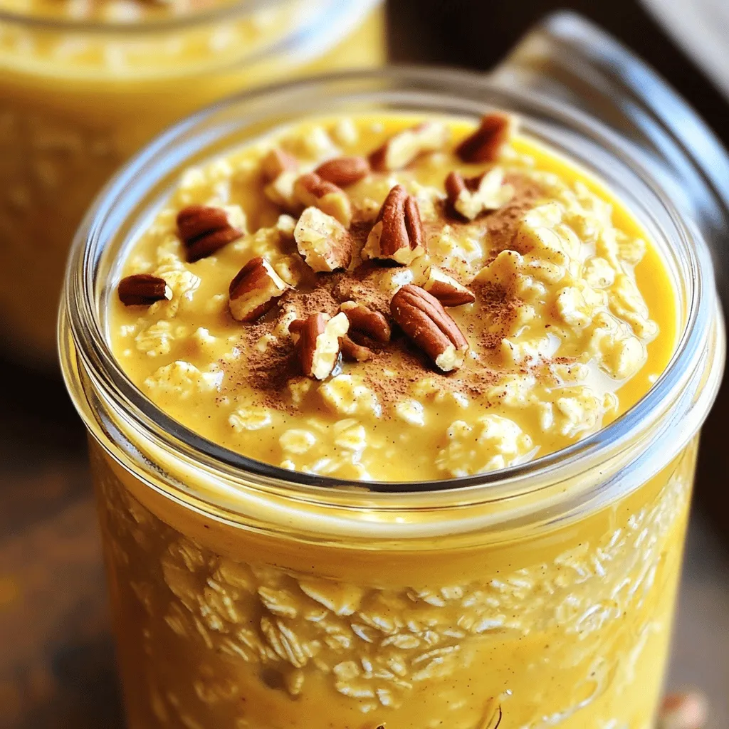 To make pumpkin pie overnight oats, you need a few key items. Here is what you will need: - 1 cup rolled oats - ½ cup pumpkin puree (unsweetened) - 1 cup almond milk (or any milk of choice) - 1 tablespoon maple syrup (or to taste) - 1 teaspoon pumpkin spice (or a mix of cinnamon, nutmeg, and ginger) - ½ teaspoon vanilla extract - 2 tablespoons chia seeds - Pinch of salt These ingredients blend well to create a creamy, flavorful dish. The rolled oats give a hearty base. Pumpkin puree adds rich flavor and nutrition. Almond milk keeps the oats moist and creamy. The maple syrup adds natural sweetness. Pumpkin spice gives that warm, cozy taste we all love. Toppings can take your oats to the next level. Here are some fun options: - Chopped pecans - Whipped cream - A sprinkle of cinnamon These toppings add crunch and extra flavor. You can mix and match based on your taste. Each ingredient in these oats has unique benefits: - Rolled oats: High in fiber, they help keep you full longer. - Pumpkin puree: Packed with vitamins A and C, it supports your immune system. - Almond milk: Low in calories, it’s a great dairy-free option. - Maple syrup: A natural sweetener, it offers some minerals. - Pumpkin spice: Contains antioxidants and can boost your mood. - Chia seeds: Full of omega-3s, they help with heart health. - Salt: Just a pinch enhances flavor and balances sweetness. These ingredients work together to give you a tasty and nutritious meal. For the full recipe, check out the details above. To start making pumpkin pie overnight oats, gather your ingredients. You will need rolled oats, pumpkin puree, almond milk, maple syrup, pumpkin spice, vanilla extract, chia seeds, and a pinch of salt. First, in a medium bowl, mix the rolled oats and pumpkin puree. Next, add the almond milk and maple syrup. Stir in the pumpkin spice, vanilla extract, chia seeds, and salt. Mix until everything is well combined. This should take just a minute. After mixing, it's time to layer your oats. I recommend using clear jars for this recipe. Clear jars let you see the beautiful colors. Start by adding a layer of your oat mixture to each jar. Make sure to fill them evenly. Then, if you like, add a layer of optional toppings. You can sprinkle some chopped pecans or a dash of cinnamon. This adds flavor and makes it look pretty. Repeat the layers until you fill the jars. Proper soaking is key to creamy oats. Place the jars in the fridge overnight or for at least four hours. This helps the oats soak up the liquid. If your oats seem too thick in the morning, just add a splash of milk. Stir well to make them creamy again. Enjoy your delicious pumpkin pie overnight oats! For the full recipe, refer back to the recipe section. To make the best pumpkin pie overnight oats, start with quality oats. I recommend using rolled oats. They soak up liquid well and give a creamy texture. Mix your ingredients in a bowl until they blend smoothly. This ensures every bite is full of flavor. Use jars or containers that seal tightly to keep the oats fresh. You can adjust sweetness and spice to match your taste. If you like it sweeter, add more maple syrup. Try starting with one tablespoon and add more if needed. For spice, pumpkin spice is great, but you can mix your own. A blend of cinnamon, nutmeg, and ginger works well. Taste your mixture before sealing it to see if you need more. One common mistake is not using enough liquid. The oats need enough liquid to soften and expand. If you find your oats too dry in the morning, just add a splash of milk. Another mistake is skipping the chill time. Letting the oats sit overnight is key for great flavor and texture. If you eat them too soon, they may be too crunchy. {{image_2}} You can swap almond milk for any milk you like. Choices include cow's milk, oat milk, or soy milk. Each milk brings its unique taste. For creaminess, try coconut milk. It adds a rich flavor. You can also use flax milk for a nut-free option. Just remember to keep the same quantity. Maple syrup is great, but it's not the only choice. You can use honey or agave syrup. If you want it sugar-free, try stevia or monk fruit. Each sweetener has a different taste and level of sweetness. Adjust the amount based on your preference. Taste as you mix to find your perfect balance. Get creative with your oats! Add a scoop of protein powder for a boost. You could mix in nut butter for extra richness. Want more spice? Try adding more pumpkin spice or even a dash of cocoa powder. Dried fruits like raisins or cranberries also work well. Don't forget nuts or seeds for crunch! Enjoy the fun of making each batch unique. For the full recipe, check out the original. To keep your pumpkin pie overnight oats fresh, store them in the fridge. Use jars or containers with tight lids. This helps keep them safe from odors and moisture. Make sure to divide the oats into portions. This way, you grab just what you need. Pumpkin pie overnight oats stay fresh for up to five days in the fridge. To enjoy them at their best, eat them within three days. This helps keep the oats from getting too soft. If you find the oats thick in the morning, add a splash of milk. This will make them creamy again. You can freeze pumpkin pie overnight oats if you want to save some for later. Use freezer-safe containers or bags. Just make sure to leave some space for expansion. When ready to eat, thaw them in the fridge overnight. Enjoy them chilled or warm them up for a cozy breakfast. Overnight oats last about 3 to 5 days in the fridge. This makes them great for meal prep. Just store them in sealed jars. Each jar keeps the oats fresh and tasty. If you notice any odd smells or changes in color, it’s best to toss them out. Yes, you can use fresh pumpkin. Just cook and puree it first. Fresh pumpkin adds a bright flavor. It may be a bit more work, but it’s worth it. Make sure to measure the same amount as the canned version. This keeps your recipe balanced. Overnight oats can be gluten-free if you choose the right oats. Look for oats labeled gluten-free. Regular oats may have traces of gluten from processing. Always check the package to be sure. This way, you can enjoy your pumpkin pie oats worry-free. For the full recipe, check out the instructions above! You learned how to make tasty pumpkin pie overnight oats. We covered key ingredients, from oats to spices. I shared ways to layer them for strong flavors and tips to avoid common errors. You can adjust sweetness and try different milk options. Remember to store your oats right for freshness. These oats are simple, healthy, and flexible. You can make them your own with creative add-ins. Enjoy your delicious and nutritious breakfast!