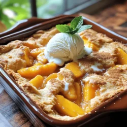 To make a great peach cobbler, use fresh, ripe peaches. You need about four large peaches. Peel and slice them. Fresh peaches give the best taste. They should be juicy and sweet for a perfect dessert. You will also need a few key baking items. Here is the list: - 1 cup granulated sugar, divided - 1 tablespoon lemon juice - 1 teaspoon vanilla extract - 1 cup all-purpose flour - 1 tablespoon baking powder - 1/2 teaspoon salt - 1 cup milk - 1/2 cup unsalted butter, melted - 1 teaspoon ground cinnamon - 1/2 teaspoon nutmeg - 1 cup brown sugar - 1/4 cup water These ingredients create a fluffy batter that pairs well with the peaches. You can add your twist to the recipe. Consider these fun options: - A splash of almond extract for a nutty flavor. - Chopped nuts like pecans or walnuts for crunch. - Fresh herbs like mint for a refreshing hint. - A scoop of ice cream on top for extra creaminess. These extras make your peach cobbler unique and special. For the full recipe, check out the details above! Start by peeling and slicing the peaches. You want about four large, ripe peaches. Place them in a mixing bowl. Add half a cup of granulated sugar, lemon juice, and vanilla extract. Toss the peaches gently to coat them. Let them sit for about ten minutes. This helps the peaches release their juices. The sweet aroma will fill your kitchen! In another bowl, whisk together the flour, baking powder, salt, and the remaining half cup of sugar. Add a teaspoon of ground cinnamon and half a teaspoon of nutmeg for warmth. Mix these dry ingredients well. Gradually stir in one cup of milk until the batter is smooth. Then, pour in half a cup of melted butter and mix again until combined. Your batter should be thick but pourable. Grease a 9x13 inch baking dish. Pour the batter into it and do not stir. Spoon the marinated peaches evenly over the batter. Let the peach juices flow into it. In a small bowl, mix brown sugar with a quarter cup of water. Drizzle this mixture over the peaches. Now, it’s time to bake! Place it in a preheated oven at 375°F (190°C) for 40-45 minutes. Watch for a golden brown top. A toothpick inserted into the batter should come out clean. Let it cool slightly before serving. Enjoy with ice cream or whipped cream for a real treat! Check the Full Recipe for detailed steps. Choose ripe peaches for the best taste. Look for peaches that are slightly soft but not mushy. They should have a sweet scent. Yellow and red colors show good ripeness. If they are green, they are not ready. If you can’t find ripe ones, let them sit at room temperature for a few days. To get the right texture, follow the recipe closely. Pour the batter into the dish first. Do not mix in the peaches. This helps the batter rise well. The top should be golden and crisp, while the fruit stays juicy. A good cobbler has a soft, doughy base with a crunchy top. Serve your peach cobbler warm for the best flavor. Add a scoop of vanilla ice cream on top. The cold ice cream melts into the warm cobbler. This makes each bite creamy and sweet. You can also use whipped cream for a lighter option. For a fresh touch, add a sprig of mint. Enjoy the dish with friends or family to make it even more special. For the complete method, check the Full Recipe. {{image_2}} You can switch out peaches for other fruits. Think about using berries, apples, or pears. Each fruit brings its own flavor and texture. For example, blueberries add a burst of sweetness. Apples give a nice crunch. Just remember to adjust sugar based on the fruit's sweetness. If you want to make a lighter cobbler, swap some ingredients. Use whole wheat flour instead of all-purpose flour. This change adds fiber and nutrients. You can also reduce the sugar by half. Try using honey or maple syrup for a natural sweetener. Unsweetened almond milk can replace regular milk for a dairy-free option. Get creative and add new flavors to your cobbler. A splash of almond extract gives a nutty twist. Adding a pinch of ginger or cardamom brings warmth and spice. You can even mix in some citrus zest for brightness. Don't be afraid to experiment; your taste buds will thank you! For the full recipe, check out the Ultimate Peach Cobbler section above. To keep your peach cobbler fresh, let it cool first. Cover it with plastic wrap or aluminum foil. You can also use an airtight container. Store it in the fridge for up to three days. This way, you can enjoy its sweet goodness later. To reheat, preheat your oven to 350°F (175°C). Place the cobbler in an oven-safe dish. Cover it loosely with foil. Heat for about 15 to 20 minutes, or until warm. You can also use a microwave. Heat in short bursts of 30 seconds until warm. Enjoy it warm for the best taste! You can freeze peach cobbler for later. Let it cool completely, then slice it into portions. Wrap each piece in plastic wrap and place them in a freezer bag. Remove as much air as you can. Label the bag with the date. It will stay good for up to three months. When ready to eat, thaw it in the fridge overnight and reheat as mentioned before. You can tell your peach cobbler is done by its color and texture. It should be golden brown on top. Insert a toothpick into the batter; it should come out clean. If the toothpick has wet batter, it needs more time. Bake for about 40 to 45 minutes at 375°F (190°C). Keep an eye on it towards the end. This will help you catch it right when it’s perfect. Yes, you can use frozen peaches! They are a great option if fresh ones are not available. Just make sure to thaw and drain them first. This step helps remove excess moisture, which can make your cobbler soggy. Toss the thawed peaches with sugar and lemon juice just like you do with fresh peaches. This will ensure they have good flavor. Absolutely! You can easily make this recipe gluten-free. Use a gluten-free flour blend instead of all-purpose flour. Many blends work well in baking. Just check the package for the right measurement. You may also want to add a bit of xanthan gum if your blend doesn’t already include it. This will help give your cobbler the right texture. This blog post covers everything you need for a tasty peach cobbler. You learned about ingredients, from fresh peaches to baking essentials. The step-by-step instructions make baking easy. I shared tips to select ripe peaches and achieve the best texture. You can also explore fun variations and smart storage ideas. In the end, making a peach cobbler is simple and enjoyable. Try it out and share your results!