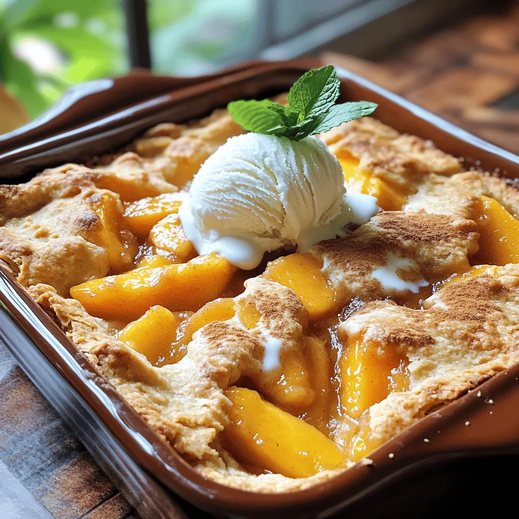 To make a great peach cobbler, use fresh, ripe peaches. You need about four large peaches. Peel and slice them. Fresh peaches give the best taste. They should be juicy and sweet for a perfect dessert. You will also need a few key baking items. Here is the list: - 1 cup granulated sugar, divided - 1 tablespoon lemon juice - 1 teaspoon vanilla extract - 1 cup all-purpose flour - 1 tablespoon baking powder - 1/2 teaspoon salt - 1 cup milk - 1/2 cup unsalted butter, melted - 1 teaspoon ground cinnamon - 1/2 teaspoon nutmeg - 1 cup brown sugar - 1/4 cup water These ingredients create a fluffy batter that pairs well with the peaches. You can add your twist to the recipe. Consider these fun options: - A splash of almond extract for a nutty flavor. - Chopped nuts like pecans or walnuts for crunch. - Fresh herbs like mint for a refreshing hint. - A scoop of ice cream on top for extra creaminess. These extras make your peach cobbler unique and special. For the full recipe, check out the details above! Start by peeling and slicing the peaches. You want about four large, ripe peaches. Place them in a mixing bowl. Add half a cup of granulated sugar, lemon juice, and vanilla extract. Toss the peaches gently to coat them. Let them sit for about ten minutes. This helps the peaches release their juices. The sweet aroma will fill your kitchen! In another bowl, whisk together the flour, baking powder, salt, and the remaining half cup of sugar. Add a teaspoon of ground cinnamon and half a teaspoon of nutmeg for warmth. Mix these dry ingredients well. Gradually stir in one cup of milk until the batter is smooth. Then, pour in half a cup of melted butter and mix again until combined. Your batter should be thick but pourable. Grease a 9x13 inch baking dish. Pour the batter into it and do not stir. Spoon the marinated peaches evenly over the batter. Let the peach juices flow into it. In a small bowl, mix brown sugar with a quarter cup of water. Drizzle this mixture over the peaches. Now, it’s time to bake! Place it in a preheated oven at 375°F (190°C) for 40-45 minutes. Watch for a golden brown top. A toothpick inserted into the batter should come out clean. Let it cool slightly before serving. Enjoy with ice cream or whipped cream for a real treat! Check the Full Recipe for detailed steps. Choose ripe peaches for the best taste. Look for peaches that are slightly soft but not mushy. They should have a sweet scent. Yellow and red colors show good ripeness. If they are green, they are not ready. If you can’t find ripe ones, let them sit at room temperature for a few days. To get the right texture, follow the recipe closely. Pour the batter into the dish first. Do not mix in the peaches. This helps the batter rise well. The top should be golden and crisp, while the fruit stays juicy. A good cobbler has a soft, doughy base with a crunchy top. Serve your peach cobbler warm for the best flavor. Add a scoop of vanilla ice cream on top. The cold ice cream melts into the warm cobbler. This makes each bite creamy and sweet. You can also use whipped cream for a lighter option. For a fresh touch, add a sprig of mint. Enjoy the dish with friends or family to make it even more special. For the complete method, check the Full Recipe. {{image_2}} You can switch out peaches for other fruits. Think about using berries, apples, or pears. Each fruit brings its own flavor and texture. For example, blueberries add a burst of sweetness. Apples give a nice crunch. Just remember to adjust sugar based on the fruit's sweetness. If you want to make a lighter cobbler, swap some ingredients. Use whole wheat flour instead of all-purpose flour. This change adds fiber and nutrients. You can also reduce the sugar by half. Try using honey or maple syrup for a natural sweetener. Unsweetened almond milk can replace regular milk for a dairy-free option. Get creative and add new flavors to your cobbler. A splash of almond extract gives a nutty twist. Adding a pinch of ginger or cardamom brings warmth and spice. You can even mix in some citrus zest for brightness. Don't be afraid to experiment; your taste buds will thank you! For the full recipe, check out the Ultimate Peach Cobbler section above. To keep your peach cobbler fresh, let it cool first. Cover it with plastic wrap or aluminum foil. You can also use an airtight container. Store it in the fridge for up to three days. This way, you can enjoy its sweet goodness later. To reheat, preheat your oven to 350°F (175°C). Place the cobbler in an oven-safe dish. Cover it loosely with foil. Heat for about 15 to 20 minutes, or until warm. You can also use a microwave. Heat in short bursts of 30 seconds until warm. Enjoy it warm for the best taste! You can freeze peach cobbler for later. Let it cool completely, then slice it into portions. Wrap each piece in plastic wrap and place them in a freezer bag. Remove as much air as you can. Label the bag with the date. It will stay good for up to three months. When ready to eat, thaw it in the fridge overnight and reheat as mentioned before. You can tell your peach cobbler is done by its color and texture. It should be golden brown on top. Insert a toothpick into the batter; it should come out clean. If the toothpick has wet batter, it needs more time. Bake for about 40 to 45 minutes at 375°F (190°C). Keep an eye on it towards the end. This will help you catch it right when it’s perfect. Yes, you can use frozen peaches! They are a great option if fresh ones are not available. Just make sure to thaw and drain them first. This step helps remove excess moisture, which can make your cobbler soggy. Toss the thawed peaches with sugar and lemon juice just like you do with fresh peaches. This will ensure they have good flavor. Absolutely! You can easily make this recipe gluten-free. Use a gluten-free flour blend instead of all-purpose flour. Many blends work well in baking. Just check the package for the right measurement. You may also want to add a bit of xanthan gum if your blend doesn’t already include it. This will help give your cobbler the right texture. This blog post covers everything you need for a tasty peach cobbler. You learned about ingredients, from fresh peaches to baking essentials. The step-by-step instructions make baking easy. I shared tips to select ripe peaches and achieve the best texture. You can also explore fun variations and smart storage ideas. In the end, making a peach cobbler is simple and enjoyable. Try it out and share your results!