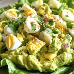 - 4 large hard-boiled eggs - 1 ripe avocado - 2 tablespoons Greek yogurt or mayonnaise - 1 tablespoon Dijon mustard - 1 tablespoon lemon juice - 1/4 cup red onion - 1/4 cup fresh cilantro or dill - Salt and pepper to taste - Pinch of red pepper flakes To make a tasty avocado egg salad, you need some key ingredients. First, hard-boiled eggs add protein and texture. I like using four large eggs for a good mix. Next, choose a ripe avocado. It should be soft but not too mushy. This will give the salad its creamy base. Greek yogurt or mayonnaise brings moisture and flavor. I recommend Greek yogurt for a tangy twist. You’ll need two tablespoons. Dijon mustard adds a nice kick. Just one tablespoon will do the trick. Don’t forget the lemon juice! It brightens the whole dish. One tablespoon is perfect. For optional ingredients, consider adding red onion and fresh herbs. These add crunch and freshness. I suggest a quarter cup of each. Season with salt and pepper to taste. If you like a little heat, a pinch of red pepper flakes works well. For the full recipe, check out the details in the next section. Boiling the eggs Start with a pot of water. Place the eggs inside and turn on the heat. Bring the water to a boil. Once it boils, cover the pot and remove it from the heat. Let the eggs sit for about 12-14 minutes. This method helps cook them just right. Cooling and peeling the eggs After the time is up, carefully move the eggs to an ice bath. Let them cool for a few minutes. Once they are cool, tap each egg gently on the counter. Peel the shells off under running water if needed. Chop the eggs into small pieces for your salad. Mashing the avocado Grab a ripe avocado and cut it in half. Remove the pit and scoop the flesh into a bowl. Use a fork to mash it up. Aim for a creamy but slightly chunky texture. This gives your salad a nice mouthfeel. Combining all ingredients Add the chopped hard-boiled eggs to the mashed avocado. Then, mix in two tablespoons of Greek yogurt or mayonnaise. Next, add one tablespoon of Dijon mustard and one tablespoon of lemon juice. Stir everything until it is well blended. Adding flavorings Now it's time to add some flavor. Fold in 1/4 cup of finely chopped red onion. Also, add 1/4 cup of fresh herbs like cilantro or dill. Season with salt and pepper to taste. If you like some heat, sprinkle in a pinch of red pepper flakes. Mix gently so you don't mash the eggs too much. Chilling the salad For the best taste, chill the salad in the fridge for at least 30 minutes. This waiting time helps the flavors blend together. Presentation tips When you are ready to serve, think about how to make it look nice. Serve your egg salad on a bed of lettuce leaves or in a halved avocado. Add extra herbs or a sprinkle of paprika for color. This makes your dish look even more inviting. For the complete recipe, check out the Full Recipe section. To get the right creaminess, mash the avocado until it's smooth but still chunky. This mix gives a great mouthfeel. If you over-mix, the eggs can turn mushy. Be gentle when you fold in the eggs. Just mix until everything is combined, and you’ll keep those nice egg pieces. Spices can add a kick to your salad. I like to add a pinch of red pepper flakes for heat. If you want more flavor, try adding minced garlic or lemon zest. Both will brighten the dish and give it a fresh taste. You can serve this salad in many fun ways. Spread it on toast for breakfast or lunch. Lettuce wraps are also a great choice for a low-carb option. You can even use it as a filling for sandwiches or wraps. Just think of how colorful and tasty it will look! For the full recipe, check out the details above. {{image_2}} You can change the flavor of your avocado egg salad by using different dressings. Try using Greek yogurt instead of mayonnaise. It adds a nice tang. If you want a richer taste, stick with mayonnaise. You can also mix in vinaigrettes. A dash of balsamic or apple cider vinaigrette can bring a new layer to your salad. If you want a vegan option, swap the eggs for chickpeas. Mash them up just like the avocado. It gives a hearty texture and adds protein, too. You can also add more veggies. Bell peppers or spinach can add freshness and color to your salad. Just chop them fine and mix them in. How you serve your salad matters! Try serving it in avocado halves. This makes for a fun and pretty dish. You can also use a bowl or lettuce leaves. Lettuce wraps make a great, light option for lunch. Just scoop the salad into the leaves and enjoy. To keep avocado egg salad fresh, store it in an airtight container. This helps prevent air from getting in and causing browning. Place a piece of plastic wrap directly on the surface of the salad before sealing the lid. This extra layer can help maintain creaminess. Can you freeze avocado egg salad? No, it’s not a good idea to freeze this salad. The avocado will turn brown and mushy when thawed. Instead, focus on keeping it fresh in the fridge. How to thaw and use? Since freezing isn’t an option, I recommend using any leftovers within a few days. This ensures you enjoy its best taste and texture. I recommend eating avocado egg salad within 3 to 5 days. This timeline keeps your meal safe and tasty. Signs of spoilage include an off odor, discoloration, or a watery texture. If you see any of these signs, it’s best to throw it out. For the full recipe, check the earlier sections. To make hard-boiled eggs perfectly, I start with fresh eggs. I place them in a pot and cover them with water. I bring the water to a boil. Once boiling, I cover the pot and turn off the heat. I let them sit for about 12-14 minutes. After that, I transfer them to an ice bath. This cools them quickly and makes peeling easy. Yes, you can use pre-packaged hard-boiled eggs. They save time and are convenient. Just make sure to check the expiry date. These eggs should be fresh and safe for use. However, I prefer making them at home for better taste. You can add many things to boost nutrition. Try including chopped spinach, kale, or arugula. These greens add vitamins and fiber. You can also add nuts for healthy fats. Chopped celery gives a nice crunch too. Avocado egg salad lasts about 3 days in the fridge. Store it in an airtight container to keep it fresh. If the avocado turns brown, it’s still safe to eat. Just give it a stir to mix in the flavors. Yes, avocado egg salad is low-carb and keto-friendly. Eggs and avocado are both low in carbs. This salad is high in healthy fats, which is great for a keto diet. You can enjoy it without worry! For the full recipe, check out the Creamy Avocado Egg Salad. Avocado egg salad is a tasty mix of eggs and avocado. You learned how to make it and add your favorite flavors. With optional ingredients and variations, you can make it your own. Remember to chill it before serving for the best taste. Store it well to keep it fresh and enjoy it over several days. This dish is easy to adapt, so have fun experimenting with new ideas!
